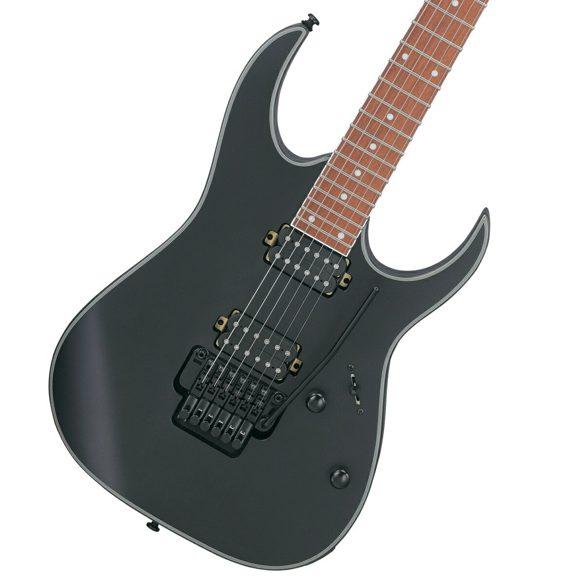 Ibanez ギターの“代名詞”と評されるRG。コスパの良い、Standard RGのダブルロッキング・トレモロ・モデル メイプル材 ネック / Wizard III シェイプ ネックの素材としてはメジャーな、硬質で強度が高いメイプル材を採用。アタックとサスティーンに富み、張りのある”パリッ”とした高音域 サウンドが特徴です。 薄い握り心地と握り易さを追求し、抜群のプレイアビリティを約束する”Wizard III”ネック・シェイプを採用。 ジャトバ材 指板 赤褐色の木肌と木目を持つ硬質な木材で、ふくよかな中音域が特長です。 メランティ材 ボディ 中音域からやや低音域の特性に富んだ、明るくふくよかな音色と甘めのトーンが特徴です。 古くから家具材や建築材料にまで幅広く扱われ、”フィリピン・マホガニー”と称される木材です。 Ibanez オリジナル”Quantum” ピックアップ 音の輪郭が明瞭な低音域とキレのよい高音域が特徴の Ibanez オリジナル”Quantum”ピックアップを搭載。 Edge-Zero II トレモロ・ブリッジ 激しいアーム・プレイを多用しても高いチューニングの安定性を誇るEdge-Zero II トレモロ・ブリッジを搭載。 ユニット本体がピッキングの妨げにならない様にロー・プロファイル設計されていることも大きな特徴です。 “Mono-unit” アウトプット・ジャック 堅牢で破損に強い樹脂製一体型で、プラグ種別での通電差異が少ないです。また、ジャックの緩みによる接触不良や断線を防ぎます。 付属品：ソフトケース、トレモロアーム、調整用レンチ、メーカー保証書 製品仕様 Neck type Wizard III Maple neck Body Meranti body Fretboard Jatoba fretboard w/ White dot inlay Fret Jumbo fret Bridge Edge-Zero II tremolo bridge Neck pickup Quantum &#40;H&#41; neck pickup Bridge pickup Quantum &#40;H&#41; bridge pickup Controls, Pickup Selector 1 Volume, 1 Tone, 5-way lever switch Hardware color Black Strings gauge .009/.011/.016/.024/.032/.042 &#40;D&#39;Addario&#40;R&#41; EXL120&#41;