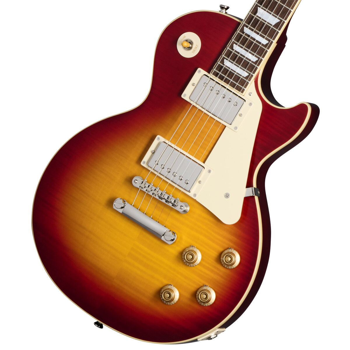 Epiphone Inspired by Gibson Custom Shopから1959 Les Paul Standardがリリース！ EpiphoneとGibson Custom Shopのコラボレーションによって製作されるEpiphone Inspired by Gibson Custom Shopのラインナップが大幅に刷新されました。 既にリリースされている1958 Korina Flying V/Explorer、1963 Firebird I/Vに加えて、 今回Les Paul Standard、SG Custom、ES-355、Les Paul CustomといったGibsonを代表するモデル群が新たにリリースされます。 エピフォンはギブソン・カスタム・ショップとのコラボレーションにより、希少なヴィンテージクラシックを見事に再現した1959 Les Paul Standardをリリースします。 1959 Les Paul Standardは、マホガニーBodyにAAAフレイム・メイプル・ベニアのメイプルTop、1959スタイルを踏襲した丸みを帯びたミディアムCプロファイルの1ピース・マホガニー・ネック、ジョイントはロング・ネック・テノン（ディープジョイント）を採用。 ヘッドストックはGibsonオリジナルの“openbook”ヘッドストック・シェイプが採用され、エイジドMOPロゴ、チューナーやピックガード、バインディングもヴィンテージスタイルが再現されています。 ピックアップにはCustom Shop製品にも採用されているGibson Custombuckerをマウント。 さらに50sワイヤリング、CTSポテンショメーター、Malloryコンデンサー、Switchcraftセレクタースイッチとアウトプットジャック、も採用され、サウンド面においても充実のスペックを誇ります。 ヴィンテージスタイルのInspired by Gibson Customロゴ入りのハードシェル・ケースが付属いたします。 エピフォンとギブソン・カスタム・ショップのコラボレーションは、紛れもなく、親しみやすく、高品質なギターを生み出し続けています。 真正性、ルックス、トーン、フィーリングをさらに高めた新しいEpiphone Inspired by Gibson Custom 1959 Les Paul Standard はたゆまぬ探求における数十年の努力の集大成でもあります。※画像はサンプルです。杢目は1本1本異なります。仕様は予告なく変更される場合がございますので、予めご了承くださいませ。 ■付属品：ハードケース、ユーザー登録カード ※ご購入後、同梱されるユーザー登録カードに必要事項をご記入の上、15日以内にギブソン・ジャパンへご郵送ください。ユーザー登録したご本人様に限り、メーカー規定の故障に対して保証が提供されます。 製品仕様 Shape Les Paul Material Mahogany Top Maple with AAA Flame Maple Veneer Finish VOS Vintage Original Sheen Weight Relief N/A Binding Single Ply, Top and Fretboard Neck One Piece Mahogany Neck Profile 1959 Rounded Medium C Nut width 43mm Fingerboard Laurel Scale length 628.65mm Number of frets 22 Nut Graph Tech Inlay Mother of Pearl Trapezoid Bridge ABR-1 Tailpiece Gibson Historic Reissue Stop Bar Tuners Epiphone Deluxe with Keystone Buttons Plating Nickel Neck pickup Gibson Custombucker Bridge pickup Gibson Custombucker Controls 2 Volume, 2 Tone; CTS Potentiometers and Mallory Capacitors, 50s Wiring Case Brown Hardshell with Pink Interior, Gold Hardware, and Inspired by Gibson Custom Logo