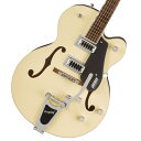 50年代や60年代にインスパイアを受けたElectromatic Classic Hollow Bodyギター新色登場！ Electromatic Classic Hollow Bodyギターは、クラシックな’50年代と’60年代のグレッチギターにインスパイアされたサウンドとスタイリングを現代プレイヤー向けに再構築したモデルです。 グレッチには欠かせないホロウボディサウンド、スタイリング、そしてプレイアビリティを備えたこれらのギターは、音楽的に次のステップを求めるプレイヤーにおすすめのモデルです。 G5420T Electromatic Classic Hollow Body Single-Cut with Bigsbyは、洗練されたアーチ構造と、フィードバックを抑制するトレッスルブロックブレーシングを備えた、ヴィンテージギターにインスパイアされた外観のラミネートメイプルボディを採用していま す。 ボディトップとバックの剛性と接触効率を改善するトレッスルブロックデザインにより、サウンドの明瞭度、歯切れの良さ、そしてサスティンが増強さえれており、より速いアタックが得られます。 またFT-5E Filter’Tronピックアップが、フルボディサウンドのパンチ感、クラシックな煌びやかさ、存在感、明瞭度、音の輪郭をさらに際立たせます。 12インチラジアスのローレル指板を採用した新設計の”C”シェイプメイプルネックは、快適な弾き心地で演奏性とパフォーマンスを向上させます。 コントロール部には、トレブルブリード回路付きマスターボリューム、マスタートーン、各ピックアップのボリュームコントロール、3ポジションピックアップトグルスイッチなど、多彩なアップグレードをフィーチャーしています。 その他、バインディングされたオーバーサイズFホール、マルチプライボディバインディング、小さめの50年代後期G6120バウンドヘッドストック、ヴィンテージスタイルのオープンバックチューニングマシン、Graph Tech NuBoneナット、パーロイドNeo-Classicサムネイルインレイ、固定式Adjusto-Maticブリッジ、Bigsby B60ヴィブラートテイルピースといった特徴を備えています。 付属品：ソフトケース、調整用レンチ、メーカー保証書 ※画像はサンプルです。 製品仕様 Body Material Laminated Maple Body Finish Gloss Neck Maple Classic “C” Neck Finish Gloss Fingerboard Laurel 12” &#40;305 mm&#41; Frets 22 Medium Jumbo Position Inlays Pearloid Neo-Classic Thumbnail &#40;Laurel&#41; Nut &#40;Material/Width&#41; Graph Tech NuBone 1.6875” &#40;42.86 mm&#41; Tuning Machines Vintage-Style Open-Back Scale Length 24.6” &#40;625 mm&#41; Bridge Adjusto-Matic with Secured Laurel Base Pickguard London Grey with White Gretsch & Electromatic Logo &#40;572&#41; Pickups FT-5E Filter’Tron &#40;Bridge&#41; &#40;Middle&#41; FT-5E Filter’Tron &#40;Neck&#41; Pickup Switching 3-Position Toggle Controls Volume 1. &#40;Neck Pickup&#41; Volume 2. &#40;Bridge Pickup&#41; Master Volume with Treble Bleed Master Tone Control Knobs G-Arrow Hardware Finish Nickel Strings Nickel Plated Steel &#40;.011-.049 Gauges&#41; Case/Gig Bag Softcase