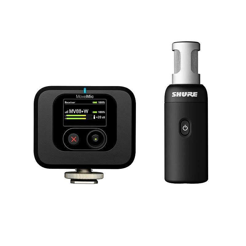 受信機付きのワイヤレス・ステレオ・コンデンサーマイクロホン MoveMic 88+ はクリエイター向けに設計された多機能なワイヤレスマイクロホンです。iOS および Android デバイス用の専用アプリ「MOTIV Video」を使ってプロフェッショナルな音声と動画を収録することができます。フィールドレコーディングから映画制作、さらにはインタビューの収録に至るまで、MoveMic 88+ はあらゆる用途に対応したカスタマイズ可能な DSP を搭載しています。定評のある MV88 および MV88+ マイクロホンをモデルにした MoveMic 88+ は、Shure MOTIV Video または MOTIV Audio アプリを使用すれば、受信機なしで直接スマートフォンに接続できます。また、付属の MoveMic 受信機を使用してカメラ、PC およびサードパーティー製のアプリへ接続が可能です。 特長 ●究極の汎用性を実現する、4 つの選択可能な収音パターン。（調整可能なステレオ、モノカーディオイド、モノ双指向、ミッドサイド） ●5 つのプリセットモード。（スピーチ、歌唱、フラット、アコースティック、バンド） ●付属の MoveMic 受信機を使用してカメラ、PC およびサードパーティー製のアプリへ接続が可能です。 ●Shure MOTIV Video または Audio アプリを使用して、受信機を使わずに iOS または Android のモバイルデバイスに直接接続します。 ●収音パターンやマイクゲイン、コンプレッサー、プリセット、EQ、モニターミックス、L/R チャンネルのスワップ、そして新たに導入されたノイズリダクションなどの DSP 設定を構成およびカスタマイズすることができます。 ●フル充電で最大 8 時間の連続使用。 ●レベル調整可能なヘッドホンモニター出力端子を搭載。 仕様 周波数特性 (-10dB)40Hz 〜 18kHzダイナミックレンジ96.5 dB等価ノイズ（デジタルUSB出力）26dB最大音圧レベル（SPL）122.4dB SPL感度（デジタルUSB出力）-34.5dBFS/Paスマートフォンへのビットレート16ビットMoveMic受信機へのビットレート24ビットサンプリング周波数44.1kHz または 48kHzゲイン調整範囲0 〜 40dB最小負荷インピーダンス - ヘッドホン16Ω最大ヘッドホン出力レベル26.4mW @1% THD最小負荷インピーダンス - カメラ出力2kΩ最大カメラ出力レベル（マイク設定）-26dBV最大カメラ出力レベル（ライン設定）-8.3dBV3.5mmへのレイテンシー（NRなし）17.6ms3.5mmへのレイテンシー（NRあり）19.6msUSBへのレイテンシーデバイス依存範囲見通し線上最大30 m ※スマートフォンへの直接接続は、MOTIV VideoアプリおよびMOTIV Audioアプリの使用時のみ推奨。モバイルサードパーティー製アプリに追加で対応するには、MoveMic 受信機を使用することをおすすめします。 物理仕様 寸法（マイクロホンのみ）28mm x 28mm x 89mm (長さ x 幅 x 高さ)質量（マイクロホンのみ）99g外装亜鉛ダイカスト、黒クロームメッキアンテナ機械加工されたスチールフレームとステンレススチールメッシュ、サテンクロームメッキ 物理仕様（受信機） 寸法 （コールドシューマウントを完全に伸ばした状態）65mm x 67mm x 19mm質量 （ウィンドスクリーン除く）81 g外装ブラック仕上げの熱可塑性PC/ABSアンテナ板金（錫メッキ鋼） 内容 MoveMic 88+ マイクロホン本体 x 1、MoveMic 受信機 x 1、USB-C 充電ケーブル x 2、3.5mm ケーブル x 1、5/8 インチマイクホルダー * x 1、シューマウントマイククリップ x 1、ウィンドスクリーン x 1、ロールバッグ x 1 ※変換ねじは付属しておりません。マイクスタンドに使用する際は、必要に応じて別売りの3/8インチ - 5/8インチ変換ねじをご用意ください。