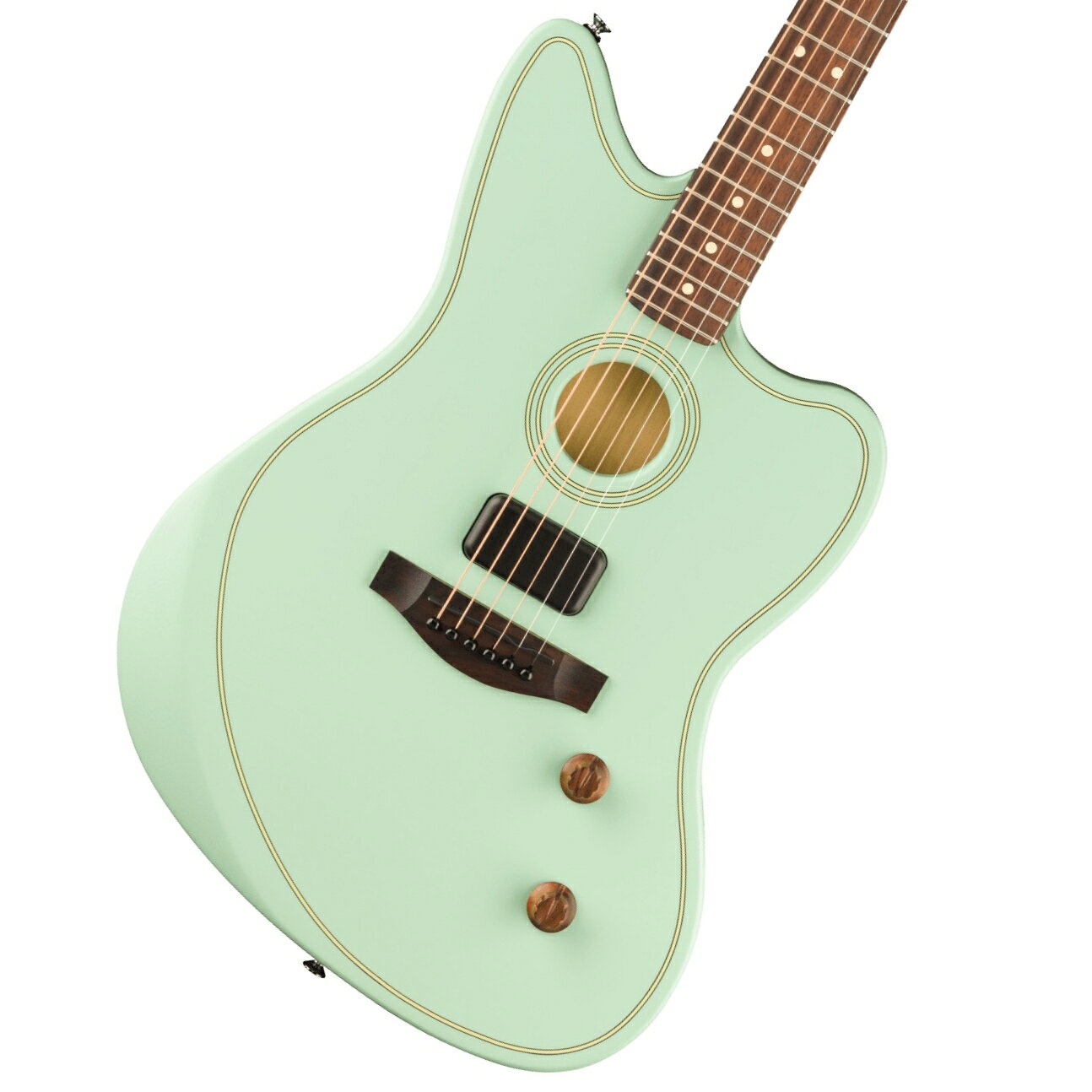 大人気のアコスタソニックスタンダードに限定カラーモデル登場！ Acoustasonic Standard Jazzmasterは、アコースティックとエレクトリックという2つの異なるサウンドキャラクターの多彩なトーンを1つの楽器で楽しむことができるクリエイティブツールです。 ブレイシングされたソリッドシトカスプルーストップ、フルチェンバー構造のボディ、革新的なFenderとFishman共同設計のアナログエレクトロニクス、ボリュームコントロール、マグネティックとピエゾの2種類のピックアップのブレンドコントロール、そしてFenderのアイコンとして親しまれている演奏性を備えたこのJazzmasterは、Acoustasonicシリーズのパフォーマンスを手軽に体験できるエッセンスを備えています。 主な特徴 ・Fender Acoustasonic Shawbucker、Fishmanアンダーサドルトランスデューサーの2ピックアップ構成 ・マスターボリューム、ブレンドコントロール ・エルボーおよびバックコンター ・ソリッドシトカスプルーストップ、ニヤトーボディ＆ネック ・ローズウッド指板＆ブリッジ 付属品：ソフトケース、調整用レンチ、メーカー保証書 ※画像はサンプルです。 主な仕様： Body Shape Acoustasonic JazzmasterBody Top Solid Sitka SpruceBack and Sides Nyatoh, NyatohBody Finish Satin UrethaneRosette Black/Aged WhiteNeck Nyatoh, Modern “Deep C”Neck Finish Satin UrethaneFingerboard Rosewood, 12” (305 mm)Frets 22, Medium JumboPosition Inlays Ivory DotNut (Material/Width) Graph Tech TUSQ, 1.6875” (42.86 mm)Truss Rod Dual-Action Head AdjustTuning Machines Fender Standard Cast/Sealed with Hex ButtonsScale Length 25.5” (64.77 cm)Bridge Modern AsymmetricalSpecial Electronics 2-pickup configuration Under-Saddle Piezo, Acoustasonic Shawbucker MagneticControls Master Volume, Blend (Magnetic-Piezo)Hardware Finish ChromeStrings Fender 70CL 80/20 Bronze (.011-.052 Gauges)