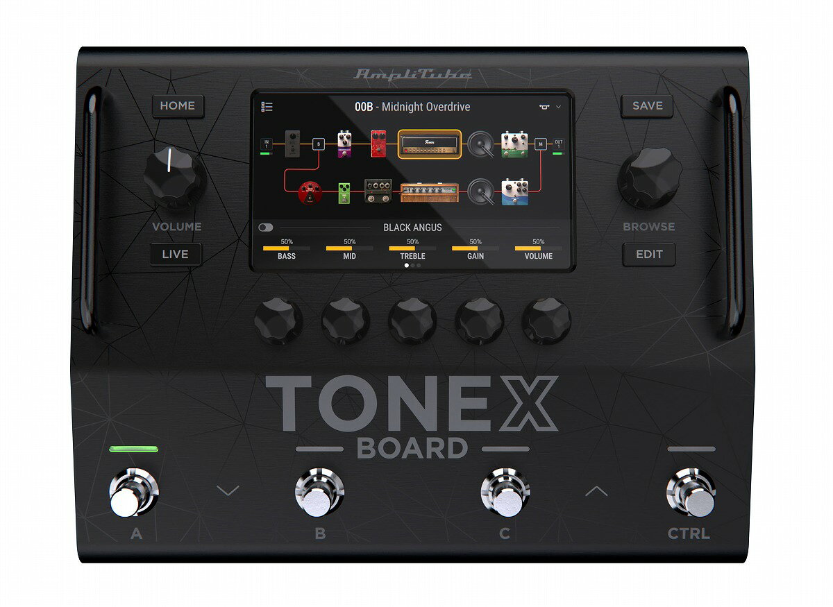 TONEXエコシステムのフラッグシップ・モデルとなるオールインワンギター/ベースプロセッサーTONEX Board TONEX Boardは、IK Multimediaが誇る最先端のAIモデリング技術を結集したTONEXファミリーの最高峰ギター/ベース用プロセッサーです。アンプ、キャビネット、ストンプボックスの微妙なニュアンスまで忠実に再現するHyper-realistic AIモデルに加え、70種類以上の高品位エフェクトや独自のVIRキャビネット技術を凝縮。ライブステージから本格的なスタジオワークまで、あらゆる演奏環境において妥協のないサウンドメイクと抜群の操作性を提供します。 ◯主な特徴 ■5インチカラータッチスクリーンと直感的な操作性 視認性に優れる5インチ高解像度カラータッチスクリーンと5つのエンコーダーを搭載。ライブ演奏中やスピーディーなエディットが必要な現場でも、ストレスのないシームレスなパラメーター調整が可能です。 ■圧倒的な拡張性を誇るトーンエンジンとエフェクト群 1プリセット内で最大4つのTone Model（1シグナルパスあたりアンプ1基+ストンプ1基）を同時処理可能。12個のエフェクトスロットにはAmpliTube由来のモジュレーション、ディレイ、リバーブなど70種類以上の高品位エフェクトを配置でき、自由度の高いスプリット/ミックス設定に対応します。 ■多様なパフォーマンスに対応する3つの動作モード Home、Live、Editの3つのワークフローモードを切り替えて使用可能。プリセットモード、シーンモード、ストンプモードを足元のフットスイッチで直感的に切り替えられるため、楽曲の展開に応じた柔軟なシステム制御を実現します。 ■プロフェッショナルな入出力と柔軟なルーティング 2系統の独立したステレオ出力（XLR/TRS）にはそれぞれ独立したパラメトリックEQを装備。ステレオFXループはシグナルチェーンの任意の位置に配置できるほか、2つの独立したモノラルFXループとしても機能します。さらに2系統のエクスプレッションペダル端子やフルMIDI対応により、システム全体の中核として圧倒的なコントロール性能を発揮します。 ■TONEX MAXおよびAmpliTube 5 MAXを標準付属 Mac/PC対応のTONEX MAX Player、Modeler & Editor（v2）およびAmpliTube 5 MAXが付属。オンラインプラットフォームToneNET上に公開されている60,000種類以上のTone Modelへアクセスでき、無限の音作りの可能性を開きます。 ◯主なスペック 周波数特性：5Hz〜24kHz ダイナミックレンジ：123dB AD/DAコンバーター：24-bit/192kHz 入力端子：インプット（TS）×2、リターン（TS）×2、MIDI In（5-pin）×1、エクスプレッションペダル（TRS）×2 出力端子：メインアウト（XLR）×2、ラインアウト（TRS）×2、センド（TS）×2、MIDI Out/Thru（5-pin）×1 USB端子：USB-C（4in/2outオーディオインターフェース機能対応、44.1kHz/24-bit） ディスプレイ：5インチ高解像度カラータッチスクリーン 電源：9V 3A DC ※画像はサンプルです。