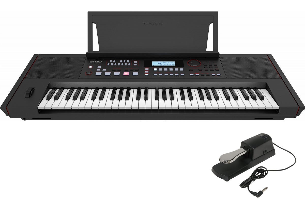 極性切替スイッチ搭載ダンパー・ペダルがセットでお買い得！ セット内容 ●Roland / E-X50 ●極性切替スイッチ搭載ダンパー・ペダル (※ハーフペダル機能はございません。) ※ペダルは在庫状況により画像と異なる製品へ変更となる場合がございます。 多彩な音色とスタイル豊富な自動伴奏、フルレンジのステレオ・スピーカーにBluetoothR オーディオも備えた、楽しい魅力が詰まったエンターテイメント・キーボード。 スタイリッシュなデザイン、ローランドならではの本格的で多彩な音色、そして高音質のスピーカー・システムを備えたE-X50 は、プレーヤーのインスピレーションを?き立てる、楽しい機能満載のエンターテイメント・キーボードです。高品位なアコースティック・ピアノ音色でしっとりと演奏したり、フルバンドの伴奏に合わせて豪華に演奏したり。好みや気分に合わせて楽しめます。また、充実したマイク機能は、弾き語りにもぴったり。Bluetooth オーディオでスマートフォン内の曲を流せば、普段聞いているお気に入りの曲もすぐに演奏できます。たくさんの楽しみ方があるE-X50 は、キーボード初心者の方はもちろん、セカンド楽器としても最適の1 台です。 オリジナル音楽を楽しめるエンターテインメント・キーボード E-X50 は、鍵盤初心者の方でも気軽にオリジナルの演奏を楽しめるキーボードです。洗練されたモダンなデザインは、お部屋での使用はもちろん、動画配信やライブでの使用にもぴったり。フルレンジのパワフルなステレオ・スピーカー・システムは音楽の再生に特化しており、包み込むようなサウンドで空間を満たします。ヘッドフォンやイヤホンを接続して、自分の好きな場所や夜間など好きな時間に演奏できるのも魅力の一つ。また、ディスプレイとスマートに配置されたパネルにより、多くの機能を直感的に、自由に操作できます。 全707 種類のあらゆる楽器のサウンド E-X50 は、全707 種類のハイクオリティなサウンドを搭載しています。基本のアコースティック・ピアノの音色はもちろん、エレクトリック・ピアノ、オルガンをはじめ、あらゆる楽器のサウンドを楽しめます。ギターやベース音色でロック調の楽曲の演奏をしたり、弦楽器やブラス、パーカッション音色でオーケストラの交響曲を演奏することもできます。他にも、ローランドならではの多彩なシンセサイザー音色で現代のヒット曲の演奏も楽しめます。 簡単にバンド演奏を楽しめる自動伴奏機能 E-X50 の自動伴奏機能では、右手で好きなメロディーを演奏しながら、左手でフルバンドの伴奏をつけることができます。伴奏のスタイルは、ロック、ポップ、ジャズからバラード、ダンス・ミュージックなど、さまざまな国や地域の伝統的なスタイルを、プリセットとして300 種類用意していますので、好みに合ったスタイルを楽しめます。初心者の方でも、1 本または2 本の指で伴奏のコードを変更できるオート・ベースコード・モード（A.B.C. モード）を使えば、右手に集中していても簡単に伴奏をつけられます。また、上級者の方向けには、左手全てを使って伴奏を奏でられるホール・モード（Whole モード）も搭載、あらゆるレベルの方に豪華なバンド演奏を楽しんでいただけます。 スマートフォンやタブレットとBluetooth オーディオ接続 E-X50 はBluetooth オーディオ機能を搭載。お持ちのスマートフォンやタブレットを接続して、こだわりの本体スピーカーから、お好きな曲を再生して一緒に演奏したり、Web 上のさまざまなレッスン・コンテンツを再生すれば、練習にも役立ちます。 弾き語りにぴったりのマイク機能 弾き語りをしたいときは、マイクを端子に接続すると、E-X50 のスピーカーからのパワフルなサウンドで気持ちよく歌うことができます。また、シーンや曲に合わせて、エフェクトをかけてパフォーマンスすることもできます。さらに、アウトプット端子から出力すれば、広い会場でのライブ演奏でも活躍します。 自動伴奏スタイルを自分好みにカスタマイズ 上級者の方向けのさらに進んだ使い方として、macOS およびWindows 用のStyleConverter ソフトウェアを使用すれば、DAW などで作成したオリジナルのカスタム・スタイルを最大30、E-X50 のメモリーに保存することができます。また、スケール、チューニング、その他のパラメータを好みに合わせて調整することも可能です。