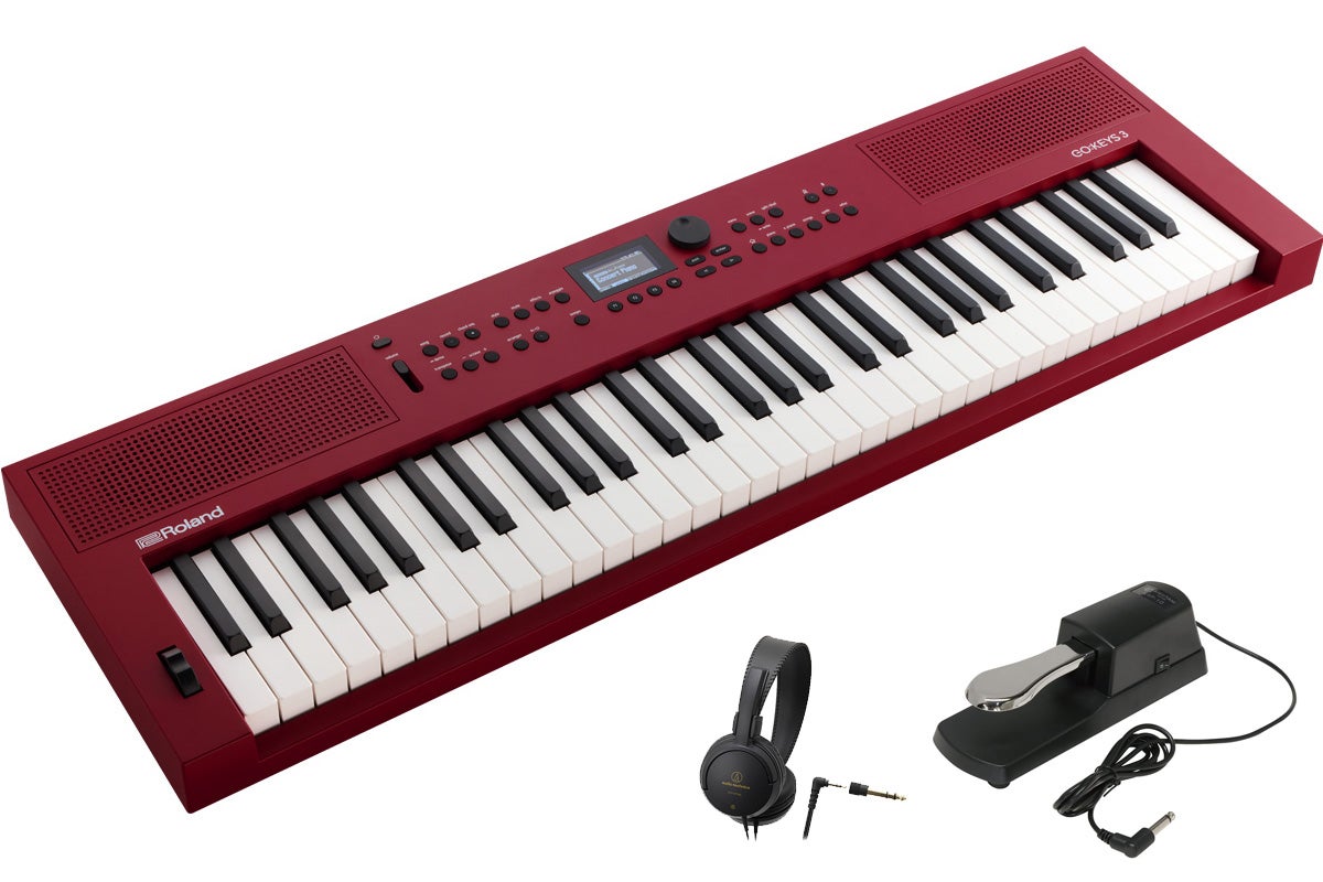 極性切替スイッチ搭載ダンパー・ペダル、ヘッドホンがセットでお買い得！ セット内容 ● Roland / GOKEYS3-RD (GO:KEYS 3) ダークレッド ●極性切替スイッチ搭載ダンパー・ペダル (※ハーフペダル機能はございません。) ●ヘッドホン ※ペダル、ヘッドホンは在庫状況により画像と異なる製品へ変更となる場合がございます。 ミュージシャンへの扉を開こう あなたが常に音楽に囲まれた生活を送っているなら、このGO:KEYS 3 でミュージシャンへの第一歩を踏み出してみませんか？GO:KEYS 3には、鍵盤演奏だけでなく、音楽制作をも楽しめる機能を多数搭載。楽器に触れているだけであなたの隠れた創造性が刺激され、次々と音楽のアイデアが溢れてきます。そして、奥深いGO:KEYS 3の各機能が、あなたの音楽スキルの向上を末永くサポートします。GO:KEYS 3は、あなたのミュージック・クリエイティビティを解放する”鍵”となることでしょう。 さあ、音楽クリエイターとして出発しましょう 音楽を学び、表現するのは難しいことだと思っていませんか？ GO:KEYS 3なら、あなたの音楽に対する情熱を創造性に変換し、具現化するお手伝いができます。楽典の知識も、楽器演奏の経験も、GO:KEYS 3との対話には一切必要ありません。 刺激的な楽器の宝庫です 実績あるミュージシャンは、たったひとつの音色から新しい音楽のアイデアが浮かぶと言います。GO:KEYS 3には、50年以上にわたり世界中の音楽シーンを彩ってきた1,000種類以上の音色を収録。ピアノ、ギター、ドラム、シンセサイザーなど馴染みのある楽器の音から、大編成の壮大なオーケストラを再現できる音色まで。あらゆる音楽表現が可能なサウンドが、あなたを待っています。 名曲が魔法のように生まれます 創造性を刺激されたら、自動伴奏に合わせてあなたのメロディーを奏でたり、アルペジオによるフレーズ生成を試してみましょう。GO:KEYS 3には、自動伴奏を音楽的に奏でるためのコード進行パターンを300種類以上収録。有名なコード進行を選択すれば、あなたのアイデアはたちまちヒット・ソングに並ぶ完成度になります。また、誰も知らない新しいコード進行を記録させることも可能です。 リミックス、マッチング 自動伴奏とコード進行がマッチングできたら、リミックス・プロデューサーになった気分で曲の構成を考えていきましょう。ドラムやベースなど、各パートをタイミングよくOn / Offして楽曲に緩急を付けたり、フレーズや音色を思い切って変更してもいいでしょう。楽曲全体の明るさを変えたり、ジェット機のような効果を与えたりと、DJパフォーマンスのような表現も思いのままです。 バンド・マスターも、あなたです 楽曲の構成が決まったら、バーチャル・バンドのメンバーを引き連れて前に進みましょう。指揮者のように指1本でGO:KEYS 3の鍵盤を押さえれば、バンド・メンバーは素晴らしい演奏をみせてくれます。あなたが右手でメロディー、左手でコードが弾けるようになれば、バンドの演奏はよりダイナミックに、より情熱的なものへと進化していきます。 録って、聴かせて GO:KEYS 3で行われていることは、すぐに録音して聞かせることができます。自分の演奏をプレイバックして練習上達に活かすことも、アイデアを友人やオンラインの仲間と共有することも簡単です。 いつもそばにいる相棒です ミュージック・クリエーションに必要な要素を全て備えたGO:KEYS 3があれば、いつでも音楽と触れ合うことができます。内蔵スピーカーによる高品位な再生環境を実現。こっそり楽曲のアイデアを練りたい場合にはヘッドホンも使用可能。また、単3乾電池による駆動にも対応しており、セットアップも非常にスピーディです。 繋げて、聴いて、演ってみて 新しい刺激を得るには、お気に入りの音楽を聴き返すのが一番。GO:KEYS 3は、Bluetooth、USBメモリーなど、様々な方法で音楽を再生可能。センター・キャンセルで楽曲のボーカルを消せば、歌の練習もできるでしょう*。また、Bluetooth?MIDI、USBオーディオ / MIDIにも対応。PC / タブレット / スマートフォンのAppと接続し、新しい音楽制作の扉を開くことも容易です。*マイク端子は搭載しておりません。 Roland Cloudから、好きなだけ Roland Cloudには、GO:KEYS 3で使用可能な音色ライブラリーSound Pack、自動伴奏スタイルZ-Style Packがスタンバイ。世界中のサウンド・デザイナーによる膨大な追加コンテンツが、あなたの音楽創造の可能性を引き上げます。また、Roland Cloud Connect（別売）に対応。スマートフォン / タブレットからワイヤレスでコンテンツを確認したり、直接本体へダウンロードすることも可能です。 鍵盤演奏を学べるアプリケーション「Melodics(TM)」に対応 GO:KEYS 3は、鍵盤演奏を楽しく効果的に習得できるアプリケーション「Melodics(TM)」*に対応。鍵盤演奏の習熟度に応じた課題曲が用意されており、正しいタイミングで演奏できたかどうかリアルタイムに判定。自分の演奏が客観的に評価されることで、練習のモチベーション維持につながります。*Melodicsが提供するキーボード・レッスンの一部を利用できるプラン「Melodics Essentials for Roland」を、Roland Cloudにてご購入いただけます。*現時点では本サービスは英語でのご提供となります。レッスンをご利用いただくにはMelodics上でのアカウント作成が必要です。