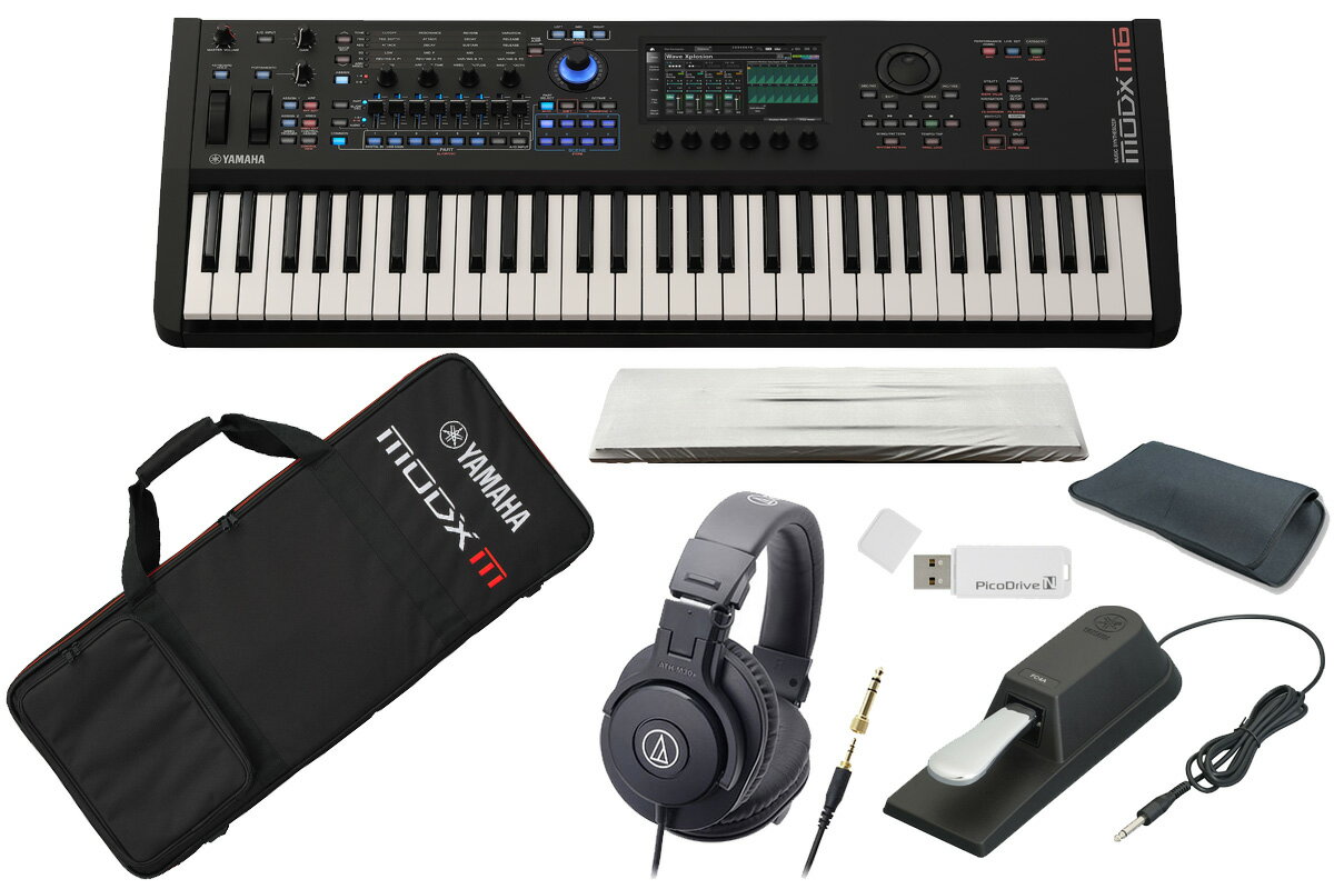 専用プレミアムソフトケース、純正サスティンペダル「FC4A」、モニターヘッドホン「ATH-M30x」、ダストカバーがセットでお買い得！更に、小物入れなどに便利な当店オリジナルスリーブバッグをプレゼント！ セット内容 ●YAMAHA / MODX M6 ●YAMAHA / SC-MODX M6 (背負える 専用プレミアムソフトケース) ●YAMAHA / FC4A (サスティンペダル) ●モニター・ヘッドホン「ATH-M30x」 ●16GB USBメモリー ●ダストカバー ●当店オリジナルスリーブバッグ Elevate Expression Everywhere MODX Mシリーズは、表現力豊かなコントロール、合理化されたワークフロー、そして卓越したサウンドを、ステージやスタジオに最適な軽量設計に融合しています。驚くほど多様なサウンドを生み出す3つのエンジンと、フラッグシップモデルMONTAGE Mから受け継がれたDNAを備えたMODX Mは、あらゆる場面で表現力を高めます。 SOUNDInspired Performance AN-X ENGINE Motion Controlシステムに統合された AN-X エンジンを使用すると、表現力豊かでユニークなアナログ サウンドを作成できます。 ・3オシレーター（OSC）、1ノイズジェネレーター構成 ・10タイプから選べるフィルター（Filter）を2系統搭載 ・OSC 3は、OSC 1とOSC 2を変調（FM方式、リングモジュレーション方式）可能 ・各OSCの出力をFilter1/2に入力するかFilter1/2の後段に入力するかをそれぞれ設定可能 ・それぞれLFOを備えたAMPとFilter ・歪んだ振幅のピークを「折り返す」ユニークなWave folder ・ビンテージシンセの挙動を再現するVoltage driftとAgeing AWM2 進化したAWM2のリアリズムとディテールを体感してみてください。1パートあたり128エレメント備える驚異的なAWM2は、かつてなくスムーズな音声表現を可能とします。特にピアノやストリングスのように誰もが名前を知っている音色を用いた表現において、MODX Mは超高精細なサウンドを生み出すことができる広大なキャンバスとなるでしょう。 268 NOTES TOTAL POLYPHONY MODX Mは、搭載する3つの音源トータルで最大268音までの同時発音が可能に。 ・AWM2（プリセット、ユーザー、ライブラリ波形）: 128音（ステレオ/モノ波形いずれも） ・FM-X: 128音 ・AN-X: 12音 AND MORE ・プリセット波形を5.68GBから10.7GBに、ユーザー領域を1.9GBに増強。ピアノ、オーケストラ楽器、ドラムなど、様々な音色や楽器を追加搭載しています。 ・洗練されたモデリング技術を駆使したVCMロータリー・スピーカー・エフェクトを搭載。実機の細かな挙動まで再現することで、クラシックなロータリースピーカーキャビネットの豊かで包み込むようなサウンドを生み出します。 CONTROLUnique Expression 独立したパートとシーンコントロール パフォーマンスごとに8つのパートをコントロールするための、専用のパート選択ボタンとシーン選択ボタンが用意されています。特にライブパフォーマンスに効果的なこの直感的なコントロールは、全体的な操作性を向上させ、各パフォーマンスに奥行きを与えます。 高解像度コントロール MODX Mのノブ、スーパーノブ、ピッチベンド、モジュレーションホイール、そしてサウンドエンジンが高解像度化されました。高解像度化により、MODX Mは従来モデルよりもスムーズなパフォーマンスを実現します。 MOTION CONTROL SYNTHESIS ENGINE SYNTHやEFFECTのパラメーターをダイナミックにオートメーションし、テンポに同期させることもできるモーションシーケンサー、ひとつの動きで膨大なパラメーターを一括に動かすことができるスーパーノブ、A/D Inputや他のパートからの音声信号によってサウンドをモジュレートすることができるエンベロープフォロワー。これらのMotion Control機能は、AN-X/FM-X/AWM2音源との組み合わせ、相互作用により、様々な方法でサウンドを生み出す画期的な音源システムを構築しています。 AND MORE ・8本のフェーダー、4つのノブ ・ペダル入力4系統 ・6つのディスプレイノブ WORKFLOWExpanded Creativity EXPANDED SOFTSYNTH PLUGIN (ESP) for MODX M MODX Mをソフトシンセとしてプラグイン化、DAW上で再現する事ができるExpanded Softsynth Plugin (ESP)。MODX Mの正規登録ユーザーであれば誰でもダウンロード、アクティベートして使用できます。ESPを使えば、どこにいてもMODX MのPerformanceをエディットしたりミックスすることが可能となります。 ※ESP for MODX Mは2026年1月から提供予定です。 より早く、直感的なナビゲーション アップグレードされたナビゲーションにより、素早く直感的なサウンド編集と操作が可能になります。カラータッチスクリーン、6つのディスプレイノブ、2系統のインサーションエフェクトを備えたステレオA/D入力などの機能が搭載されています。 USB MIDI 2.0 & マルチチャンネル AUDIO インターフェース MODX MはUSB MIDI & AUDIO（10 OUT / 4 IN）インターフェース機能が、シンプルで機能的なスタジオセットアップを実現します。USBケーブル1本で効率的にMIDIレコーディング、バーチャル・インストゥルメントのモニタリング、マルチトラック・レコーディングを行うことができ、より多くの時間をクリエイティブな作業に割く事ができます。 MIDI 2.0は、ノートベロシティ、スーパーノブ、ピッチベンド、モジュレーションに高解像度のデータを提供します。 CUBASE AI Cubase AIは、アイデアの具体化から最終的な傑作に至るまで、録音、編集、ミキシングのための基本ツールを提供します。あらゆるジャンルに対応するパワフルでありながら使いやすいデジタルオーディオワークステーション（DAW）ソフトウェアです。 AND MORE ・専用のDAWリモートボタン：MODX MをCubase、Logic、ProTools、LiveなどのDAWのハードウェアコントローラーとして使用できます。ミキサー、トランスポート、ソフトシンセプラグインなどをコントロールできます。 主な仕様 鍵盤MODX M8：88 鍵 GHS 鍵盤 (イニシャルタッチ付き) MODX M7：76 鍵セミウェイテッドFSB 鍵盤 (イニシャルタッチ付き) MODX M6：61 鍵セミウェイテッドFSB 鍵盤 (イニシャルタッチ付き)音源方式Motion Control Synthesis EngineAMW2：最大 128 エレメントFM-X：8 オペレーター、88アルゴリズムAN-X：3 オシレーター、1ノイズディスプレイ7インチ ワイド VGA TFT カラー LCD（タッチパネル付）接続端子USB [TO DEVICE]USB [TO HOST]MIDI [IN]/[OUT]FOOT SWITCH [ASSIGNABLE]/[SUSTAIN] FOOT CONTROLLER [1]/[2]A/D INPUT [L/MONO]/[R] ( 標準フォーンジャック) OUTPUT [L/MONO]/[R] ( 標準フォーンジャック)[PHONES] (ステレオ標準フォーンジャック電源部電源アダプター：PA-300C (出力 :DC 16 V、2.4 A)消費電力：19 W ( 電源アダプター PA-300C使用時 )寸法・質量MODX M8：1,310 (W) × 391 (D) × 152 (H) mm / 13.6 kgMODX M7：1,089 (W) × 347 (D) × 117 (H) mm / 7.6 kgMODX M6：882 (W) × 347 (D) × 117 (H) mm / 6.6 kg付属品電源アダプター（PA-300C）、クイックガイド（兼保証書）、 Cubase AI Download Information（Cubase AI ダウンロードについて）、Expanded Softsynth Plugin for MONTAGE M/MODX M Download Information、About downloding manuals（マニュアルダウンロードのご案内）、Welcome カード