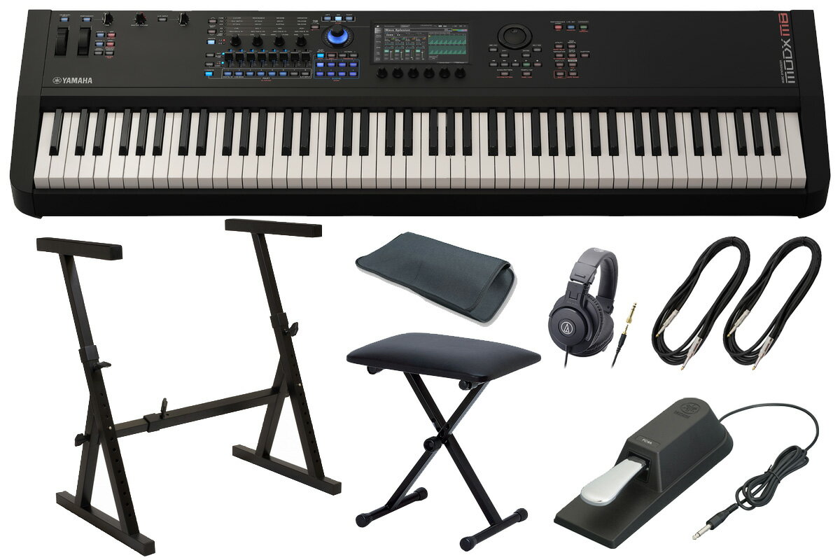 Z型キーボードスタンドと純正サスティンペダル「FC4A」、アクセサリー品がセットでお買い得！更に、小物入れなどに便利な当店オリジナルスリーブバッグをプレゼント！ セット内容 ●YAMAHA / MODX M8 ●YAMAHA / FC4A (サスティンペダル) ●モニター・ヘッドホン「ATH-M30x」 ●Z型キーボードスタンド ●キーボードベンチ ●3m シールドケーブル 2本 ●当店オリジナルスリーブバッグ Elevate Expression Everywhere MODX Mシリーズは、表現力豊かなコントロール、合理化されたワークフロー、そして卓越したサウンドを、ステージやスタジオに最適な軽量設計に融合しています。驚くほど多様なサウンドを生み出す3つのエンジンと、フラッグシップモデルMONTAGE Mから受け継がれたDNAを備えたMODX Mは、あらゆる場面で表現力を高めます。 SOUNDInspired Performance AN-X ENGINE Motion Controlシステムに統合された AN-X エンジンを使用すると、表現力豊かでユニークなアナログ サウンドを作成できます。 ・3オシレーター（OSC）、1ノイズジェネレーター構成 ・10タイプから選べるフィルター（Filter）を2系統搭載 ・OSC 3は、OSC 1とOSC 2を変調（FM方式、リングモジュレーション方式）可能 ・各OSCの出力をFilter1/2に入力するかFilter1/2の後段に入力するかをそれぞれ設定可能 ・それぞれLFOを備えたAMPとFilter ・歪んだ振幅のピークを「折り返す」ユニークなWave folder ・ビンテージシンセの挙動を再現するVoltage driftとAgeing AWM2 進化したAWM2のリアリズムとディテールを体感してみてください。1パートあたり128エレメント備える驚異的なAWM2は、かつてなくスムーズな音声表現を可能とします。特にピアノやストリングスのように誰もが名前を知っている音色を用いた表現において、MODX Mは超高精細なサウンドを生み出すことができる広大なキャンバスとなるでしょう。 268 NOTES TOTAL POLYPHONY MODX Mは、搭載する3つの音源トータルで最大268音までの同時発音が可能に。 ・AWM2（プリセット、ユーザー、ライブラリ波形）: 128音（ステレオ/モノ波形いずれも） ・FM-X: 128音 ・AN-X: 12音 AND MORE ・プリセット波形を5.68GBから10.7GBに、ユーザー領域を1.9GBに増強。ピアノ、オーケストラ楽器、ドラムなど、様々な音色や楽器を追加搭載しています。 ・洗練されたモデリング技術を駆使したVCMロータリー・スピーカー・エフェクトを搭載。実機の細かな挙動まで再現することで、クラシックなロータリースピーカーキャビネットの豊かで包み込むようなサウンドを生み出します。 CONTROLUnique Expression 独立したパートとシーンコントロール パフォーマンスごとに8つのパートをコントロールするための、専用のパート選択ボタンとシーン選択ボタンが用意されています。特にライブパフォーマンスに効果的なこの直感的なコントロールは、全体的な操作性を向上させ、各パフォーマンスに奥行きを与えます。 高解像度コントロール MODX Mのノブ、スーパーノブ、ピッチベンド、モジュレーションホイール、そしてサウンドエンジンが高解像度化されました。高解像度化により、MODX Mは従来モデルよりもスムーズなパフォーマンスを実現します。 MOTION CONTROL SYNTHESIS ENGINE SYNTHやEFFECTのパラメーターをダイナミックにオートメーションし、テンポに同期させることもできるモーションシーケンサー、ひとつの動きで膨大なパラメーターを一括に動かすことができるスーパーノブ、A/D Inputや他のパートからの音声信号によってサウンドをモジュレートすることができるエンベロープフォロワー。これらのMotion Control機能は、AN-X/FM-X/AWM2音源との組み合わせ、相互作用により、様々な方法でサウンドを生み出す画期的な音源システムを構築しています。 AND MORE ・8本のフェーダー、4つのノブ ・ペダル入力4系統 ・6つのディスプレイノブ WORKFLOWExpanded Creativity EXPANDED SOFTSYNTH PLUGIN (ESP) for MODX M MODX Mをソフトシンセとしてプラグイン化、DAW上で再現する事ができるExpanded Softsynth Plugin (ESP)。MODX Mの正規登録ユーザーであれば誰でもダウンロード、アクティベートして使用できます。ESPを使えば、どこにいてもMODX MのPerformanceをエディットしたりミックスすることが可能となります。 ※ESP for MODX Mは2026年1月から提供予定です。 より早く、直感的なナビゲーション アップグレードされたナビゲーションにより、素早く直感的なサウンド編集と操作が可能になります。カラータッチスクリーン、6つのディスプレイノブ、2系統のインサーションエフェクトを備えたステレオA/D入力などの機能が搭載されています。 USB MIDI 2.0 &amp; マルチチャンネル AUDIO インターフェース MODX MはUSB MIDI &amp; AUDIO（10 OUT / 4 IN）インターフェース機能が、シンプルで機能的なスタジオセットアップを実現します。USBケーブル1本で効率的にMIDIレコーディング、バーチャル・インストゥルメントのモニタリング、マルチトラック・レコーディングを行うことができ、より多くの時間をクリエイティブな作業に割く事ができます。 MIDI 2.0は、ノートベロシティ、スーパーノブ、ピッチベンド、モジュレーションに高解像度のデータを提供します。 CUBASE AI Cubase AIは、アイデアの具体化から最終的な傑作に至るまで、録音、編集、ミキシングのための基本ツールを提供します。あらゆるジャンルに対応するパワフルでありながら使いやすいデジタルオーディオワークステーション（DAW）ソフトウェアです。 AND MORE ・専用のDAWリモートボタン：MODX MをCubase、Logic、ProTools、LiveなどのDAWのハードウェアコントローラーとして使用できます。ミキサー、トランスポート、ソフトシンセプラグインなどをコントロールできます。 主な仕様 鍵盤MODX M8：88 鍵 GHS 鍵盤 (イニシャルタッチ付き) MODX M7：76 鍵セミウェイテッドFSB 鍵盤 (イニシャルタッチ付き) MODX M6：61 鍵セミウェイテッドFSB 鍵盤 (イニシャルタッチ付き)音源方式Motion Control Synthesis EngineAMW2：最大 128 エレメントFM-X：8 オペレーター、88アルゴリズムAN-X：3 オシレーター、1ノイズディスプレイ7インチ ワイド VGA TFT カラー LCD（タッチパネル付）接続端子USB [TO DEVICE]USB [TO HOST]MIDI [IN]/[OUT]FOOT SWITCH [ASSIGNABLE]/[SUSTAIN] FOOT CONTROLLER [1]/[2]A/D INPUT [L/MONO]/[R] ( 標準フォーンジャック) OUTPUT [L/MONO]/[R] ( 標準フォーンジャック)[PHONES] (ステレオ標準フォーンジャック電源部電源アダプター：PA-300C (出力 :DC 16 V、2.4 A)消費電力：19 W ( 電源アダプター PA-300C使用時 )寸法・質量MODX M8：1,310 (W) × 391 (D) × 152 (H) mm / 13.6 kgMODX M7：1,089 (W) × 347 (D) × 117 (H) mm / 7.6 kgMODX M6：882 (W) × 347 (D) × 117 (H) mm / 6.6 kg付属品電源アダプター（PA-300C）、クイックガイド（兼保証書）、 Cubase AI Download Information（Cubase AI ダウンロードについて）、Expanded Softsynth Plugin for MONTAGE M/MODX M Download Information、About downloding manuals（マニュアルダウンロードのご案内）、Welcome カード