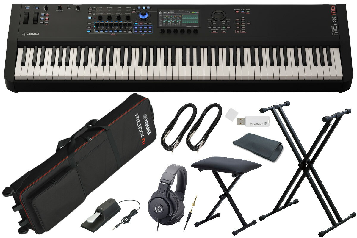 専用プレミアムソフトケース、純正サスティンペダル、モニターヘッドホン「ATH-M30x」、その他アクセサリー品が多数セットでお買い得！更に、小物入れなどに便利な当店オリジナルスリーブバッグをプレゼント！ セット内容 ●YAMAHA / MODX M8 ●YAMAHA / SC-MODX M8 (キャスター付き 専用プレミアムソフトケース) ●YAMAHA / FC4A (サスティンペダル) ●モニター・ヘッドホン「ATH-M30x」 ●X型キーボードスタンド ●キーボードベンチ ●3m シールドケーブル 2本 ●16GB USBメモリー ●当店オリジナルスリーブバッグ Elevate Expression Everywhere MODX Mシリーズは、表現力豊かなコントロール、合理化されたワークフロー、そして卓越したサウンドを、ステージやスタジオに最適な軽量設計に融合しています。驚くほど多様なサウンドを生み出す3つのエンジンと、フラッグシップモデルMONTAGE Mから受け継がれたDNAを備えたMODX Mは、あらゆる場面で表現力を高めます。 SOUNDInspired Performance AN-X ENGINE Motion Controlシステムに統合された AN-X エンジンを使用すると、表現力豊かでユニークなアナログ サウンドを作成できます。 ・3オシレーター（OSC）、1ノイズジェネレーター構成 ・10タイプから選べるフィルター（Filter）を2系統搭載 ・OSC 3は、OSC 1とOSC 2を変調（FM方式、リングモジュレーション方式）可能 ・各OSCの出力をFilter1/2に入力するかFilter1/2の後段に入力するかをそれぞれ設定可能 ・それぞれLFOを備えたAMPとFilter ・歪んだ振幅のピークを「折り返す」ユニークなWave folder ・ビンテージシンセの挙動を再現するVoltage driftとAgeing AWM2 進化したAWM2のリアリズムとディテールを体感してみてください。1パートあたり128エレメント備える驚異的なAWM2は、かつてなくスムーズな音声表現を可能とします。特にピアノやストリングスのように誰もが名前を知っている音色を用いた表現において、MODX Mは超高精細なサウンドを生み出すことができる広大なキャンバスとなるでしょう。 268 NOTES TOTAL POLYPHONY MODX Mは、搭載する3つの音源トータルで最大268音までの同時発音が可能に。 ・AWM2（プリセット、ユーザー、ライブラリ波形）: 128音（ステレオ/モノ波形いずれも） ・FM-X: 128音 ・AN-X: 12音 AND MORE ・プリセット波形を5.68GBから10.7GBに、ユーザー領域を1.9GBに増強。ピアノ、オーケストラ楽器、ドラムなど、様々な音色や楽器を追加搭載しています。 ・洗練されたモデリング技術を駆使したVCMロータリー・スピーカー・エフェクトを搭載。実機の細かな挙動まで再現することで、クラシックなロータリースピーカーキャビネットの豊かで包み込むようなサウンドを生み出します。 CONTROLUnique Expression 独立したパートとシーンコントロール パフォーマンスごとに8つのパートをコントロールするための、専用のパート選択ボタンとシーン選択ボタンが用意されています。特にライブパフォーマンスに効果的なこの直感的なコントロールは、全体的な操作性を向上させ、各パフォーマンスに奥行きを与えます。 高解像度コントロール MODX Mのノブ、スーパーノブ、ピッチベンド、モジュレーションホイール、そしてサウンドエンジンが高解像度化されました。高解像度化により、MODX Mは従来モデルよりもスムーズなパフォーマンスを実現します。 MOTION CONTROL SYNTHESIS ENGINE SYNTHやEFFECTのパラメーターをダイナミックにオートメーションし、テンポに同期させることもできるモーションシーケンサー、ひとつの動きで膨大なパラメーターを一括に動かすことができるスーパーノブ、A/D Inputや他のパートからの音声信号によってサウンドをモジュレートすることができるエンベロープフォロワー。これらのMotion Control機能は、AN-X/FM-X/AWM2音源との組み合わせ、相互作用により、様々な方法でサウンドを生み出す画期的な音源システムを構築しています。 AND MORE ・8本のフェーダー、4つのノブ ・ペダル入力4系統 ・6つのディスプレイノブ WORKFLOWExpanded Creativity EXPANDED SOFTSYNTH PLUGIN (ESP) for MODX M MODX Mをソフトシンセとしてプラグイン化、DAW上で再現する事ができるExpanded Softsynth Plugin (ESP)。MODX Mの正規登録ユーザーであれば誰でもダウンロード、アクティベートして使用できます。ESPを使えば、どこにいてもMODX MのPerformanceをエディットしたりミックスすることが可能となります。 ※ESP for MODX Mは2026年1月から提供予定です。 より早く、直感的なナビゲーション アップグレードされたナビゲーションにより、素早く直感的なサウンド編集と操作が可能になります。カラータッチスクリーン、6つのディスプレイノブ、2系統のインサーションエフェクトを備えたステレオA/D入力などの機能が搭載されています。 USB MIDI 2.0 & マルチチャンネル AUDIO インターフェース MODX MはUSB MIDI & AUDIO（10 OUT / 4 IN）インターフェース機能が、シンプルで機能的なスタジオセットアップを実現します。USBケーブル1本で効率的にMIDIレコーディング、バーチャル・インストゥルメントのモニタリング、マルチトラック・レコーディングを行うことができ、より多くの時間をクリエイティブな作業に割く事ができます。 MIDI 2.0は、ノートベロシティ、スーパーノブ、ピッチベンド、モジュレーションに高解像度のデータを提供します。 CUBASE AI Cubase AIは、アイデアの具体化から最終的な傑作に至るまで、録音、編集、ミキシングのための基本ツールを提供します。あらゆるジャンルに対応するパワフルでありながら使いやすいデジタルオーディオワークステーション（DAW）ソフトウェアです。 AND MORE ・専用のDAWリモートボタン：MODX MをCubase、Logic、ProTools、LiveなどのDAWのハードウェアコントローラーとして使用できます。ミキサー、トランスポート、ソフトシンセプラグインなどをコントロールできます。 主な仕様 鍵盤MODX M8：88 鍵 GHS 鍵盤 (イニシャルタッチ付き) MODX M7：76 鍵セミウェイテッドFSB 鍵盤 (イニシャルタッチ付き) MODX M6：61 鍵セミウェイテッドFSB 鍵盤 (イニシャルタッチ付き)音源方式Motion Control Synthesis EngineAMW2：最大 128 エレメントFM-X：8 オペレーター、88アルゴリズムAN-X：3 オシレーター、1ノイズディスプレイ7インチ ワイド VGA TFT カラー LCD（タッチパネル付）接続端子USB [TO DEVICE]USB [TO HOST]MIDI [IN]/[OUT]FOOT SWITCH [ASSIGNABLE]/[SUSTAIN] FOOT CONTROLLER [1]/[2]A/D INPUT [L/MONO]/[R] ( 標準フォーンジャック) OUTPUT [L/MONO]/[R] ( 標準フォーンジャック)[PHONES] (ステレオ標準フォーンジャック電源部電源アダプター：PA-300C (出力 :DC 16 V、2.4 A)消費電力：19 W ( 電源アダプター PA-300C使用時 )寸法・質量MODX M8：1,310 (W) × 391 (D) × 152 (H) mm / 13.6 kgMODX M7：1,089 (W) × 347 (D) × 117 (H) mm / 7.6 kgMODX M6：882 (W) × 347 (D) × 117 (H) mm / 6.6 kg付属品電源アダプター（PA-300C）、クイックガイド（兼保証書）、 Cubase AI Download Information（Cubase AI ダウンロードについて）、Expanded Softsynth Plugin for MONTAGE M/MODX M Download Information、About downloding manuals（マニュアルダウンロードのご案内）、Welcome カード
