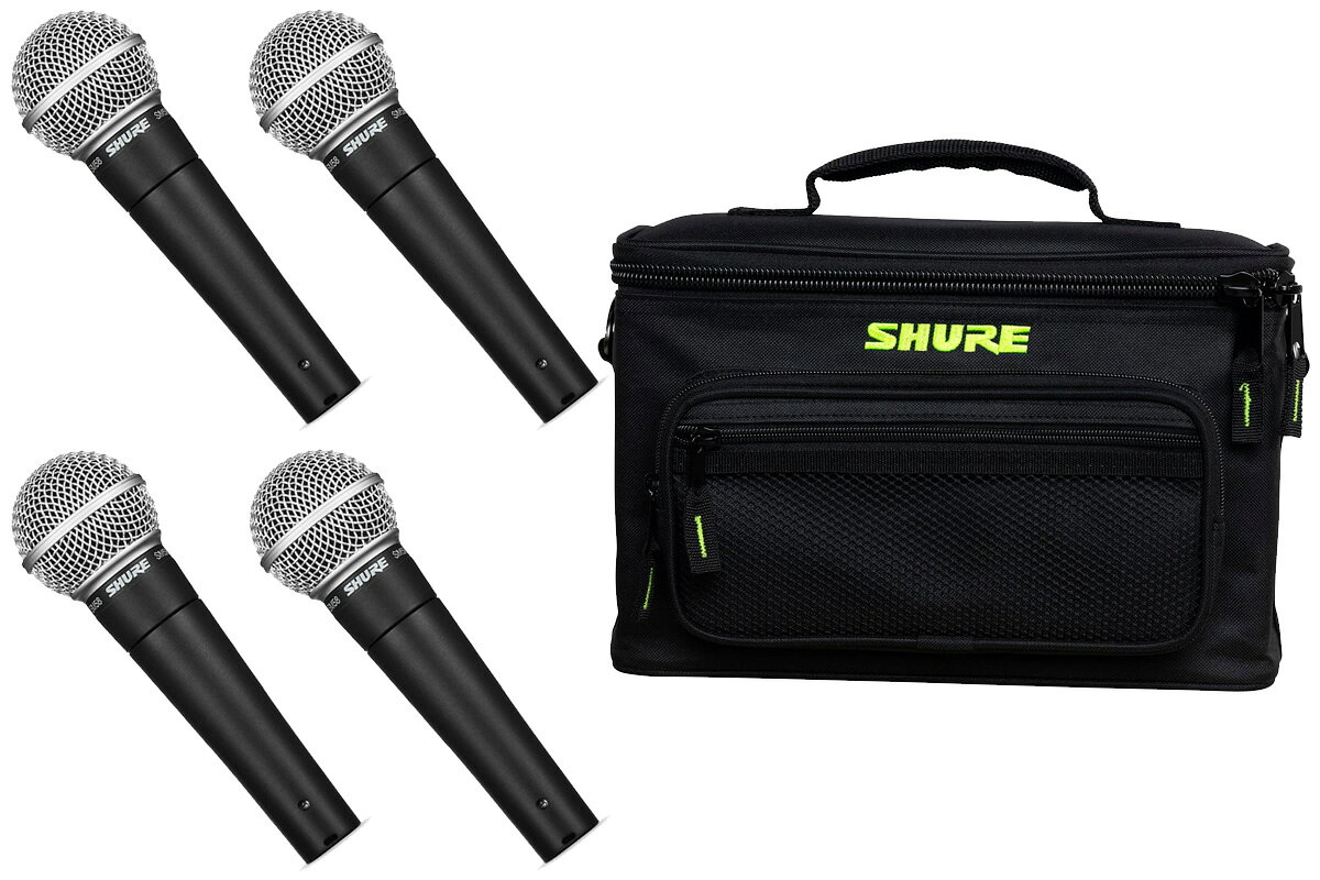SM58-LCE 4本と、4本収納可能な専用ケース「SH-MICBAG04」がセットでお買い得！ SM58 LCE ダイナミックマイク 製品の特徴 Shure SM58は、ライブ・パフォーマンス、音空間の創造、スタジオ・レコーディングでのボーカル収音のために生まれた、プロ仕様の単一指向性 (カーディオイド) ダイナミック型ボーカル・マイクロホンです。 製品仕様 形式：ダイナミック 指向特性パターン：カーディオイド 最低再生周波数：50 Hz 最大再生周波数：15 KHz 感度 (dBV/Pa)：-54,5 dBV/Pa 感度 (mV/Pa)：1,88 mV/Pa 質量：298g