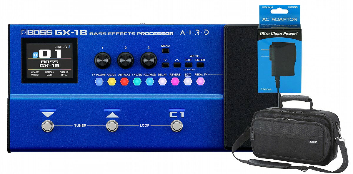 ■別売りの純正ACアダプターPSA-100S2、純正キャリングケース(CB-BM-S)同時購入セット！ 〇BOSS アダプター PSA-100S2：BOSSコンパクト・シリーズ、マルチ・エフェクツMEシリーズなどに電源を供給するACアダプター。入力電圧：AC100-240V（50-60Hz）、出力電圧：DC9V/ 最大出力電流：500mA、ケーブル長：2m。 〇BOSS CB-BM-S 純正キャリングケース：マルチ・エフェクター GX-10、GT-1、GT-1B と周辺アクセサリーの持ち運びに最適なキャリング・ケースです。 耐久性に優れた外装と厚みのある内部パッドが機材を保護します。 ベース・ライフに、 最高の相棒を すべてのベーシストに捧げる、プレミアムなBOSSのサウンドと機能性を備えた軽量コンパクトなベース用マルチ・エフェクター プレミアムなBOSSのサウンドと高い機能性を備えたGX-1Bは、練習からライブ、レコーディングまで、さまざまなシチュエーションで活躍する軽量コンパクトなマルチ・エフェクターです。上質なベース用のアンプとエフェクトを多数備え、幅広い音作りを実現します。高解像度なカラー・ディスプレイ、便利なエフェクト・ボタン、そして新搭載のGEAR SUITE機能により、スムーズなサウンドメイクが可能です。驚くほどコンパクト、頑丈、そしてパワフルなGX-1Bは、毎日のベース・ライフを充実させる、ベーシスト必携のパートナーです。 ■Features ◯BOSSのプレミアムなサウンドと機能性を備える軽量コンパクトなマルチ・エフェクター ◯カラー・ディスプレイと便利なエフェクト ・ ボタンによる、 直感的な操作性 ◯サンプリング・レート48kHz、 AD変換24bit、 DA変換32bit、 内部演算32bit float （浮動小数点） 処理による高品位なサウンド ◯最新のAIRDテクノロジーを駆使して開発した、 表現力豊かな16種類のプリアンプ ◯130種類を超える高品位なBOSSエフェクト ◯同時使用可能な8つのエフェクト・ブロックと独立したノイズ・サプレッサー、 フット・ボリューム ◯ノブを回すだけで、 各アンプやエフェクトの特徴を活かしたプリセットを呼び出せるGEAR SUITE機能 ◯即戦力になる99のプリセット・メモリーと、 作成した音色を保存できる99のユーザー・メモリー ◯機能を自由にアサイン可能な3つのフットスイッチと、 EXPスイッチ付きエクスプレッション・ペダル ◯Bluetooth経由でモバイル端末から音楽を再生、 合わせて演奏が可能 ◯PCやモバイル端末へ録音が可能なUSB Type-C端子 ◯便利な練習機能の使用、 サウンド編集が可能な専用アプリBOSS TONE STUDIO (macOS/Windows/iOS/Android) ◯オンライン・プラットホームのBOSS TONE EXCHANGEでユーザー同士が自由にライブセットを共有可能 ◯WAV形式のIRデータに対応 ◯別売りのエクスプレッション・ペダルまたは2つまでのフットスイッチを追加可能なCTL端子 ◯FS-1-WL Wireless FootswitchまたはEV-1-WL Wireless Expression Pedalによるワイヤレス・コントロールに対応 ◯単三電池4本、 ACアダプターまたはUSBバスパワーの3電源方式を採用 ◯ベース用ギグ・バッグのポケットにも収まるコンパクトで軽量なサイズ ■どんなプレイヤーにも、妥協なきサウンドを BOSSが長年にわたり蓄積したベース用アンプ、エフェクトへの知見を活かして開発したGX-1Bは、アマチュアからプロまで、あらゆるベーシストへ妥協のないサウンドを届けます。表現力豊かな16種類のAIRDプリアンプ、定番から個性的なタイプまで網羅した130種類以上のBOSSエフェクトが音色を彩ります。8つのエフェクト・ブロックは同時使用、接続順の変更が可能。さまざまな音楽スタイルや演奏する楽曲のジャンルに合わせて、自由に音色を作成できます。 ■理想の音色への近道-GEAR SUITE GX-1Bは、 新機能であるGEAR SUITEを搭載。各アンプ／エフェクト・タイプに、それぞれの特徴を知り尽くすプロ・ベーシストが設定した複数のプリセットが用意されており、ノブを回すだけで呼び出すことが可能です。また、ユーザー自身で作成可能なGEAR SUITEも用意されているため、お気に入りの設定を即座に呼び出せるよう保存しておくことができます。 ■ベース ・ライフを彩る GX-1Bで日々のベース演奏にインスピレーションを加えましょう。Bluetoothでモバイル端末やPCと接続し、再生した楽曲と合わせて演奏が行えます。USB Type-C端子で接続すれば、DAWソフトへ録音することも可能です。専用アプリのBOSS TONE STUDIOには、ベース・ライフをさらに充実させる機能が満載です。 SESSION機能を使えば、YouTubeの楽曲やレッスンに合わせて演奏でき、ABリピートや速度調整も可能。メトロノームやリズムでスキルを磨きましょう。また、アプリ内のBOSS TONE EXCHANGEでは、プロのサウンドをダウンロードすることが可能です。もちろん音色の微調整や整理もアプリで行えます。 ■主な仕様 サンプリング周波数：48kHz AD 変換：24ビット＋ AF 方式 ※AF方式（Adaptive Focus method）は AD コンバーターの SN 比を飛躍的に向上させるローランド／ボス独自の方式です。 DA 変換：32 ビット 内部演算：32 ビット浮動小数点 エフェクト・タイプ：135種類 メモリー：99（ユーザー）＋ 99（プリセット） フレーズ・ループ：38秒（モノ）、19秒（ステレオ） ディスプレイ：カラー・グラフィックLCD 320 × 240 ドット 電源：アルカリ電池（単 3 形）× 4、USBバス・パワー、ACアダプター（別売） 消費電流：250mA（AC アダプター／電池）、400mA（USB） 連続使用時の電池の寿命：アルカリ電池-約5時間 ※使用状態によって異なります。 外形寸法：307（幅）149（奥行）× 56（高さ）mm 外形寸法（ペダル傾き最大時）：307（幅）× 149（奥行）× 73（高さ）mm 質量：1.2kg 付属品：スタートアップ・ガイド、アルカリ電池（単 3 形）× 4、チラシ「はじめにお読みください」（保証書含む） ※画像はサンプルです。