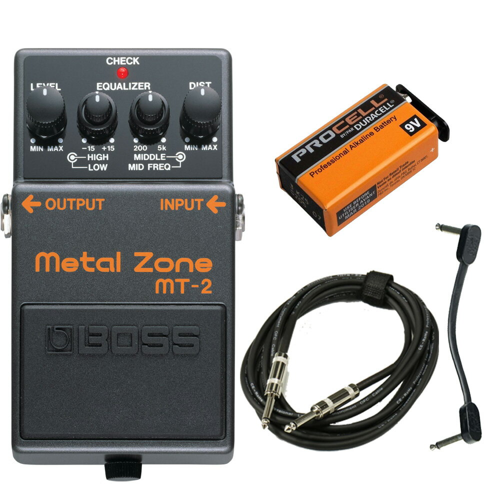 【あす楽対象商品】BOSS / MT-2 Metal Zone / Distortion スターターセット -アルカリ9V電池、ギター用ケーブル、パッチケーブル-【YRK】