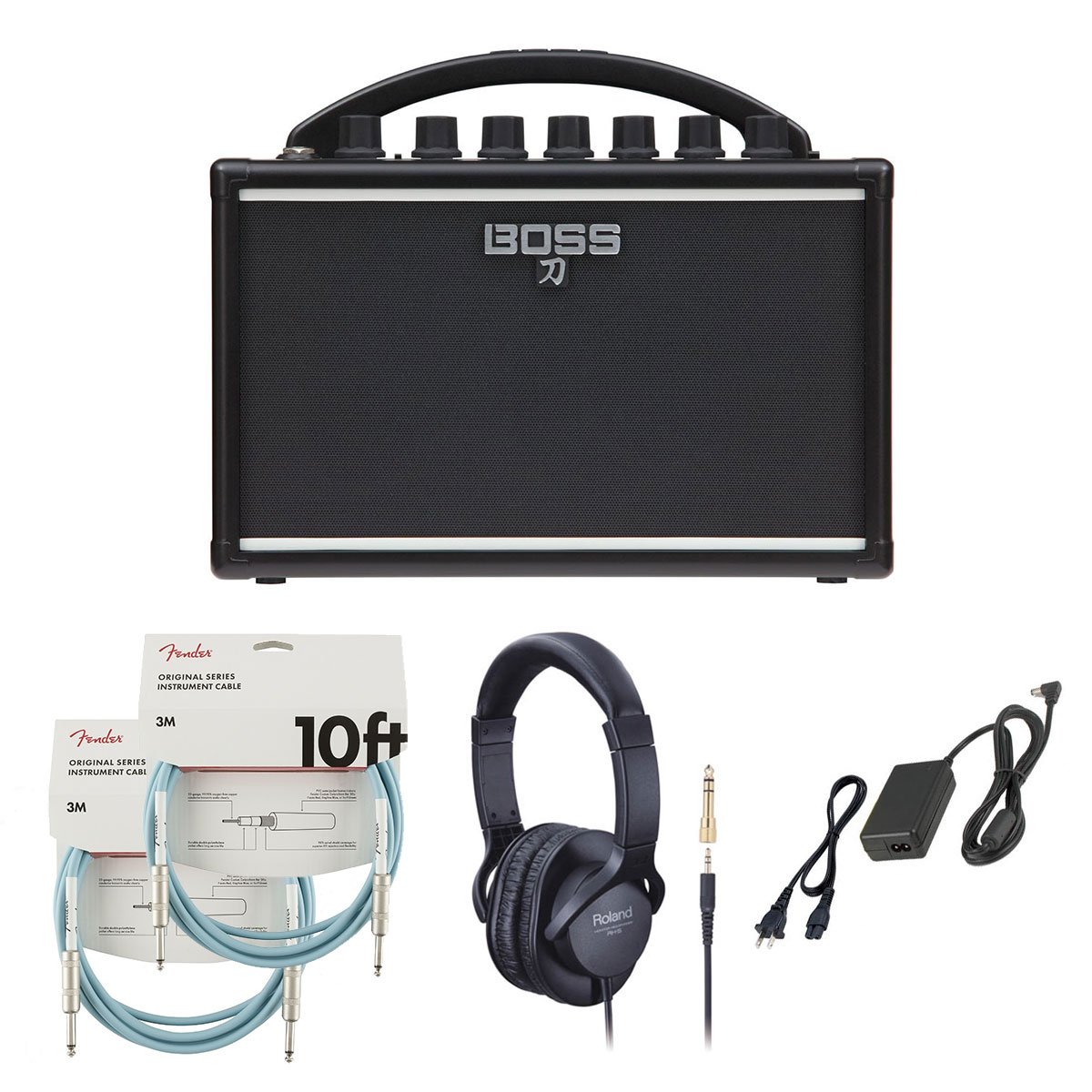 BOSS / KATANA-MINI KTN-MINI ギターアンプ 電池駆動 ポータブルアンプ[周辺機器アイテム同時購入セット] フェンダー ケーブル(青)【PNG】