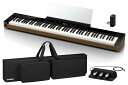 純正ケース「SC-900P」、3本ペダル「SP-34」がセット！ 好きな場所で音楽を思いのままに Privia PX-S6000は、直感的な音のコントロールを可能にし、演奏を思いのまま楽しめる一台です。カシオの革新的な音響技術が豊かな音の響きとグランドピアノのような本格的な鍵盤タッチを実現。またデザインは光沢のあるブラックにウォルナット調のコンポジットであなたのライフスタイルと調和。好きな場所で思いのままの演奏スタイルを楽しめます。 主な特徴 ●それぞれ独立して駆動される4つのフルレンジスピーカー、それを支える木材と樹脂のハイブリッド筐体により実現した新音響技術「スペイシャルサウンドシステム」 ●設置場所に対応した音響設定を楽しめる「ピアノポジション機能」（Standard、Wall、Center、Tableの4種類から設定可能） ●グランドピアノならではの響きを追求した「マルチ・ディメンショナル・モーフィングAiR音源」 ●多彩な音色の中には、世界的な名曲で使用されているエレクトリックピアノなどの音色を表現したものも多数内蔵 ●さらに進化した鍵盤機構とデジタル制御技術の融合により、表現力豊かな演奏性を実現した「スマートハイブリッドハンマーアクション鍵盤」 ●音色にエフェクトをかけられる100種類の多彩なDSPエフェクトを内蔵 ●Cutoff Freq.、Resonance、 Attack Time/Release Timeなどのパラメータを割り当て、直感的に操作して音色の変化を可能にする2つのノブを搭載 ●MIC IN 端子（標準フォンジャック（TSフォン））、マイク音量つまみも搭載。マイクエフェクト機能を活用し、歌声にエフェクトをかけながら弾き語りも行える ●付属「ワイヤレスMIDI & AUDIOアダプター（WU-BT10）」を使用して、スマートデバイスで再生したBluetoothRオーディオをこだわりの音響システムで聴くことが可能インテリア性の高い光沢のあるブラックとウォールナット調木目素材を融合させたデザイン ●直線的な美しさを持つスタンド（別売り） ●カシオ電子楽器専用アプリ「CASIO MUSIC SPACE」を使用することで、音楽の楽しみ方が、もっと広がり、もっと快適に シーンを選ばず弾けるスリムな筐体と光沢のあるブラックと木目調が美しい混合デザイン 『PX-S7000』と同等の革新的な音響システムや表現力の高い鍵盤を備えながら、ユーザーの演奏スタイルに合わせて別売りスタンドに設置するなど、様々なシーンで演奏を楽しめる電子ピアノです。光沢のあるブラックとウォールナット調の美しい木目を組み合わせた本体に、ファブリック素材のスピーカーネットをあしらったインテリア性の高い混合デザインがライフスタイルと調和します。 自分好みのサウンドによるユニークな音楽表現を楽しめる多彩な音色調整機能 音色の微調整をする“音色モディファイ機能”や多彩なエフェクトで自分好みの音色にリアルタイムでコントロール可能。鍵盤袖のノブをはじめとする多彩な物理操作子で直感的に調整できるほか、付属のワイヤレスMIDI＆AUDIOアダプターと専用アプリ“CASIO MUSIC SPACE”を使って視覚的に複数のパラメータを調整することも可能です。 主な仕様 ■電源：2電源方式 家庭用AC100V電源または、単3形アルカリ乾電池×8本/単3形充電式ニッケル水素電池（eneloop）×8本（別売）使用（連続動作時間：約4時間）※条件による ※「eneloop」はパナソニックグループの登録商標です　 ■寸法 幅1,340×奥行242×高さ102mm（本体のみ）　幅1,340×奥行449×高さ741mm（別売スタンドCS-90P使用時） ■質量 14.8kg（本体のみ、電池含まず） 22.1kg（別売スタンドCS-90P使用時、譜面立て/電池含まず) ■付属品 ワイヤレスMIDI & AUDIOアダプター（WU-BT10）、ACアダプター（AD-E24250LW)、ペダル（SP-3)、譜面立て