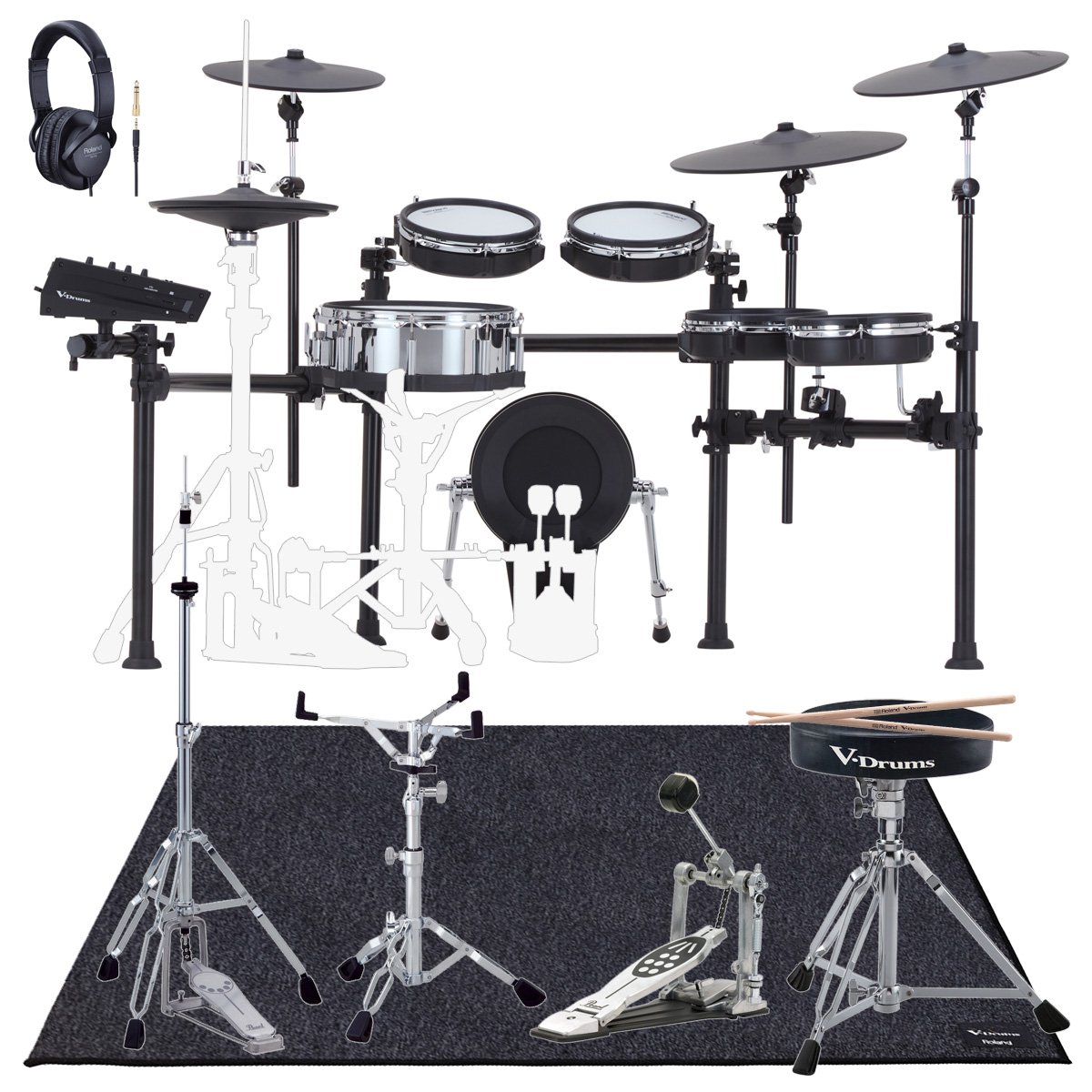 演奏するために必要なものが揃ったフルオプションセット w/Vドラム・マット ●フラッグシップ・ドラム音源『V71』に、ストレイナーを搭載したデジタルスネア、デジタル・ハイハット、デジタル・ライド、タムパッド4つとクラッシュ2枚が揃ったドラム・システム「TD713」 ●その「TD713」に、メーカー推奨のキックパッド「KD-12」と四支柱ラックタイプのドラムスタンド「MDS-GrandD2」を組み合わせたTD713メーカー推奨キットです。 ●演奏するために必要なオプションとマットが揃えたフルセットです。パールのスタンダードモデルを中心に揃えましたが、スローンとマットはV-Drumsロゴが映える純正品をチョイス。またヘッドホンとスティックもローランド製です。 セット内容 1.Roland TD713（ドラム音源とパッドセット） 2.Roland KD-12（キックパッド） 3.Roland MDS-Grand2（四支柱ラック型ドラムスタンド） 4.PEARL H-830（ハイハットスタンド） 5.PEARL S-830（スネアスタンド） 6.PEARL P-920（シングル・キックペダル） 7.Roland DAP-2X（Vドラムスローンとスティック） 8.Roland RH-5（モニターヘッドホン） 9.Roland TDM-20（Vドラム・マット 160cm x 150cm） 留意事項 ※イシバシ楽器で揃えた、まとめ売りの一括セットです。 ※ヘッドフォンを使って演奏するセットです。モニタースピーカー（アンプ）は別売です。 キット構成 ○ドラム・サウンド・モジュール：V71 × 1 ○スネア：PD-14DSX × 1 ○タム：PDX-100 × 4 ○ハイハット：VH-14D × 1 ○クラッシュ1：CY-14R-T × 1 ○クラッシュ2：CY-16R-T × 1 ○ライド：CY-18DR × 1 ○キック：KD-12 × 1 ○ドラム・スタンド：MDS-Grand 2 × 1 TD713 ● 拡張可能なサウンド・エンジンとRolandの最新パッド・テクノロジーで生まれた新しいV-Drums ● DWとのコラボレーションにより制作された全く新しいマルチ・サンプリング・サウンド・ライブラリを搭載した音源モジュールV71 ● DW Soundworksドラム・ソフトウェアにより、PCベースの演奏にシームレスに移行可能（Roland Cloud Ultimateメンバーシップに同梱） ● スマートフォン・アプリRoland Cloud Connectとのワイヤレス接続で、V-Drumsインストゥルメント・エクスパンションやキット・パックをダウンロード可能 ● Roland Cloud Ultimateの6ヶ月間のメンバーシップが付属 ● 大型カラー・ディスプレイの採用によりアップデートされたユーザーインターフェイス、ワイヤレス・アダプター内蔵 ● 強化されたV-Editと、V71エディターソフトウェア（macOS / Windows）に対応 ● サンプル・インポート機能でオリジナル・サウンドを追加可能 ● EQ、COMP、リバーブ、アンビエンス・エフェクトなど、スタジオ・クラスの強力な編集ツール ● Balance対応のメイン/ダイレクト・オーディオ・アウトプットと3つのデジタル・トリガー・インプット、および14のアナログ・トリガー・インプットを搭載 ● 32のオーディオ・チャンネルとMIDIに対応したマルチ・チャンネルUSBインターフェース ● スマートフォンのワイヤレスでの音楽再生とMIDI録音用のBluetoothオーディオ/ MIDI に対応 ● 次世代のプレイ・アビリティとアコースティック・スタイルのストレイナーを搭載した新しいデジタル・スネアPD-14DSX ● デジタル・ハイハットVH-14Dとデジタル・ライドCY-18DRを標準搭載 ● タム：PDX-100×4、クラッシュ1：CY-14R-T×1、クラッシュ2：CY-16R-T×1 KD-12 安定性も向上、打面も大きくなったキック・ドラム・パッド MDS-Grand2 可動域の広いタム・ホルダーやシンバル・アームを搭載、コンパクトで安定性の高いラック・スタンド 主な仕様 ●拡張用トリガー・インプット端子=4（AUX 1 〜 AUX 4） ●外形寸法（必要な空間容積）=1,550（幅）× 1,350（奥行）× 1,250（高さ）mm（キック・パッド、シンバル、ハイハット・スタンド、椅子を含む） ●質量（キット構成品と付属品の総質量）=46.1kg ●付属品= セットアップ・ガイド、MDH-STD、ドラム・キー
