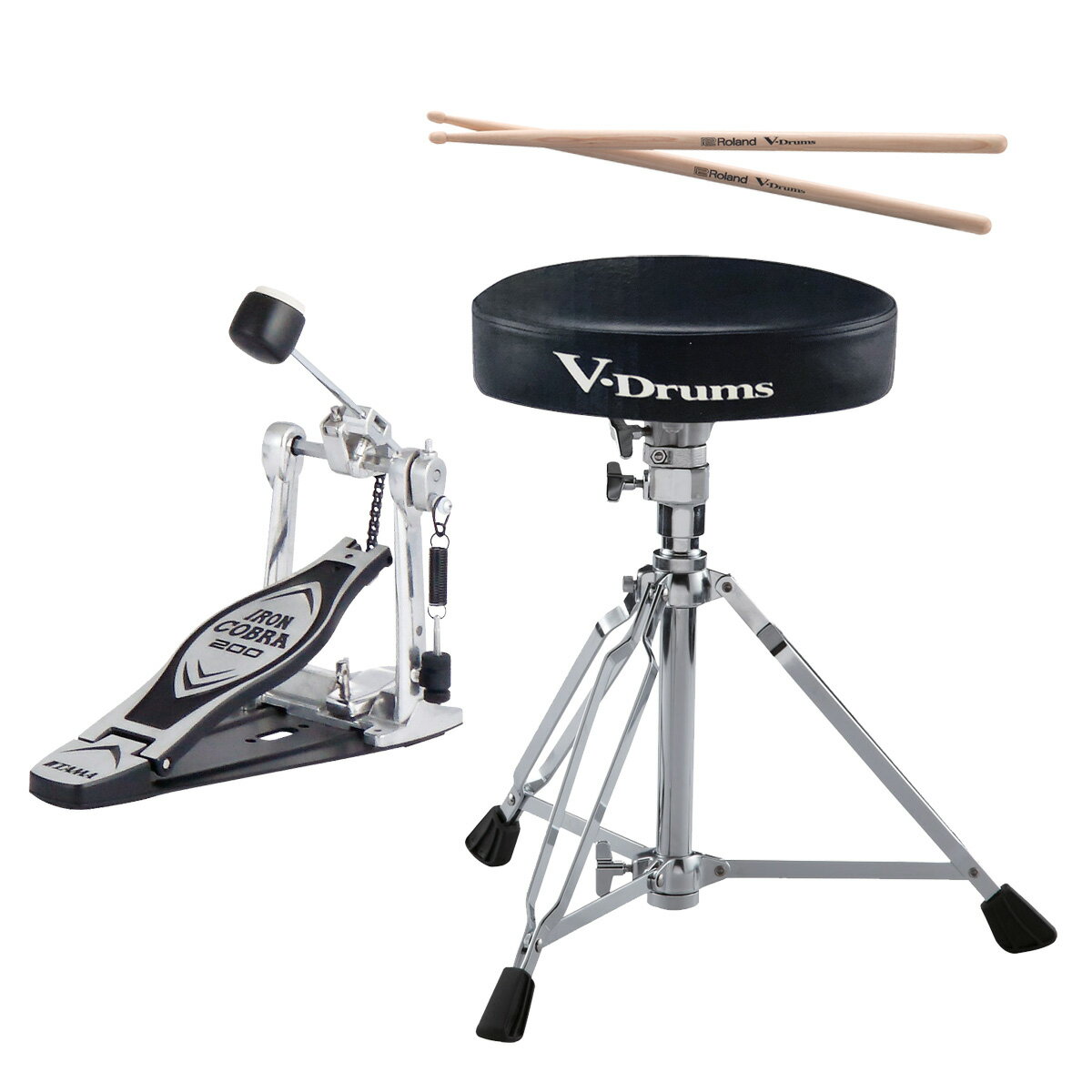 Vドラムを演奏するために必要なアイテムを1つにまとめたセット ●キックペダルが別売のV-Drumsは、演奏するために「キックペダル」と「ドラムイス」「ドラムスティック」が必要です（※注1）。この必要なアイテム3点を1つにまとめたセット商品です。 ●ドラムイスとスティックはローランド製、キックペダルはTAMAの定番モデルを採用しました。 セット内容 1.Roland DAP-2X（ドラムイスとドラムスティック） 2.TAMA HP200P（シングル・キックペダル） 主な特長 ●ドラムイス ドラムイスは三脚部が長期間の日常的なドラム演奏に最適な耐久性を備えたダブル・レッグ仕様。 自由な高さ調節が可能なメモリーロック付きのパイプスライド式（クランプロッド方式）です。 シートの横には「V-Drums」「Roland」のロゴ入り ●ドラムスティック メッシュ・ヘッドとの相性を考慮したヒッコリー製のロゴ入りドラム・スティック ●キックペダル 素早いアクションが得られるパワーグライド・カムを採用。シングルチェーンドライブ、ビーター角度と連動してフットボード角度調整機能、しっかりした踏み心地のアンダープレート式といったスタンダードな仕様のTAMA IRONCOBRA200ドラムペダル。 トラディショナルなフェルト面と電子ドラムに適した樹脂面を持った「デュアルサイドビーター」は、電子ドラムで使用する際に嬉しい仕様です。 留意事項 ※イシバシ楽器でセットにした商品です。 ※DAP-2Xのバラ売りはございません。 ※メーカー保証書は付属しません。 注意事項 （※注1）V-Drumsは、内蔵している音を聞くためのヘッドホンまたはモニタースピーカー（アンプ）も別売です。