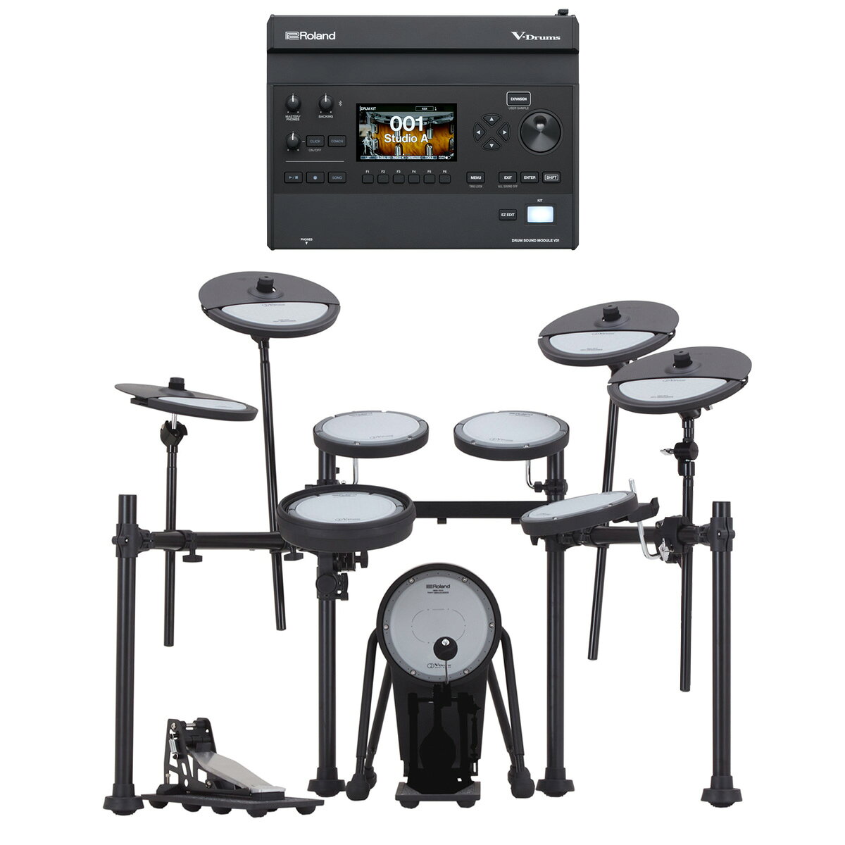 VQD106PADS + V31音源 + クラッシュ追加のオリジナルキット ●音源モジュール別売のV-Drums Quiet Design Kit『VQD106PADS』に、TD316やVAD316で採用しているV-Drums 3シリーズ音源モジュールV31を組み合わせました。 ●さらにシンバルパッドを追加して、クラッシュが2枚のいわゆる「3シンバル」構成に拡張 商品内容 1.Roland VQD106PADS（パッド類とスタンドセット）* 2.Roland V31（音源モジュール） 3.Roland CYQ-12（シンバルパッド） 4.Roland MDY-Standard（シンバルマウント｜型番MDSY-STD） 以上4点のまとめ売りです。 ※VQD106PADSは2箱で1組のセット商品です。 別売品 キックペダル、ドラムイス、ドラムスティック、ヘッドホン、モニターアンプ、ドラムマット等 （演奏するために必要なものはご自身でご用意ください） 組み立てと設定の手順（一例） （1）VQD106PADSを付属のセットアップガイドのとおり組み立てて完成させます。 （2）V31をVQD106PADSのドラムスタンドに取り付けます** （3）MDY-STDをドラムスタンドに取り付け、追加するCYQ-12を付属の説明書を参考にMDY-STDに取り付けます。 （4）V31付属の専用ケーブルを使って各パッドやハイハットコントローラーを接続します。 （5）追加したCYQ-12は付属しているトリガーケーブル1本を使ってV31の背面にあるCRASH2端子に接続します。 （6）V31のトリガーバンクをVQD106に設定します。（→V31クイックスタート26ページ） 以上です。 **Tips：ドラムスタンドの横パイプや縦パイプの中間ではなく、縦パイプの先端にV31を取り付ける場合は、V31付属のマウントプレートセットのホルダー1個分のスペースが先端に確保できるようスタンドを調節してください。VQD106PADSのスタンドの組立説明書では先端は5.5cmが目安になっていますが、ホルダー1個分＝約7cmが必要です。 拡張後のキット構成 ○音源モジュール：V31 ○キック：KDQ-8（ボールビーター1本付属） ○スネア：PDQ-8S ○ハイハット：CYQ-12 ○ハイハット・コントロール・ペダル：FD-9 ○タム：PDQ-8×3 ○クラッシュ1：CYQ-12 ○クラッシュ2：CYQ-12 ○ライド：CYQ-12 ○ペダル・ベース：NEQ-K（キック・ペダル用）、NEQ-H（ハイハット・ペダル用） ○ドラム・スタンド：振動吸収機構つき4本支柱型ラック・タイプ 留意事項 ※この商品はすべてローランド製品で揃っていますが、楽器店企画のまとめ売り一括セットです。 ※ユーザーがすべての組み立てをV-Drumsが持ってる拡張機能を利用して行なう必要がある商品です。 ※このキットはタムのリムショットとライドのベル演奏には対応していません（V31のRDBケーブルは使用しません）。 ※クラッシュ2枚+ライドのシンバルのドラムセットを「3シンバル」構成と慣例で呼んでいます。（このキットは実際にはハイハットでもシンバルパッドを使用しており、シンバルパッドは全部で4枚です） ※V31には紙マニュアルの「クイックスタート」が付属していますが、すべての機能を説明する「リファレンスガイド」や「データリスト」は付属品ではなくダウンロードするWEBマニュアル（PDF）になります。