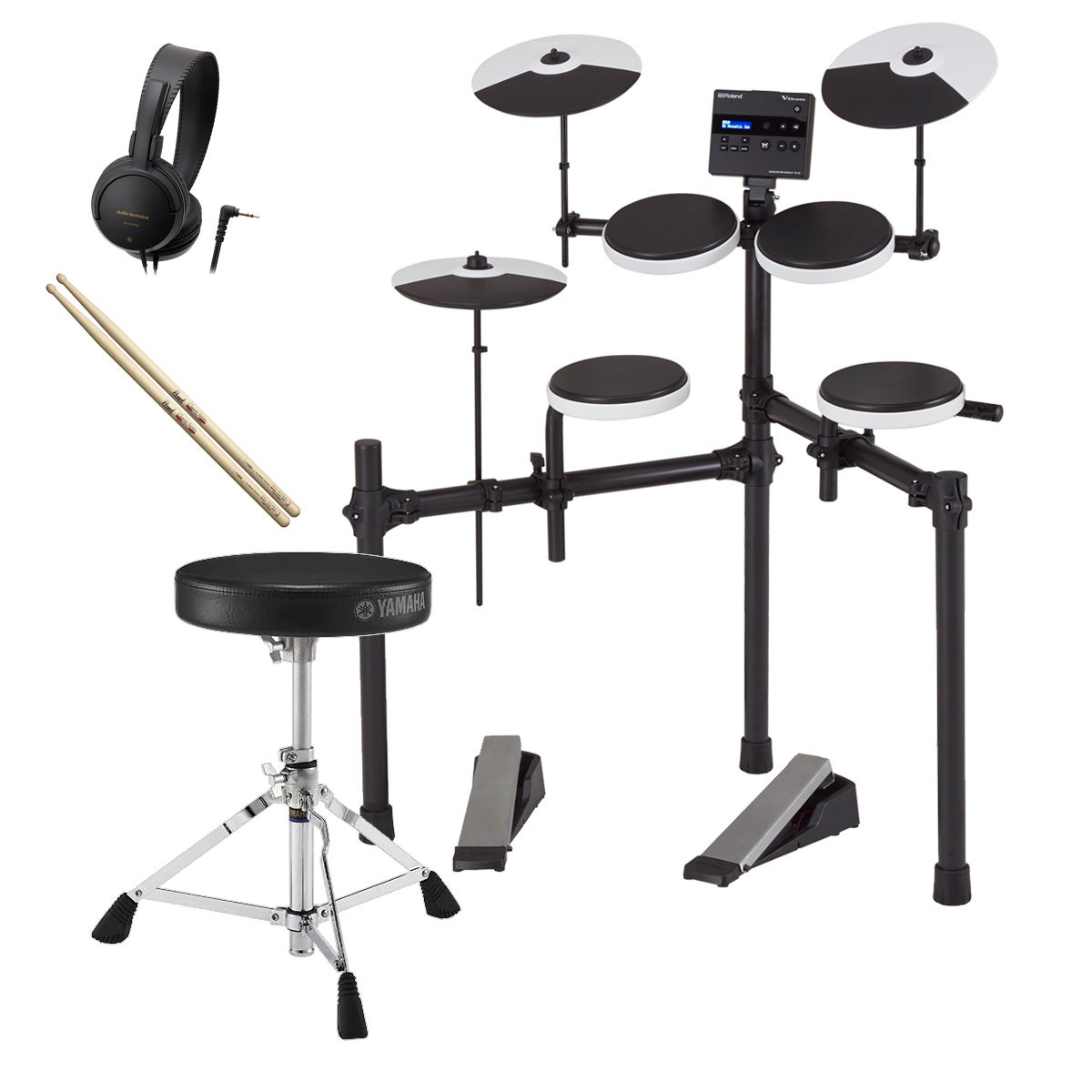 TD-02K スターターセット 1.Roland TD-02K（電子ドラム本体） 2.YAMAHA DS550U（ドラムイス） 3.PEARL 110HC（ドラムスティック） 4.ATH-EP100（ヘッドホン） 以上4点のまとめ売りです。 スターターセットの特長 ●V-Drumsのエントリーモデル『TD-02K』に、演奏するために必要なオプションを揃えたスターターセットです。 ●シンプルな内容ですが、演奏するために必要なものが揃っていますので、組み立てたらすぐに演奏を楽しめます。 ●ドラムイスにはヤマハ製品を採用。ヤマハが自社のドラムセットや電子ドラムで採用しているモデルをローランドVドラムで組み合わせました。 ●ドラムスティックはパールの超定番110HC。 ●内蔵しているドラムサウンドをモニターするための小型軽量で使いやすい楽器用ヘッドホン付き ●ドラムの演奏に使うものだからこそ、ちゃんとしたメーカーの製品で揃えました。 留意事項 ※このセットはイシバシ楽器の企画で揃えたまとめ売り商品です。ローランド以外の製品を含んでいます。 ※ヤマハのドラムイスの高さ調節を行う際にドラムキー（チューニングキー）が必要になります。TD-02Kの付属品を利用してください。 V-Drums TD-02K の主な特長 TD-02Kは、Vドラムのラインナップの中で最もコンパクトなモデルです。簡単操作の音源モジュール「TD-02」には、16種類のプリセット・キットが内蔵されているので、すぐに演奏を始めることができます。スタンドは簡単に高さ調節ができ、小さなお子様に合わせたセッティングも可能です。 Highlights ◎ 本格的なサウンド、表現力、演奏性を兼ね備えた、初心者にもおすすめのエントリー・モデル ◎ ハイエンド・モデルから着想を得た16種類の新規プリセット・キットを内蔵したTD-02音源モジュール ◎ BOSS BT-DUAL（別売）を使用することで、スマートフォン等とBluetooth接続が可能 ◎ 着実な上達をサポートするコーチ機能を搭載 ◎ 拍子やリズム・タイプ、サウンドの種類を設定できるメトロノーム機能 ◎ ダイナミクスの幅やレスポンスの速さに優れたラバー・パッド ◎ 打撃音や階下への振動を抑えたキック・ペダルとハイハット・コントロール・ペダル ◎ 小さなお子様に合わせて高さ調節が可能な、安定感のある3本支柱型スタンド ◎ スマートフォンや音楽プレイヤーと有線接続できるMIX IN端子を搭載 ◎ パソコン等と接続し、オーディオ/MIDIの送受信が可能なUSB COMPUTER端子を搭載 ◎ 豊富なオプションでキットのアップグレードが可能 TD-02K の主な仕様 ○キット構成ドラム・サウンド・モジュールTD-02 × 1、スネアPD-4 × 1、タムPD-4 × 3、ハイハットCY-5 × 1、ハイハット・コントロール・ペダルFD-1 × 1、クラッシュCY-5 × 1、ライドCY-5 × 1、キックKT-1 × 1、ドラム・スタンド 3 本支柱型ラック・タイプ× 1○ドラム・キット数16○コーチ機能（全5種類）タイム・チェック（Easy）、タイム・チェック（Hard）、クワイエット・カウント、オート・アップ/ダウン、チェンジ・アップ○メトロノームテンポ：20 〜 260、リズム・タイプ 5種類、音色 15種類○ディスプレイ16文字2行キャラクターLCD（バックライト付き）○接続端子OUTPUT/PHONES端子（ステレオ・ミニ・タイプ）、MIX IN 端子（ステレオ・ミニ・タイプ）、USB COMPUTER 端子（USB B タイプ）、TRIGGER INPUT 端子（25 ピンD-sub）○外形寸法（必要占有面積）1,000（幅）× 1,100（奥行）× 1,150（高さ）mm（椅子を含む）