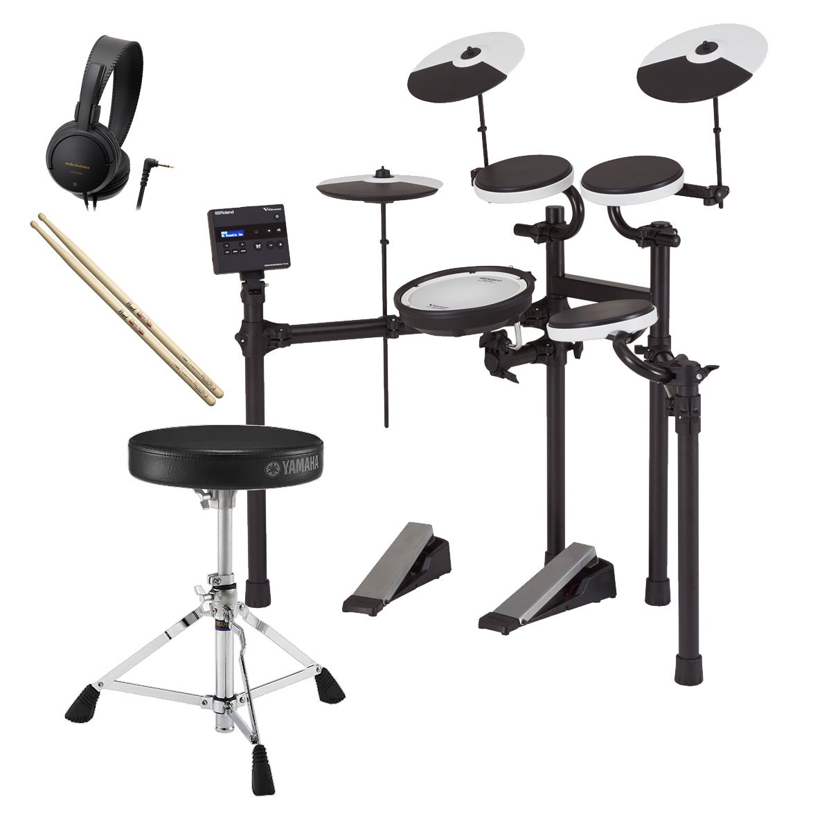TD-02KV スターターセット ●V-Drumsのエントリーモデル『TD-02KV』に、演奏するために必要なオプションを揃えたスターターセットです。 ●シンプルな内容ですが、演奏するために必要なものが揃っていますので、組み立てたらすぐに演奏を楽しめます。 ●ドラムイスにはヤマハ製品を採用。ヤマハが自社のドラムセットや電子ドラムで採用しているモデルをローランドVドラムで組み合わせました。 ●ドラムスティックはパールの超定番110HC。 ドラムの演奏に使うものだからこそ、ちゃんとしたメーカーの製品で揃えました。 ●小型軽量の楽器用ヘッドホン付き セット内容 1.Roland TD-02KV（電子ドラム本体） 2.YAMAHA DS550U（ドラムイス） 3.PEARL 110HC（ドラムスティック） 4.ATH-EP100（ヘッドホン） 以上4点のまとめ売りです。 留意事項 ※イシバシ楽器で揃えたセット商品です。ローランド以外の製品がセットに含まれています。 ※ヘッドフォンを使ってドラムの音を聞いて演奏するセットです。スピーカーは別売です。 ※ヤマハのドラムイスの組み立てや高さ調節を行う際にドラムキー（チューニングキー）が必要になります。TD-02KVの付属品を利用してください。 TD-02KVの主な特長 TD-02シリーズは、エントリー・モデルの中でも最高クラスのドラム体験を、手頃な価格で実現したVドラムです。25年以上にもわたり革新を続けてきたVドラムの新しいラインナップとして、コンパクトながら一層表現力が豊かになりました。高品質で高速レスポンスのサウンドから、内蔵の練習機能、安定感のあるハードウェア、自宅での演奏に安心な静粛性に至るまで、すべての要素が組み合わさることで、ドラム演奏で大切な基盤を形成します。また、スマートフォンなどとBluetooth接続ができるアダプターや、パッドの追加・アップグレード等により、プレイ・スタイルの変化に合わせてキットを簡単にカスタマイズできます。 TD-02KVは、スネア・ドラムにはメッシュ・ヘッドを搭載したPDX-8を採用。張り具合の調節や、ヘッド/リムの叩き分けが可能です。簡単操作の音源モジュール「TD-02」には、16種類のプリセット・キットが内蔵されているので、すぐに演奏を始めることができます。スタンドは幅広いセッティングが可能で、アコースティック・ドラムにより近い距離感でパッドを並べることができます。 Highlights ◎本格的なサウンド、表現力、演奏性を兼ね備えた、初心者にもおすすめのエントリー・モデル ◎ハイエンド・モデルから着想を得た16種類の新規プリセット・キットを内蔵したTD-02音源モジュール ◎BOSS BT-DUAL（別売）を使用することで、スマートフォン等とBluetooth接続が可能 ◎着実な上達をサポートするコーチ機能を搭載 ◎拍子やリズム・タイプ、サウンドの種類を設定できるメトロノーム機能 ◎ダイナミクスの幅やレスポンスの速さに優れたラバー・パッド ◎スネアは自然な打感とヘッド/リムの叩き分け、クロス・スティック奏法に対応したメッシュ・パッド PDX-8を採用 ◎打撃音や階下への振動を抑えたキック・ペダルとハイハット・コントロール・ペダル ◎プレイ・スタイルに合わせて、各パッドの位置や感度を調整可能 ◎スマートフォンや音楽プレイヤーと接続できるMIX IN端子を搭載 ◎パソコン等と接続し、オーディオ/MIDIの送受信が可能なUSB COMPUTER端子を搭載 ◎豊富なオプションでキットのアップグレードが可能 TD-02KVの主な仕様 ○キット構成ドラム・サウンド・モジュール：TD-02 × 1、スネア：PDX-8 × 1、タム：PD-4 × 3、ハイハット：CY-5 × 1、ハイハット・コントロール・ペダル：FD-1 × 1、クラッシュ：CY-5 × 1、ライド：CY-5 × 1、キック：KT-1 × 1、ドラム・スタンド：4 本支柱型ラック・タイプ× 1○ドラム・キット数16○コーチ機能（全5種類）タイム・チェック（Easy）、タイム・チェック（Hard）、クワイエット・カウント、オート・アップ/ダウン、チェンジ・アップ○メトロノームテンポ 20 〜 260、リズム・タイプ 5 種類、音色 15 種類○ディスプレイ16 文字2 行キャラクターLCD（バックライト付き）○接続端子OUTPUT/PHONES端子（ステレオ・ミニ・タイプ）、MIX IN端子（ステレオ・ミニ・タイプ）、USB COMPUTER端子（USB Bタイプ）、TRIGGER INPUT端子（25ピンD-subタイプ）、Bluetooth ADAPTOR SLOT○外形寸法（必要占有面積）1,200（幅）× 1,100（奥行）× 1,200（高さ）mm（椅子を含