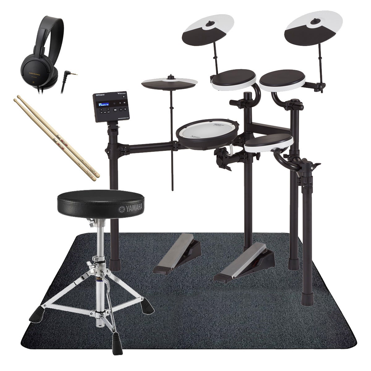 TD-02KV スターターセット ●V-Drumsのエントリーモデル『TD-02KV』に、演奏するために必要なオプションを揃えたスターターセットです。 ●シンプルな内容ですが、演奏するために必要なものが揃っていますので、組み立てたらすぐに演奏を楽しめます。 ●ドラムイスにはヤマハ製品を採用。ヤマハが自社のドラムセットや電子ドラムで採用しているモデルをローランドVドラムで組み合わせました。 ●ドラムスティックはパールの超定番110HC。 ドラムの演奏に使うものだからこそ、ちゃんとしたメーカーの製品で揃えました。 ●小型軽量の楽器用ヘッドホン付き ●電子ドラムの下に敷くマットを追加しました セット内容 1.Roland TD-02KV（電子ドラム本体） 2.YAMAHA DS550U（ドラムイス） 3.PEARL 110HC（ドラムスティック） 4.ATH-EP100（ヘッドホン） 5.SELVA電子ドラム用マット（約130cmx約120cm） 以上5点のまとめ売りです。 留意事項 ※イシバシ楽器で揃えたセット商品です。ローランド以外の製品がセットに含まれています。 ※ヘッドフォンを使ってドラムの音を聞いて演奏するセットです。スピーカーは別売です。 ※ヤマハのドラムイスの組み立てや高さ調節を行う際にドラムキー（チューニングキー）が必要になります。TD-02KVの付属品を利用してください。 TD-02KVの主な特長 TD-02シリーズは、エントリー・モデルの中でも最高クラスのドラム体験を、手頃な価格で実現したVドラムです。25年以上にもわたり革新を続けてきたVドラムの新しいラインナップとして、コンパクトながら一層表現力が豊かになりました。高品質で高速レスポンスのサウンドから、内蔵の練習機能、安定感のあるハードウェア、自宅での演奏に安心な静粛性に至るまで、すべての要素が組み合わさることで、ドラム演奏で大切な基盤を形成します。また、スマートフォンなどとBluetooth接続ができるアダプターや、パッドの追加・アップグレード等により、プレイ・スタイルの変化に合わせてキットを簡単にカスタマイズできます。 TD-02KVは、スネア・ドラムにはメッシュ・ヘッドを搭載したPDX-8を採用。張り具合の調節や、ヘッド/リムの叩き分けが可能です。簡単操作の音源モジュール「TD-02」には、16種類のプリセット・キットが内蔵されているので、すぐに演奏を始めることができます。スタンドは幅広いセッティングが可能で、アコースティック・ドラムにより近い距離感でパッドを並べることができます。 Highlights ◎本格的なサウンド、表現力、演奏性を兼ね備えた、初心者にもおすすめのエントリー・モデル ◎ハイエンド・モデルから着想を得た16種類の新規プリセット・キットを内蔵したTD-02音源モジュール ◎BOSS BT-DUAL（別売）を使用することで、スマートフォン等とBluetooth接続が可能 ◎着実な上達をサポートするコーチ機能を搭載 ◎拍子やリズム・タイプ、サウンドの種類を設定できるメトロノーム機能 ◎ダイナミクスの幅やレスポンスの速さに優れたラバー・パッド ◎スネアは自然な打感とヘッド/リムの叩き分け、クロス・スティック奏法に対応したメッシュ・パッド PDX-8を採用 ◎打撃音や階下への振動を抑えたキック・ペダルとハイハット・コントロール・ペダル ◎プレイ・スタイルに合わせて、各パッドの位置や感度を調整可能 ◎スマートフォンや音楽プレイヤーと接続できるMIX IN端子を搭載 ◎パソコン等と接続し、オーディオ/MIDIの送受信が可能なUSB COMPUTER端子を搭載 ◎豊富なオプションでキットのアップグレードが可能 TD-02KVの主な仕様 ○キット構成ドラム・サウンド・モジュール：TD-02 × 1、スネア：PDX-8 × 1、タム：PD-4 × 3、ハイハット：CY-5 × 1、ハイハット・コントロール・ペダル：FD-1 × 1、クラッシュ：CY-5 × 1、ライド：CY-5 × 1、キック：KT-1 × 1、ドラム・スタンド：4 本支柱型ラック・タイプ× 1○ドラム・キット数16○コーチ機能（全5種類）タイム・チェック（Easy）、タイム・チェック（Hard）、クワイエット・カウント、オート・アップ/ダウン、チェンジ・アップ○メトロノームテンポ 20 〜 260、リズム・タイプ 5 種類、音色 15 種類○ディスプレイ16 文字2 行キャラクターLCD（バックライト付き）○接続端子OUTPUT/PHONES端子（ステレオ・ミニ・タイプ）、MIX IN端子（ステレオ・ミニ・タイプ）、USB COMPUTER端子（USB Bタイプ）、TRIGGER INPUT端子（25ピンD-subタイプ）、Bluetooth ADAPTOR SLOT○外形寸法（必要占有面積）1,200（幅）× 1,100（奥行）× 1,200（高さ）mm（椅子を含