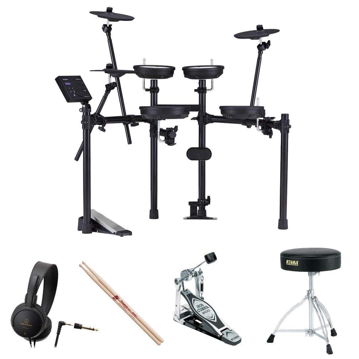 TD-07DMK オリジナルスターターパック ドラムの練習用途のために、ドラムメーカー「TAMA」のオプションをセットしました。演奏に必要なものが揃っていますので、セットアップが終わったらすぐに演奏が楽しめます。 ●フットボードのヒンジ部を強化、素早いアクションとしっかりした踏み心地が得られるパワーグライド・カムとアンダープレート式のTAMAキックペダル。 ●エントリークラスながら13インチの大型シートを採用、安定感のある三脚を採用したドラムイスの定番。 ●ヒッコリーの標準的なドラムスティック。 ●ドラムサウンドをモニターするヘッドフォンは小型軽量で使いやすいATH-EP100です。 セット内容 1.Roland TD-07DMK（電子ドラム本体） 2.TAMA HP200P（シングル・キックペダル） 3.TAMA HT130（ドラムイス） 4.TAMA ドラムスティック 5.ATH-EP100（モニターヘッドホン） 以上5点のまとめ売りです。 留意事項 ※ヘッドホンで演奏を楽しむセットです。モニタースピーカーは別売です。 ※この商品はイシバシ楽器で揃えたまとめ売りセット商品です。ローランド以外の製品をセットに含んでいます。 TD-07DMK 主な特長 ●音源モジュールTD-07は、25種類のプリセット・キットと143種類の音色を内蔵 ●各音色のエディットに加え、EQ、アンビエンス、30種類のマルチ・エフェクトにより、こだわりの音作りが可能 ●スネアとタムすべてにローランド独自のダブル・メッシュ・ヘッドを採用、好みのテンション（張り具合）に調節が可能 ●スネアには8インチのメッシュ・ヘッドを搭載したPDX-8を採用、ヘッド/リムの叩き分けが可能 ●スタンド一体型で設置面積を抑えたキック・パッド ●クラッシュ、ライドは、コンパクトな10インチのシンバル・パッドCY-5を採用、チョーク奏法に対応 ●ハイハットは、シンバル・パッドCY-5と、オープン〜クローズまで細かく表現が可能な低騒音設計のコントロール・ペダルを採用 ●耐久性、安定感を兼ね備えたスタンド ●メトロノームを内蔵。テンポはもちろん、拍子やリズム・タイプなど鳴らし方の設定も可能 ●リズム感を鍛えられるコーチ・モードを搭載、上達具合を把握できるので、練習のモチベーションもアップ ●DAWとの連携をシームレスに行えるUSB COMPUTER端子 ●クラッシュ・シンバルを1枚追加可能（シンバル・パッドとシンバル・マウントは別売です） キット構成 ○ドラム音源：TD-07 ○キック：KD-2 ○スネア：PDX-8 ○ハイハット：CY-5 ○ハイハット・コントロール・ペダル：ハーフ・オープン検出対応 ○タム：PDX-6A × 3 ○クラッシュ：CY-5 ○ライド：CY-5 ○ドラム・スタンド：4本支柱型ラック・タイプ