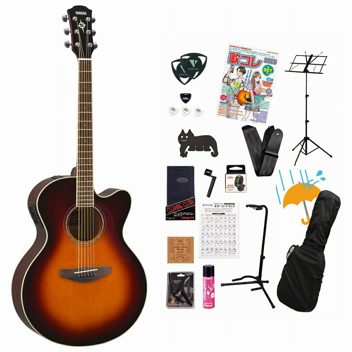 アコギ本体に必要なアクセサリーパックが付属するギター初心者向けてんこ盛りセット届いたその日から演奏をスタートできるから安心！まずは付属のコード表やYouTube初心者向け動画見ながらはじめてみましょう！▼アクセサリーセット内容(1)ギター本体：初心者向けにもイシバシ楽器がおすすめするアコギ本体です。(2)ソフトケース：ギター本体を保護するためのカバーです。持ち運びや収納に便利で、軽量で柔らかい素材でできています。(3)ギタースタンド：ギター本体を立てかけるための台です。使用しないときは、ギターを安定して置くことができます。最も安全に立てかける事の出来る、ネック支え付きのスタンダードなタイプが付属します。(4)クリップチューナー：ギターのチューニング（調律）をするための道具です。ギターのヘッドにクリップで取り付けて、弦の振動を感知して音程を表示します。クリップチューナーは、液晶画面やLEDライトなどで視認性が高く、簡単にチューニングできます。 (5)ギターストラップ：ギター本体を肩からかけるためのベルトです。立って演奏するときに必要なアクセサリーです。頑丈でシンプルな仕様のナイロン製ギター/ベース用ストラップが付属します。(6)カポタスト：特定のフレットを弦でまとめて押さえるための道具です。移調したり、弾きにくいコードを弾きやすくしたりできます。 曲によってカポの位置の指定がある場合が頻繁にありますので、弾き語りには必須アイテムです。　ワンタッチで装着できるクリップタイプのカポが付属します。通常セットには付かない金属製の頑丈なカポ、なんとブリッジピン抜きとしても使える優れものです。(7)クロス：ギター本体を拭くための布です。汚れや指紋、油分などを除去して、ギターの美観や音質を保つことができます。ガラス・レンズ用にも使用されるポーラー・フリース素材。柔らかく、吸水性にも優れた楽器用クロスが付属します。(8)ピック（3枚）：弦を弾くためのものです。ピックは、素材や厚み、形状などによって音色や弾き心地が異なります。　対磨耗性にすぐれ長持ち！マット感覚のソフトな手触りと弾き心地のHYPER TOUCH　-Triangle-　1.0mm が3枚付属します。(9)ピックケース：ピックを収納するためのものです。ピックは小さいので紛失しやすいので、ピックケースがあれば安心です。付属のピックが3枚とも収納でき、ギター本体に貼り付けておける両面シール付きです。(10)交換弦（1セット）：弦は消耗品なので定期的に交換する必要があります。交換弦は、素材やゲージ（太さ）、コーティングなどによって音色や耐久性が異なります。　付属のセット弦はAGS-200L　-Light-きらびやかなサウンドが特徴のフォスファーブロンズ弦が付属します。(11)ストリングワインダー：弦を巻くときに便利な道具です。ストリングワインダーは、ペグを回す部分と、ブリッジピンを抜く部分が一体になっています。ストリングワインダーを使うと、弦交換の時間を短縮できます。 (12)コード表（ギターコードマップ）：ギターのコードの押さえ方を示した表です。------------------------------------------------------(13)歌本（コードブック）：オールヒット曲2023（自由国民社）大人気楽曲365曲以上のメロディ／コードが掲載されている歌本です。米津玄師、Ado、Official髭男dism、King Gnu、SEKAI NO OWARI、藤井風、YOASOBI、Vaundy、松任谷由実、あいみょん、山下達郎、優里、Mr.Children、サザンオールスターズ、Tani Yuuki、back number、マカロニえんぴつ、BUMP OF CHICKEN、Saucy Dog、星野源、ずっと真夜中でいいのに。、Mrs. GREEN APPLE、Aimer…etc.心にしみる昭和歌謡から最新ヒット曲まで盛りだくさん！ギター&キーボードコード表つき(14)譜面台：歌本や楽譜を断然見やすく演奏しやすくしてくれるアイテム。専用ポーチ付きで持ち運びもラクラク！バネ式の譜面押さえが付いており、しっかりと譜面を押さえます。(15)スムースフィンガー（SF-8）:抗菌竹エキス配合の指板潤滑剤"スムースフィンガー"。運指が飛躍的に向上します。弦のサビ止めにも効果的で弦を長持ちさせます。(16)サイレントピック：アコギの音が小さく鳴るピックでアコースティックギターの音量を半分程度に抑えることができる練習用の消音ピックです。非常に薄いプラスチックで作られており、ピックのように使うだけで簡単に音量調節が可能です。サイレントミュートと同時に使うと更に消音効果アップします。(17)サイレントミュ〜ト♪：弦に挟むとアコギの音が小さくなるミュート、近所迷惑防止と練習にご利用ください。サイレントピックと同時に使うと更に消音効果アップします。三種類の個性豊かなキャラクターがそれぞれ6色あり、どれが入ってるかはお楽しみに?(18)レインカバー：撥水加工を施したポリエステル製のギグバッグ用レインカバーです。（※完全防水ではありません） クリアで抜けの良いサウンドを実現したボディに握りやすいネックを組み合わせたエレアコ「CPX600」シリーズ！ 「CPX600」は幅広い世代/キャリアのプレイヤーが永く使い続けられるよう手頃な価格でありながら、サウンド・演奏性・外観をブラッシュアップし、楽器としての高い品質を実現した、『CPX500 III』の後継機種モデルです。650mmだったスケールは634mmと少し短くなり、サウンドホールにはアバロン貝があしらわれています。 ＜　主な特徴　＞ ■ミディアムジャンボボディの豊かな響き ■弦長634mmにスリムなネック形状を採用。快適な押弦とスムーズな運指を実現 ■新たなブレイシングデザイン搭載。低音を抑えたクリアなサウンド ■ライブ演奏で存在感を発揮するピックアップサウンド ■アバロン貝をあしらった豪華なサウンドホールインレイ 胴厚とブレイシングデザイン トップ（表板）のブレーシングの配置が見直されたことで余分な低音がコントロールされており、ミディアムジャンボボディながらクリアで抜けの良いサウンドを奏でます。取り付けられたクリアピックガードはシンプルなデザインを損なうことなくストロークなどのピッキングによるダメージからボディを保護します。 演奏性の向上を目指したスリムなネック形状 スリムな指板幅（43mm）で握りやすいネックとこれまでの同シリーズより短めの弦長(スケール/634mm)で、押弦しやすくなり、コードチェンジなどの運指を楽にします。初心者の方や手の小さなお子様・女性にもおすすめのモデルです。 ピエゾ・ピックアップシステム 「SYSTEM 65」 アコースティックギターを使用したライブやバンド演奏には欠かせないピックアップ・システムには、ブリッジ下にセットされたバーセンサーピックアップと、「3バンドEQ」「AMFコントロール」「クロマチックチューナー」を搭載したプリアンプから成る1-wayピックアップシステムを搭載しています。※アルカリ単三電池（別売り）2本使用で、約180時間使用可能。 独自開発の各弦独立エレメント方式によりそれぞれの音を明確に拾うことができます。一般的なアンダーサドル型ピエゾピックアップに比べ、より高い精度とレスポンスに優れたピックアップです。 付属品：ソフトバッグ、メーカー保証書 ※画像はサンプルです。 ※予告なく仕様変更が行われることがあった場合、デザインや仕様などが記載と異なることがございます。また、複数のモールに掲載されているため、売却に伴う商品情報の削除は迅速を心掛けておりますが必ずしもリアルタイムではございませんので、ご注文後に万一売り切れとなっておりました際は誠に申し訳ございませんがご容赦くださいませ。 製品仕様胴型ミディアムジャンボカッタウェイ（クリアピックガード付）胴厚95-115mm弦長634mm指板幅43mm/52mm (上駒部/ネック接合部)表板スプルース合板裏/側板ナトー、メランティ他 合板ネックナトー他指板/下駒ローズウッド糸巻ダイキャストクローム（TM-29T）電装SYSTEM65(1wayモノラルP.U.)コントロールVol/3-band EQ/Tuner/Mid FQ(AMFコントロール)塗装グロス仕上げ付属品ソフトケース