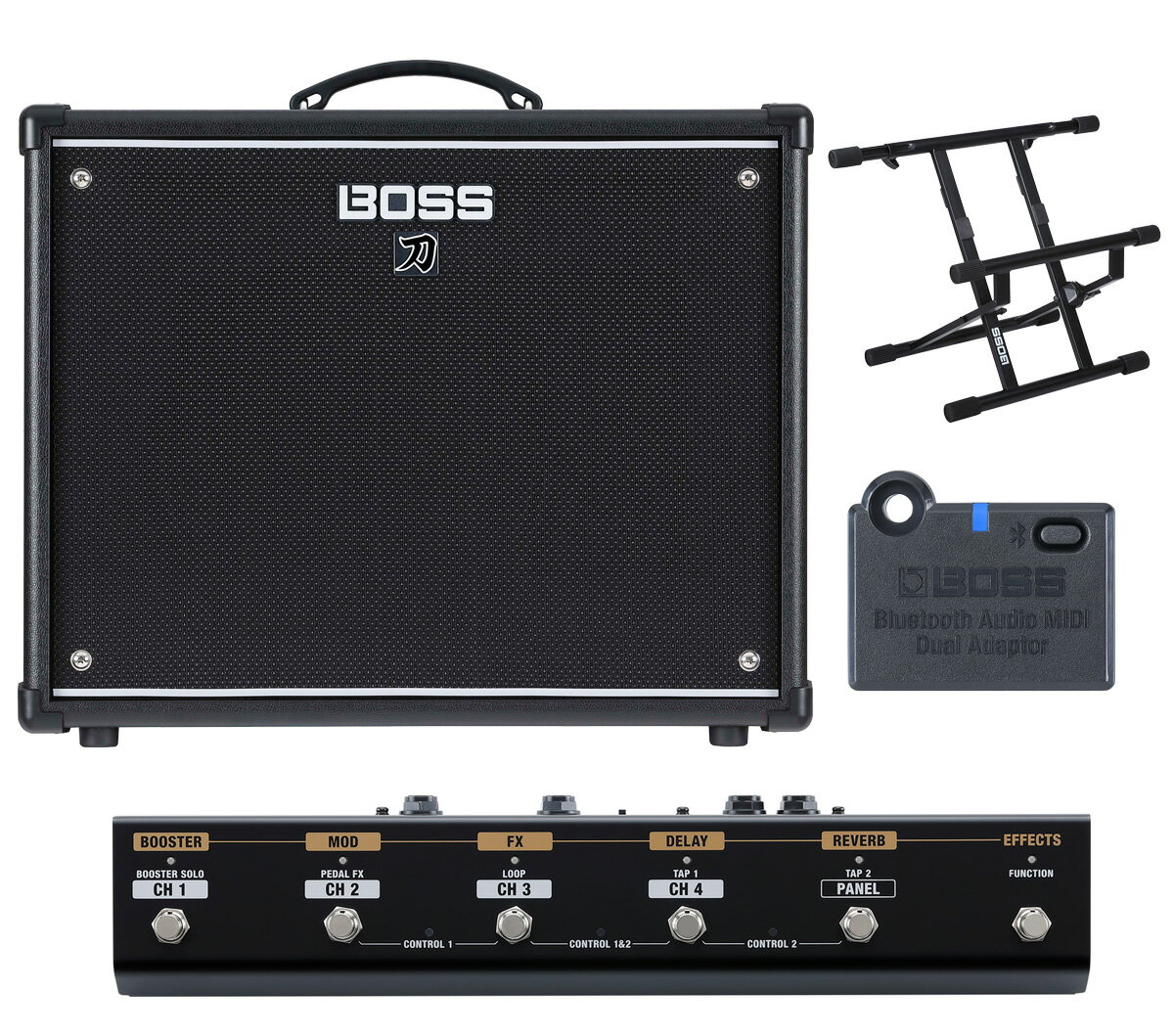 KATANA AMPは新たな世代へ ■機能拡張アイテム「BT-DUAL」「GA-FC EX Foot Controller」「BAS-1」との同時購入セット商品です。 〇BT-DUAL：Bluetooth Audio MIDI Dual Adaptor （BT-DUAL） を装着することで、 ワイヤレスによる専用アプリ （iOS/Android） の使用およびオーディオの再生が可能となります。 〇GA-FC EX Foot Controller： GA-FC/GA-FC EX Foot Controller を接続すれば、 足元で音色のコントロールが可能。シンプルなセットアップと直感的な操作感をベースに、さらに柔軟なコントロールが可能となります。 〇BAS-1：BOSS KatanaシリーズやRoland Blues Cubeシリーズなど、様々なコンボタイプのアンプに対応するスチール製の堅牢なアンプ専用スタンドです。BAS-1にアンプを設置することにより、自宅やスタジオ、リハーサル、ステージなどのシーンでお気に入りのサウンドをプレイヤーにより近い状態で安定してモニタリングすることが可能です。アンプの背面を支えるパイプの幅は調節可能であり、様々なサイズのアンプに対応します。持ち運びや収納にも便利な折り畳み式でセッティングは極めてシンプル。両足のアジャスターを調整することにより床面との微調整も可能です。 ＜KATANA-100 GEN 3＞ 定評あるアンプ・トーンに多彩なエフェクト、優れた機能性を凝縮し、12インチのカスタム・スピーカー1基と100Wの出力を備えたコンボ・アンプ 世界中で高く評価されているBOSSのKATANAシリーズがさらに進化しました。単純な機能追加にとどまらない本質的なサウンドのブラッシュアップに加え、演奏から音作りまで、ギターを手に取る毎日をいっそう楽しく快適にする新世代のアンプ、KATANA GEN 3シリーズです。数々の製品開発を経て磨き抜かれた「Tube Logic」が、アンプ・サウンドにさらなる表現力を実現。弾き手のニュアンスを存分に活かすべく新開発されたPUSHEDを含め、全12種類のアンプ・トーンを搭載しています。専用アプリもデザインを大幅にアップデートし、操作性を大きく向上しました。もちろんBOSSの多彩なエフェクトや豊富なアウトプットなど、充実した機能も健在。ライブに自宅での練習、レコーディングまで、あらゆるシチュエーションで活躍します。 〇進化したBOSSの 「Tube Logic」 が、 さらにダイナミックなサウンドを実現 〇新開発のPUSHEDを含む6つのアンプ ・ タイプ、 それぞれにおいて異なる2つのバリエーションを選択可能 〇5つの独立したエフェクト ・ カテゴリー （BOOSTER/MOD/FX/DELAY/REVERB） 〇サウンドの輪郭を際立たせる3種類のCONTOUR 〇スピーカー ・ キャビネットの響きに変化を加えるCABINET RESONANCEを切り替え可能 （VINTAGE/MODERN/DEEP） 〇カスタマイズ性、 操作性を向上した専用アプリBOSS TONE STUDIO （Windows/macOS） 〇作成した音色をTONE SETTINGとして8つまで保存、 呼び出しが可能 〇小音量でもダイナミックなクランク ・ アップ ・ サウンドを実現するPOWER CONTROL機能 〇オンライン ・ プラットホームのBOSS TONE EXCHANGEでユーザー同士が自由に音色を共有可能 〇KATANAシリーズ※で作成されたTONE SETTINGの読み込みにも対応 ※ KATANA:GO、 KATANA-MINI、 KATANA-AIR シリーズを除く ＜活躍の場を広げる豊富な入出力＞ ●プリアンプ ・ ペダルやマルチ ・ エフェクターとの接続に最適なPOWER AMP IN端子 ●2台のKATANA AMPを接続することでステレオ出力が可能なSTEREO EXPAND機能 ●エフェクト ・ ペダルの追加が可能なSEND/RETURN端子 ●ヘッドホンの接続が可能なSTEREO PHONES端子 ●IRベースの自然なサウンドを出力可能なLINE OUT端子 ●PCおよびモバイル端末※との接続でオーディオの録音/再生が可能なUSB Type-C端子 ※全ての機器およびソフトウェアとの動作を保証するものではありません。 ＜オプション品による機能拡張に対応＞ ●別売りのGA-FC/GA-FC EX Foot Controllerを接続すれば、 足元で音色のコントロールが可能 ●2つの外部フットスイッチとエクスプレッション ・ ペダルの接続に対応 ●別売りのBluetooth Audio MIDI DUAL Adaptor （BT-DUAL） を取付けることで、ワイヤレスによる専用アプリ （iOS/Android） の使用およびオーディオの再生が可能 ＜専用アプリBOSS TONE STUDIOと接続することで使用可能な機能＞ ●PCまたはモバイル端末上でのサウンド編集および管理 ●60種類を超えるBOSSエフェクトの使用、 細かなパラメーター設定や本体エフェクトの入れ替え ●RESONANCEおよびCONTOURのパラメーター調節 ●エフェクト ・ ブロックの接続順を直感的に編集 ●エフェクト ・ ブロックのアイコンを任意の画像へカスタマイズ ●STEREO PHONES、 LINE OUT、 USB Type-C端子より出力されるサウンドのタイプを選択およびカスタマイズ ●GLOBAL EQの設定 ●SEND/RETURN端子のレベルと配置 （POST AMP/POST REV）、 接続方法 （SERIES/PARALLEL） の設定 ■主な仕様 定格出力：100W 規定入力レベル：INPUT：-10dBu（1M Ω）、AUX IN：-10dBu （20k Ω）、RETURN IN：-10dBu（100k Ω） スピーカー：30cm × 1 コントロール：POWER スイッチ、PRESENCE つまみ、MASTER つまみ、SOLO ボタン、POWER CONTROL スイッチ（STANDBY、0.5W、HALF、MAX）、CAB RESONANCE スイッチ（VINTAGE、MODERN、DEEP） ＜ AMPLIFIER ＞ VARIATION ボタン、AMP TYPE スイッチ（ACOUSTIC、CLEAN、PUSHED、CRUNCH、LEAD、BROWN）、GAIN つまみ、VOLUME つまみ ＜ EQUALIZER ＞ CONTOUR つまみ、BASS つまみ、MIDDLE つまみ、TREBLE つまみ ＜ EFFECT ＞ BOOSTER ボタン、MOD ボタン、FX ボタン、DELAY ボタン、REVERB ボタン、TAP ボタン、BOOSTER つまみ、MOD つまみ、FX つまみ、DELAY つまみ、REVERB つまみ ＜ TONE SETTING ＞ CH1 ボタン、CH2 ボタン、CH3 ボタン、CH4 ボタン、PANEL ボタン ＜ STEREO EXPAND ＞ STEREO EXPAND スイッチ インジケーター：VARIATION、ACOUSTIC、CLEAN、PUSHED、CRUNCH、LEAD、BROWN、CONTOUR、BOOSTER、MOD、FX、DELAY、REVERB、TAP、SOLO、CH1、CH2、CH3、CH4、PANEL 接続端子：INPUT 端子：標準タイプ、POWER AMP IN：標準タイプ、LINE OUT 端子：標準タイプ、SEND 端子：標準タイプ、RETURN 端子：標準タイプ、STEREO PHONES 端子：ステレオ標準タイプ、EXP PEDAL 端子：TRS 標準タイプ、GA-FC/CTL CH1/CH2 SOLO 端 子：TRS 標準タイプ、AUX IN 端子： ステレオ・ ミニ・ タイプ、USB 端子 :USB C タ イ プ、 Bluetooth ADAPTOR SLOT：Bluetooth Audio MIDI Dual Adaptor、AC IN 端子 電源：AC100V（50 / 60Hz） 消費電力：77W 外形寸法（ハンドル、ゴム足含む）：530（幅）× 248（奥行）× 484（高さ）mm 質量：14.8kg 付属品：取扱説明書、電源コード、2P-3P 変換器、保証書、GA-FC シール、ローランド ユーザー登録カード 別売品：フットスイッチ：BOSS FS-5L、BOSS FS-6、BOSS FS-7/エクスプレッション・ペダル：Roland EV-5、BOSS EV-30、BOSS FV-500L、BOSS FV-500H/GA FOOT CONTROLLER（GA-FC、GA-FC EX）/Bluetooth Audio MIDI Dual Adaptor（品番　BT-DUAL）/ アンプスタンド：BAS-1 ※画像はサンプルです。