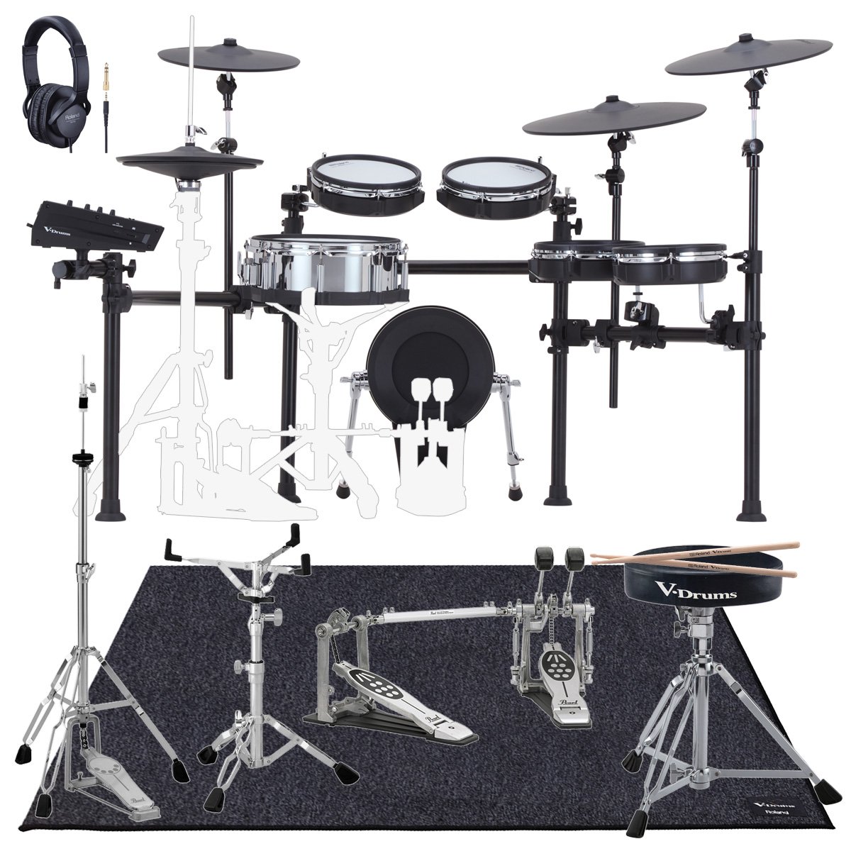 Roland / TD713 V-Drums ツインペダル・フルセット パール・ハードウェアと純正オプションMIXセット w/ Vドラム・マット【PNG】