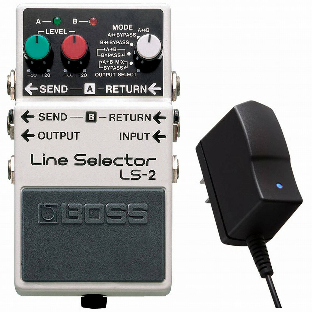 ■別売りの純正ACアダプター「PSA-100S2」との同時購入セット商品です。 〇BOSS アダプター PSA-100S2：BOSSコンパクト・シリーズ、マルチ・エフェクツMEシリーズなどに電源を供給するACアダプター。入力電圧：AC100〜240V（50〜60Hz）、出力電圧：DC9V/ 最大出力電流：500mA、ケーブル長：2m。 多彩なセッティングを集中コントロール A/Bそれぞれのラインの出力を調整可能。ライン・セレクト・モードは6種類。アンプの切り換えや、ソロとバッキング時の音量コントロールなど多彩に活躍。ほかのコンパクト・シリーズへの電源供給も可能。 ■主な仕様 規定入力レベル：-20dBu 入力インピーダンス：1MΩ 規定出力レベル：-20dBu 出力インピーダンス：1kΩ 推奨負荷インピーダンス：10kΩ以上 バイパス：バッファード・バイパス コントロール： MODE切り替えスイッチ LEVELつまみA／B ペダル・スイッチ インジケーター：ライン・インジケーターA／B（バッテリー・チェック兼用） 接続端子： INPUT端子：標準タイプ SEND端子A／B：標準タイプ RETURN端子A／B：標準タイプ OUTPUT端子：標準タイプ DC IN／OUT端子 電源： マンガン電池（9V形）またはアルカリ電池（9V形） ACアダプター（別売） 消費電流：30mA 連続使用時の電池の寿命： マンガン電池：約14.5時間 アルカリ電池：約29.5時間 ※使用状態によって異なります。 付属品： 保証書 チラシ（安全上のご注意、使用上のご注意、サービスの窓口） マンガン電池（9V形、本体に接続済み） 別売品： パラレル DC コード：PCS-20A ■外形寸法/質量 幅 (W)：73 mm 奥行き (D)：129 mm 高さ (H)：59 mm 質量：430 g ※画像はサンプルです。