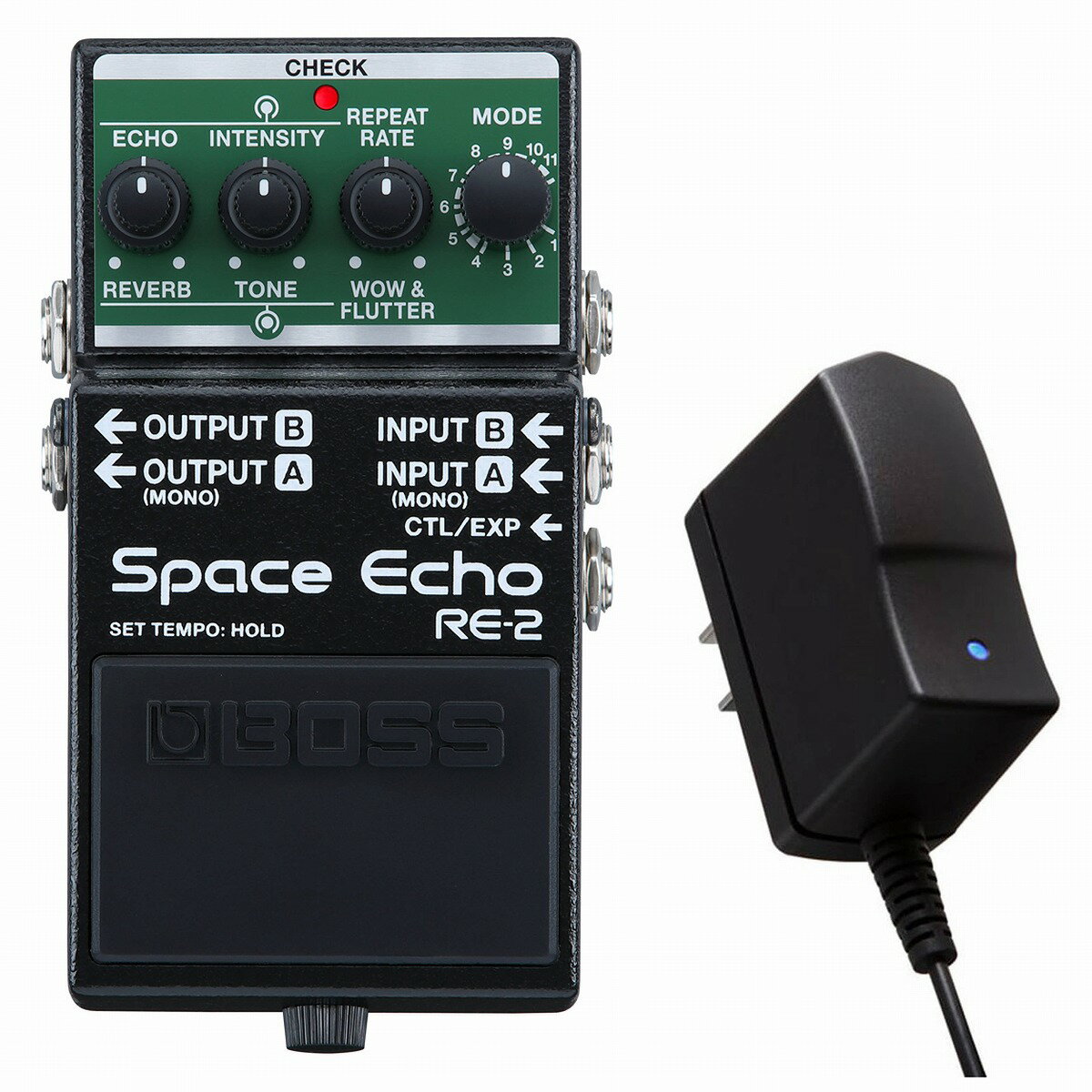 ■別売りの純正ACアダプター「PSA-100S2」との同時購入セット商品です。 〇BOSS アダプター PSA-100S2：BOSSコンパクト・シリーズ、マルチ・エフェクツMEシリーズなどに電源を供給するACアダプター。入力電圧：AC100〜240V（50〜60Hz）、出力電圧：DC9V/ 最大出力電流：500mA、ケーブル長：2m。 Space Echoの魅力を凝縮したコンパクト・ペダル 1974年にリリースされたRoland RE-201 Space Echoは、歴代のエフェクト・ユニットにおいて、最も人気のあるモデルの1つです。約15年間に渡り生産され、そのリズミカルで温かみのあるサウンド・キャラクターが、ギタリストやプロデューサー、マニピュレーター等、多くのミュージシャンの創造力を刺激しました。 RE-2は、かつてないレベルでSpace Echoを再現したコンパクト・ペダルです。オリジナルを知り尽くしたBOSSが、サウンドと挙動まで再現したRE-2には、ミュージシャンが心地よいと感じるSpace Echoの魅力が凝縮されています。 ■Features ◯Roland RE-201 Space Echoのサウンドと振舞いを、かつてないレベルで再現したコンパクト・ペダル ◯温かみのある唯一無二のエコー・サウンドは、オリジナルの2倍の長さで使用可能 ◯オリジナルの内蔵SPRING REVERBを完全再現 ◯3つの再生ヘッドとリバーブを組み合わせることで11種類のサウンド・バリエーションを実現 ◯RE-201の独特なエコー音の揺らぎを再現可能なWOW＆FLUTTERノブ ◯本体のフットスイッチを長押しすることで、タップ・テンポの入力、またはTWIST効果を得ることが可能 ◯ダイレクト音は、アナログ・ドライ・スルーとRE-201のプリアンプ・シミュレート・サウンドから選択して出力可能 ◯キャリーオーバー・スイッチにより、エフェクトをOFFした際に残響を残すか、残さないかを選択可能 ◯ステレオ対応の入出力端子を装備 ◯外部フットスイッチやエクスプレッション・ペダルを接続することで、様々なパラメーターを足元でコントロール可能 ◯安心の長期5年保証 ■伝説の名機“Space Echo” テープ式エコーが主流だった1970年代、Roland RE-201 Space Echoは異彩を放っていた名機です。等間隔で配置された3つの再生ヘッドにより、リズミカルなエコーを実現。 テープに発生する摩擦や録音／再生のメカニズム、モーターの挙動など、多数の要素が複雑に影響し合うことで、心地よいエコー音を生み出します。内蔵のSPRING REVERBとサウンドが混ざることで唯一無二の世界観を作ることができます。また、アナログのプリアンプ部では接続した楽器の魅力を引き出すエッセンスが加えられ、多くのミュージシャンがSpace Echoのサウンドの虜になりました。 ■名機の魅力を凝縮 長い年月を経て、BOSSは新たなSpace Echoの開発 に着手。長年に渡り蓄積してきた膨大なデータに加え、自社で保管している貴重なミント・コンディションのRE-201を含む複数の個体を徹底的に再解析しました。テープに発生する摩擦や録音／再生のメカニズム、モーターの挙動、プリアンプのキャラクター、テープのコンディション、Z型に張られたSPRING REVERBなど、全てにおいて慎重に検証を重ねることで、今まで明らかになっていなかったサウンドのメカニズム まで完全に解明しました。RE-2はSpace Echoのサウンドや挙動をかつてないレベルで再現したコンパクト・エフェクターで、ペダルボードのスペースを気にせず配置できます。 ■徹底したこだわり RE-2のMODEノブでは、再生ヘッドの組み合わせを11種類から選択可能。SPRING REVERBとECHOのLEVELノブは独立しているため、2つのバランスを自在にコントロールできます。 WOW&FLUTTERノブでは、磁気テープの回転が不安定になることで発生する、自然なモジュレーション効果がコントロール可能。REPEAT RATEノブを回した際に発生する滑らかなピッチの変化 や、INTENSITYを上げた際に発生する強烈な発振も、まさに正真正銘のSpace Echoです。 ■深化したSpace Echoの魅力 RE-2は、現代のミュージシャンが必要とする多くの機能を備えています。REPEAT RATEはオリジナルの2倍の長さまで拡張可能。ペダルを長押しすることで、タップ・テンポ機能や、エコー音を激しくうねらせるTWISTのコントロールが行えます。入力はステレオ対応となっているため、広がりのあるリバーブ効果を存分に発揮。ペダルの上部にはCARRY OVERのON/OFFスイッチを搭載しているため、エフェクトをオフにした際にエコー音を残すか否かまで、簡単に設定できます。ダイレクト音は、色付けのないドライ・スルー、若しくはRE-201のプリアンプ・シミュレート・サウンドから選択可能。ステレオの入出力やミュートにも対応しているため、楽器の接続はもちろん、PAミキサーの外部エフェクトとしても活躍します。CTL/EXP端子を備えているため、外部フットスイッチでタップ・テンポやTWISTのコントロール、エクスプレッション・ペダルで任意のパラメーターを複数同時に制御することも可能。演奏しながらSpace Echoの特徴的な発振音を生み出すこともできます。 ■主な仕様 モード：11種類 バイパス：バッファード・バイパス コントロール： MODEつまみ REPEAT RATEつまみ WOW & FLUTTERつまみ INTENSITYつまみ TONEつまみ ECHOつまみ REVERBつまみ CARRYOVERスイッチ ペダル・スイッチ インジケーター： CHECKインジケーター（バッテリー・チェック兼用） 接続端子： INPUT A（MONO）、INPUT B、OUTPUT A（MONO）、OUTPUT B端子：標準タイプ CTL/EXP端子：TRS標準タイプ DC IN端子 電源： アルカリ電池（9V形） ACアダプター（別売） 消費電流：75 mA 連続使用時の電池の寿命：アルカリ電池：約4.5時間※使用状態によって異なります。 付属品： 保証書 チラシ（安全上のご注意、使用上のご注意、お問い合わせの窓口） アルカリ電池（9V形）；本体に接続済み 別売品： フットスイッチ：FS-5U デュアル・フットスイッチ：FS-6、FS-7 エクスプレッション・ペダル：FV-500H、FV-500L、EV-30、Roland EV-5 ■外形寸法/質量 幅 (W)：73 mm 奥行き (D)：129 mm 高さ (H)：59 mm 質量：450 g ※画像はサンプルです。 製品仕様●モード11 種類●規定入力レベルINPUT A（MONO）、INPUT B：-20dBu●最大入力レベルINPUT A（MONO）、INPUT B：+7dBu●入力インピーダンスINPUT A（MONO）、INPUT B：1M Ω●規定出力レベルOUTPUT A（MONO）、OUTPUT B：-20dBu●最大出力レベルOUTPUT A（MONO）、OUTPUT B：+7dBu●出力インピーダンスOUTPUT A（MONO）、OUTPUT B：1k Ω●推奨負荷インピーダンスOUTPUT A（MONO）、OUTPUT B：10k Ω以上●バイパスバッファード・バイパス●コントロールMODE つまみ、REPEAT RATE つまみ、WOW & FLUTTER つまみ、INTENSITY つまみ、TONE つまみ、ECHO つまみ、REVERB つまみ、CARRYOVER スイッチ、 ペダル・スイッチ●インジケーターCHECK インジケーター（バッテリー・チェック兼用）●接続端子INPUT A（MONO）、INPUT B、OUTPUT A（MONO）、OUTPUT B 端子：標準タイプ、CTL/EXP 端子：TRS 標準タイプ、DC IN 端子●電源アルカリ電池（9V 形）、AC アダプター（別売）●消費電流75mA●連続使用時の電池の寿命アルカリ電池：約 4.5 時間　※使用状態によって異なります。●外形寸法73（幅）× 129（奥行）× 59（高さ）mm●質量（乾電池含む）450g●付属品保証書、チラシ（安全上のご注意、使用上のご注意、お問い合わせの窓口）、アルカリ電池（9V 形）；本体に接続済み●別売品AC アダプター：PSA-100、フットスイッチ：FS-5U、デュアル・フットスイッチ：FS-6、FS-7/エクスプレッション・ペダル：FV-500H、FV-500L、EV-30、Roland EV-5※ 0dBu ＝ 0.775Vrms※仕様およびデザインは改良のため予告なく変更することがあります。