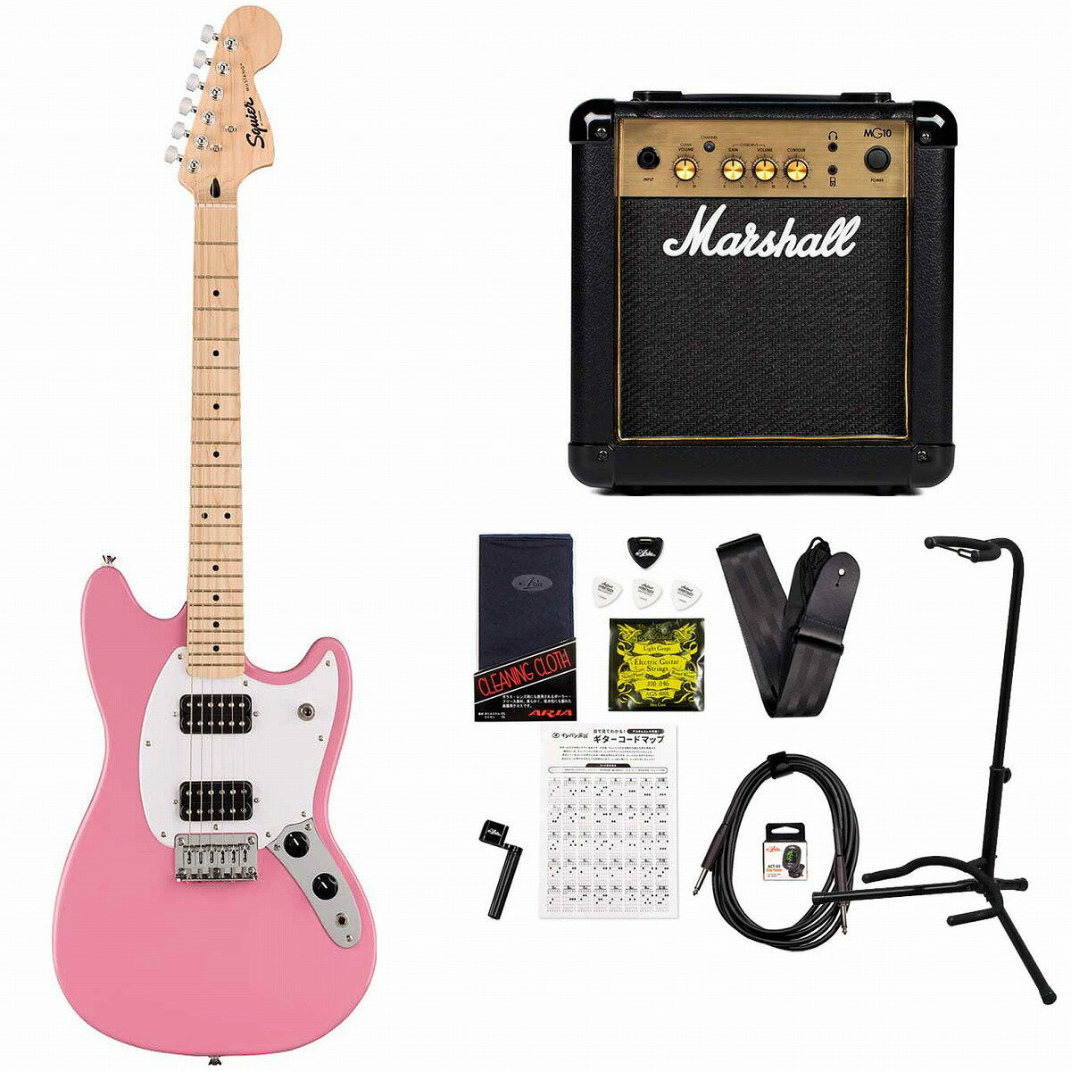 Squier by Fender / Sonic Mustang HH Maple Fingerboard White Pickguard Flash Pink スクワイヤー MarshallMG10アンプ付属エレキギター初心者セット【YRK】《+4582600680067》