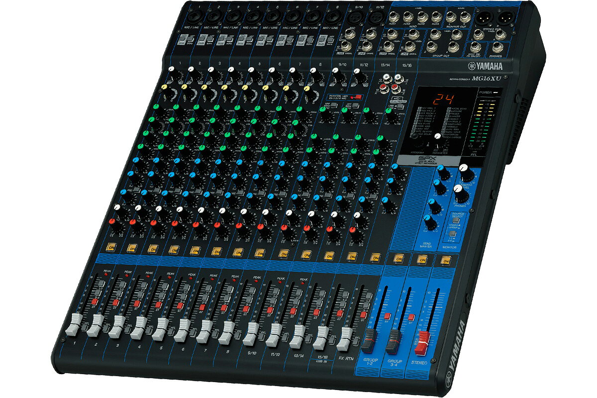 D-PRE　(D-PRE ディスクリート Class-A マイクプリアンプ) トータル的な音質を左右し、ミックスの方向性を示唆するのは音の入り口であるマイクプリアンプであり、そこに最大限の努力を傾けること。 それが我々が到達した答えでした。この目的のために作り上げたのがディスクリートClass-Aマイクプリアンプ「D-PRE」です。ヤマハがハイエンドレコーディング機器のために開発したプレミアムなこのマイクプリアンプは、ミキシングコンソールMGPシリーズにも装備されその音質は各方面のエンジニアから高い評価を得ています。その優れたサウンドの秘密は回路デザインにあります。D-PREマイクプリアンプには高級オーディオアンプで使用されてきたインバーテッドダーリントン回路を採用し、その回路は増幅素子を多段構成にすることで、大電流と低インピーダンスを実現しました。結果、そのサウンドは中低域にハリと艶を持たせたスムースな質感をベースに、太く、そしてナチュラルな開放感、空気を感じることができます。マイクプリアンプには、使い方や用途によって、敢えて特徴的な色付けを行うものがある一方、それぞれの音色の持ち味をそのまま自然に増幅するものまで様々ですが、D-PREは高品位にありのままのキャラクターを再現する「原音忠実」を目指し、丁寧にチューニングされ、全周波数帯域に渡りフラットな特性に仕上げました。 演奏者の表現力や個々の楽器のもつ本来の音をあますことなく増幅し、思い描いたサウンドへ最短距離で進むことができます。 ハイクオリティなサウンドの鍵はオペアンプにあり マイクプリアンプを構成する部品であるオペアンプは、サウンドクオリティを左右する重要なファクターであることは周知の事実です。ヤマハはMGシリーズの開発にあたり、新たに高品質のカスタムメイドオペアンプ"MG01"を開発しました。 世にある多くのオペアンプは電気的な特性や効率性を重視しますが、私達はまず「音質」に重点を置きこのオペアンプを作り上げました。 MG01オペアンプは、内部部品や配線を最適化し、さらに優れた特性を示す高品質のシリコンウェハーと銅線などの材料を吟味し開発した自信作です。 ファンタム電源とPADスイッチ MGシリーズは、ワイドな周波数特性と高音質が特徴のコンデンサーマイクを使用するのに必要なファンタム電源を装備しています。また入力信号のレベルを減衰させるPADボタンも装備。高出力のソースが入力されてもワンタッチで歪みのない適正な入力レベルに設定でき、常にクリアなミックス環境を提供します。 ノブ1つでプロの音に近付く1ノブコンプ 経験豊富なエンジニアがコンプレッサーを駆使すれば、サウンドはより優れたものに生まれ変わります。ギターは生き生きと、ベースラインはパンチが効き、スネアはタイトに、そしてボーカルはよりクリアに。そのような技術をたった1つのノブで表現したのがヤマハの1ノブコンプです。難しい名前や動作原理を覚える必要なく、また新たにコンプレッサーを接続することなく、ボーカルから楽器まで最適なコンプレッション効果を得られ、本格的なサウンドを実現します。 EQとハイパスフィルター 信頼性の高いイコライザーほど音作りに欠かせないものです。MGシリーズには、様々なソースを的確にコントロールするために、MG10以上のモノラルチャンネルには3バンドのEQを装備し、さらにMG16以上はMIDの周波数が可変できるパラメトリックタイプを装備しよりきめ細やかな音作りが可能。長年培ってきたヤマハのプロオーディオ設計の理念がここに宿っています。また、不要な低周波を取り除き、よりクリアなミックス操作のためにハイパスフィルターを各モノラルチャンネルに装備しました。 フレキシブルに使えるAux / Effect センド MGシリーズ（MG06X / MG06は除く）にはAUXセンド機能が搭載されており、外部エフェクトやレコーディング機器、モニターシステムへ信号を送ることができます。また、マスターセンドコントロールも装備しました。 MG10XU / MG06X / MG10 / MG06にはステレオバスを1系統装備し、その他のモデルにはステレオグループバス/アウトを1、または2系統装備し、ミックスに便利なチャンネルのグループ化が簡単に行えます。ステレオ/グループのバスのアサインスイッチは、操作しやすいよう各チャンネルのフェーダーの横に配置しました。 SPXデジタルエフェクト エフェクト処理はサウンドをより豊かに、そして完成度の高いものへと昇華させます。XU / Xモデルに搭載されたSPXデジタルマルチエフェクトプロセッサーは、あらゆる現場に対応するエディット可能な24種類（MG06Xは6種類）のプログラムが用意され、サウンドをさまざまに色付けすることができます。自然でリアルなその高品位なリバーブとディレイサウンドに圧倒されるはずです。 オプションのフットスイッチFC5を接続すればフット操作でエフェクトのオン/オフが行えます。（MG20XU / MG16XU / MG12XU / MG10XU） チャンネルを最大限に利用できるモノラル入力チャンネル モノラル入力には高品質で名高いノイトリック社製コンボジャックを装備し、マイクとラインレベルの両方の信号を入力できます。音量レベルの高いソースに対応する26dBのパッドも装備しています。またMG12以上のステレオライン入力にも標準XLR端子を装備し、チャンネルをフル活用できます。 ソースを選ばないステレオ入力チャンネル ステレオ入力はモデルによって端子構成を吟味しました。MG20XU / MG16XU / MG12XU / MG20 / MG16 / MG12は、ステレオチャンネルでありながらモノラルのXLR端子も使用できるチャンネルを装備し、モノラル/ ステレオラインレベル、モノラルマイクレベルの信号を入力できます。さらに2つのフォーン端子とステレオRCAピン端子のコンビネーションも装備し対応ソースは万全です。（MG06X / MG06は2つのフォーン端子の2系統） フレキシブルな出力構成の出力チャンネル 小型モデルではメインのXLRアウトが省略される傾向にありますが、全モデルでXLR端子とフォーン端子を装備し完全プロ対応としました。 ヘッドフォン端子はもちろん、MG10以上にはモニターアウト、MG12以上にはグループアウトを装備しフレキシブルな出力が可能となります。 LEDレベルメーター 正確なレベルのモニタリングを可能にする12ポイント（MG06X / MG06は7ポイント）のLEDレベルメーターは出力レベルを高精度で表示し、かつ視認性に優れています。 UD20140522
