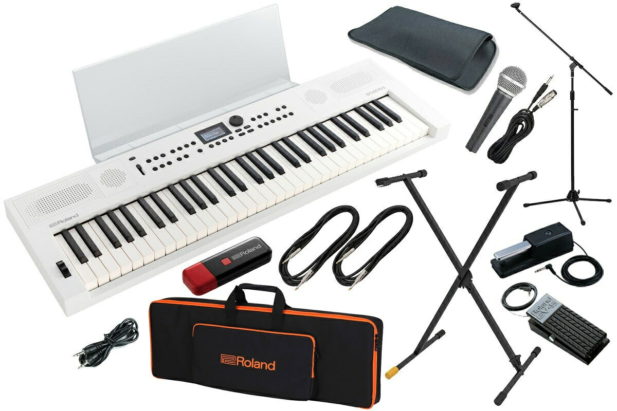 LIVEに便利なアクセサリーがセット！ セット内容 ● Roland / GOKEYS5-WH (GO:KEYS 5) ホワイト ● Roland / MRGKS3/5 (専用譜面立て) ● Roland / WC-1 (Roland Cloud Connect)【1年間のRoland Cloud Proメンバーシップ付属】 ● Roland / CB-V61 (背負える 純正キャリング・バッグ) ● Roland / DP-10 (ダンパーペダル) ● Roland / EV-5 (エクスプレッションペダル) ● HERCULES / KS100B (組立・分解可能 X型キーボードスタンド) ● 3m シールドケーブル 2本 ● CUSTOMTRY / CM-2000 (スイッチ付ダイナミックマイク)【XLR - 1/4"Phone 5mマイクケーブル付属】 ● ブーム式マイクスタンド (ケース・マイクホルダー付属) ● ステレオミニケーブル ● 小物入れ等に便利なスリーブバッグ ミュージシャンへの扉を開こう あなたが常に音楽に囲まれた生活を送っているなら、このGO:KEYS 5でミュージシャンへの第一歩を踏み出してみませんか？GO:KEYS 5には、鍵盤演奏、弾き語り、そして音楽制作をも楽しめる機能を多数搭載。楽器に触れているだけであなたの隠れた創造性が刺激され、次々と音楽のアイデアが溢れてきます。そして、奥深いGO:KEYS 5の各機能が、あなたの音楽スキルの向上を末永くサポートします。GO:KEYS 5は、あなたのミュージック・クリエイティビティを解放する”鍵”となることでしょう。 さあ、音楽クリエイターとして出発しましょう 音楽を学び、表現するのは難しいことだと思っていませんか？ GO:KEYS 5なら、あなたの音楽に対する情熱を創造性に変換し、具現化するお手伝いができます。楽典の知識も、楽器演奏の経験も、GO:KEYS 5との対話には一切必要ありません。 刺激的な楽器の宝庫です 実績あるミュージシャンは、たったひとつの音色から新しい音楽のアイデアが浮かぶと言います。GO:KEYS 5には、50年以上にわたり世界中の音楽シーンを彩ってきた1,000種類以上の音色を収録。ピアノ、ギター、ドラム、シンセサイザーなど馴染みのある楽器の音から、大編成の壮大なオーケストラを再現できる音色まで。あらゆる音楽表現が可能なサウンドが、あなたを待っています。 名曲が魔法のように生まれます 創造性を刺激されたら、自動伴奏に合わせてあなたのメロディーを奏でたり、アルペジオによるフレーズ生成を試してみましょう。GO:KEYS 5には、自動伴奏を音楽的に奏でるためのコード進行パターンを300種類以上収録。有名なコード進行を選択すれば、あなたのアイデアはたちまちヒット・ソングに並ぶ完成度になります。また、誰も知らない新しいコード進行を記録させることも可能です。 リミックス、マッチング 自動伴奏とコード進行がマッチングできたら、リミックス・プロデューサーになった気分で曲の構成を考えていきましょう。ドラムやベースなど、各パートをタイミングよくOn / Offして楽曲に緩急を付けたり、フレーズや音色を思い切って変更してもいいでしょう。楽曲全体の明るさを変えたり、ジェット機のような効果を与えたりと、DJパフォーマンスのような表現も思いのままです。 バンド・マスターも、あなたです 楽曲の構成が決まったら、バーチャル・バンドのメンバーを引き連れて前に進みましょう。指揮者のように指1本でGO:KEYS 5 の鍵盤を押さえれば、バンド・メンバーは素晴らしい演奏をみせてくれます。あなたが右手でメロディー、左手でコードが弾けるようになれば、バンドの演奏はよりダイナミックに、より情熱的なものへと進化していきます。 あなたの美声を響かせましょう 自分の歌声にあまり自信がありませんか？マイク・インプットと強力なボーカル・エフェクターが搭載されているGO:KEYS 5なら、そんな不安も解消されます。高品質なリバーブを使ってホールでの歌唱を再現したり、コード進行や自動伴奏にマッチするコーラス /ハーモニーを生成したり、近年のヒット曲でもお馴染みのロボット・ボイスの表現も可能です。 録って、聴かせて GO:KEYS 5 で行われていることは、すぐに録音して聞かせることができます。自分の演奏をプレイバックして練習上達に活かすことも、アイデアを友人やオンラインの仲間と共有することも簡単です。 いつもそばにいる”相棒”です ミュージック・クリエーションに必要な要素を全て備えたGO:KEYS 5 があれば、いつでも音楽と触れ合うことができます。ステレオ・サウンド・システムとパッシブ・ラジエーターは、大音量と重低音を実現。こっそり楽曲のアイデアを練りたい場合にはヘッドホンも使用可能。また、単3乾電池による駆動にも対応しており、セットアップも非常にスピーディです。 繋げて、聴いて、演ってみて 新しい刺激を得るには、お気に入りの音楽を聴き返すのが一番。GO:KEYS 5は、Bluetooth、USBメモリー、オーディオ入力など、様々な方法で音楽を再生可能。センター・キャンセルで楽曲のボーカルを消せば、歌の練習もできるでしょう。また、BluetoothMIDI、USBオーディオ/MIDIにも対応。PC/タブレット/スマートフォンのAppと接続し、新しい音楽制作の扉を開くことも容易です。 Roland Cloudから、好きなだけ Roland Cloudには、GO:KEYS 5で使用可能な音色ライブラリーSound Pack/EXZ Wave Expansion、自動伴奏スタイルZ-Style Packがスタンバイ。世界中のサウンド・デザイナーによる膨大な追加コンテンツが、あなたの音楽創造の可能性を引き上げます。また、Roland Cloud Connect（別売）に対応。スマートフォン/タブレットからワイヤレスでコンテンツを確認したり、直接本体へダウンロードすることも可能です。 鍵盤演奏を学べるアプリケーション「Melodics(TM)」に対応 GO:KEYS 5は、鍵盤演奏を楽しく効果的に習得できるアプリケーション「Melodics(TM)」*に対応。鍵盤演奏の習熟度に応じた課題曲が用意されており、正しいタイミングで演奏できたかどうかリアルタイムに判定。自分の演奏が客観的に評価されることで、練習のモチベーション維持につながります。*Melodicsが提供するキーボード・レッスンの一部を利用できるプラン「Melodics Essentials for Roland」を、Roland Cloudにてご購入いただけます。*現時点では本サービスは英語でのご提供となります。レッスンをご利用いただくにはMelodics上でのアカウント作成が必要です。