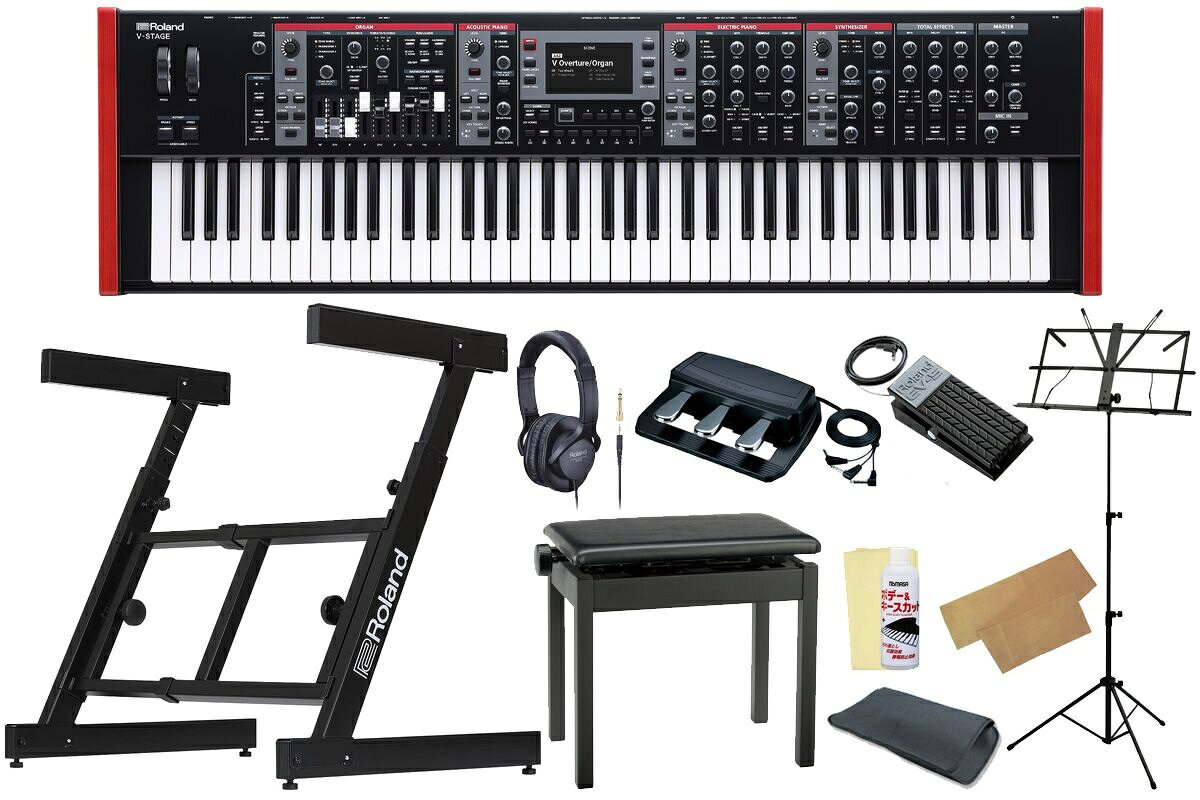 Z型キーボードスタンド、高低自在ピアノ椅子、3本ペダル、その他充実のアクセサリー品が揃ってお買い得！更に、お手入れセット、キーカバー、当店オリジナル・スリーブバッグをプレゼント！ セット内容 ●Roland / V-STAGE76 ●Roland / KS-11Z (Z型キーボードスタンド) ●Roland / BNC-05BK2 (高低自在ピアノ椅子) ●Roland / RPU-3 (3本ペダル・ユニット) ●Roland / EV-5 (エクスプレッション・ペダル) ●Roland / RH-5 (ヘッドホン) ●折りたたみ式譜面台 ●お手入れセット (クリーニングクロス・ポリッシュ) ●キーカバー ●小物入れ等に便利な、当店オリジナル・スリーブバッグ オールインワンのステージ・キーボードを新たな次元へと引き上げる、究極のパフォーマンスを求めるプレイヤーのためのキーボード「V-STAGE」 V-STAGEは、ローランドのプレミアム・サウンド・テクノロジーと、ステージ・パフォーマンスを追求した専用のワークフローを融合させ、プロミュージシャンが求める汎用性とレスポンスに対応します。4種類の専用サウンド・エンジン、スマートで直感的なインターフェース、卓越したプレイアビリティにより、比類のない音楽表現と最高のパフォーマンスを実現します。先鋭的なサウンド V-STAGEに搭載された4種類の独立したサウンド・エンジンは、ローランドの長年に渡る研究開発により、時代を超越する鍵盤楽器の魅力を驚くほど詳細に再現し、没入感のある演奏体験を実現しています。サウンドをリアルタイムでシームレスに組み合わせ、思いのままに調整可能。常に最高の音楽体験を堪能することができます。アコースティック・ピアノ 2台のグランド・ピアノ、アップライト・ピアノ、そしてビロードのような独特のサウンドを持つ新規サウンドのフェルト・ピアノを含む、表現力豊かな4種類のピアノ・サウンドを搭載。卓越したV-Pianoテクノロジーにより、リアルな音響特性と豊かな音色の深みを実現しています。全ての鍵盤に仮想的な弦を張り、精巧にモデリングされたハンマーのアクション、響板素材などにより押鍵タイミングによる音色表情まで繊細に表現します。また、Brightness、Stereo Width、キータッチなどの調整が可能。さらにPiano Designerを使用してさらに深く掘り下げ、キャラクターや共鳴音、その他の詳細なパラメーターを自在に設定することも可能です。エレクトリック・ピアノ 美しくリッチなTine EP、パンチの効いたReedモデル、1980年代のローランドのデジタル・アイコン、レトロなクラビネットのソウルフルなテイストなど、往年のエレクトリック・ピアノのサウンドを存分に味わうことができます。柔軟なトーンシェイピングとアーティキュレーション・コントロールを備えた新規開発のサウンド・エンジンにより、幅広い音作りに対応します。パワフルなSOUND LIFTノブを使用すると、ソフトに弾いた時のエレクトリック・ピアノ特有の繊細なディテールを維持しながらも存在感を与え、バンドの中でも抜ける音で演奏することが可能。専用のトレモロ、アンプシミュレーター、厳選されたMFXを搭載し、さまざまなジャンルや雰囲気にマッチする鮮やかなEPサウンドを簡単に作成できます。オルガン ローランドのVirtual Tone Wheel音源を搭載したダイナミックな3レイヤーのコンソール・オルガン。実際のトーン・ホイール機構の微妙な動作を忠実にモデリングし、キークリックやリーケージ・ノイズの調整も可能。どこまでもリアルな演奏体験を実現します。2種類の60年代トランジスタ・コンボ・モデルとパイプ・オルガンも搭載し、さらに汎用性が向上。ハーモニックバーとパーカッション・コントロールは、瞬時のサウンドシェーピングに対応します。強力なオーバードライブ、ビブラート/コーラスに加え、ロータリー・スピーカー・エフェクトはマイクポジションの設定や、ロータリー・スピード、ブレーキコントロール用に瞬時にアクセスできる専用のボタンも搭載しています。シンセサイザー 400種類以上のZEN-Coreトーンを搭載し、ソロパートだけでなく他のサウンドとレイヤーして効果的に演出できます。2種類のサウンドを同時に使用可能で、アタックやリリース、フィルターなどのシェイピングを直感的に行えるコントロールを搭載。また、V-STAGEはRoland CloudのZEN-CoreのSDZ Sound Packにも対応し、インスピレーションをどこまでも広げていくことが可能です。さらにJUPITER-8やJUNO-106を始めとしたローランドのビンテージ・アナログ・シンセサイザーをベースにしたModel Expansionを無償でダウンロード可能です。エフェクト V-STAGEには、それぞれのサウンド・エンジンやミックス全体に深みや個性を与えるエフェクトを満載しています。独立したディレイとリバーブでサウンドに奥行きを与え、モジュレーションやディレイのオプションから大胆なディストーション、フィルター、Lo-Fiエフェクトまで、Rolandライブラリの膨大なMFXセレクションにより、柔軟性に富んだサウンドメイクを楽しむことができます。柔軟性に富んだコントロール V-STAGEは、人間工学に基づいたパネルレイアウトと直感的なコントローラー、そしてニーズに応じてカスタム可能な外部オプションにより、優れたパフォーマンスをサポートします。プレイヤー中心のコントローラー プレイヤーの視点を中心に考えられた設計により、必要なサウンドを瞬時に創造できるので、プログラミングに時間をかけることなくパフォーマンスに集中できます。サウンドやエフェクトに最適なコマンドを、ノブ、ボタン、スライダーを使用してトーンを素早く調整可能。また、4.3インチのカラーLCDとマスター・コントロールにより、優れたセットアップを簡単に実現できます。リアルタイムのサウンドデザイン 4種類のV-STAGEサウンド・エンジンを備え、多種多様な楽曲に最適な音色を作り上げることができます。コントロールはサウンド・エンジンごとに直感的に扱えるよう配置されており、ピアノ音色の形成、オルガンのテクスチャ調整、シンセ・サウンドのレイヤーなど、最も重要となる設定から優先順位が付けられています。また、ボタンを押すだけで各エンジンのオン/オフの切り替えや、スプリットポイントの設定およびリセット、ステータスが一目でわかるダイナミックLEDを備えたノブでレベル調整を行うことができます。高い汎用性 系統のリアパネル・ジャックは、基本的なホールド/ダンパー・ペダルに加え、さまざまなパラメーターをカスタマイズするためのフットスイッチやエクスプレッション・ペダルなど、多数のコントロール・オプションに対応。また、Roland A-49シリーズやA-PROシリーズなどの外部MIDIコントローラーを接続するための専用USB入力を2系統搭載しています。合理的かつ多様なデバイス接続 USB-Cオーディオ/MIDIインターフェースにより、パソコンやモバイル機器をV-STAGEと簡単に連携することが可能です。音楽アプリやバッキングトラックと組み合わせて演奏したり、スマートフォン経由でオーディオをストリーミング用に使用したりすることも可能。また、Apple MainStageコントロールに対応し、バーチャル・インストゥルメントとV-STAGEのサウンドを組み合わせたパフォーマンスも可能です。クラスコンプライアント対応により、基本的なステレオのプラグ・アンド・プレイ接続が可能なだけでなく、専用ドライバーを使用することでDAW用にマルチ・チャンネル・オーディオの転送も可能です。ワンタッチ設定 512ものシーンでサウンドの管理と呼び出しが行えます。各シーンにはトーン、エフェクト、パラメーターの設定が含まれており、楽曲に応じた調整が可能。また、シーンチェーンは最大128のシーンを管理でき、さまざまなステージのセットリストをすばやく選択することができます。さらに8個のEXシーンでは自動的に変更が保存されるため、リハーサルでのセットアップを構築したり、セットリストに土壇場で追加したりする際に最適です。シームレスなトランジション パワフルでスピーディーなV-STAGEのDSPは、キーボーディストの悩みを解消します。Scene Remainにより、ディレイ/リバーブのスムーズな移行やシーン切り替えでの音切れのない自然なトランジションを実現。また、豊富なポリフォニーにより複雑な楽曲も余裕を持って演奏できます。Master your sound. V-STAGEのマスターセクションを使用することで、演奏環境に応じた最適なサウンドを容易に形成することができます。3バンドEQと可変ミッドレンジ・コントロールにより出力全体のバランスを調整し、2タイプから選択可能なコンプレッサーでタイトさを与えます。いずれもシンプルなノブ・コントロールで複数の内部パラメーターを調整可能です。優れたプレイアビリティ V-STAGEは、各楽器の特徴的な音色を演奏するための高品位なキーボードを搭載しています。ローランドの最先端センシング・テクノロジーにより、選択されたサウンド・エンジンに応じてダイナミックに適応し、常に最も表現力豊かなレスポンスを実現します。 V-STAGE 88には88鍵のウェイテッド・ハンマーアクション・キーボードを搭載。エスケープメント対応のアイボリーフィール鍵盤で本格的なピアノ演奏体験が堪能できます。また、V-STAGE 76には新規開発の76鍵セミウェイト・キーボードを搭載。より洗練されたベロシティ検出機能によりレスポンスを向上させ、特にグリッサンドの他、トリルやスパッタといったオルガンならではのテクニックを使う際にウォーターフォールらしい演奏感が味わえます。主な仕様 鍵盤V-STAGE76(ウォーターフォール・セミウェイテッド鍵盤、アフタータッチ対応)V-STAGE88(エスケープメント付き、象牙調)接続端子PHONES端子：ステレオ標準タイプMAIN OUT端子(L、R)：XLRタイプMAIN OUT端子(L/MONO、R)：TRS標準タイプSUB OU端子T(L、R)：TRS標準タイプLINE INPUT端子(L/MONO、R)：標準タイプMIC INPUT端子：XLRタイプPEDAL端子(HOLD、CTRL1、CTRL2、CTRL3)：TRS標準タイプMIDI端子(IN、OUT1、OUT2/THRU)USB COMPUTER端子：USB Type-C(R)(オーディオ／MIDI対応・Class Compliant)USB MEMORY端子：USB AEXTERNAL DEVICE端子(1、2)(USB A)：A-49、A-PRO　Series対応　※Generic MIDIデバイスの接続は動作保証外AC IN端子外形寸法V-STAGE76 1,181(幅)×342(奥行)×109(高さ)mmV-STAGE88 1,331(幅)×353(奥行)×143(高さ)mm質量(ACアダプターを除く)V-STAGE76 15.2kgV-STAGE88 21.8kg付属品取扱説明書電源コード保証書
