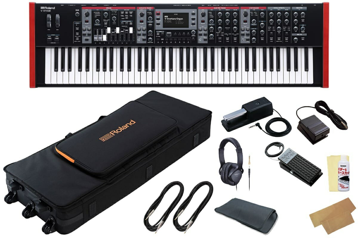 純正キャスター付きキーボードケース、その他充実のアクセサリー品が揃ってお買い得！更に、お手入れセット、キーカバー、当店オリジナル・スリーブバッグをプレゼント！ セット内容 ●Roland / V-STAGE76 ●Roland / SC-G76W3 (キャスター付きキーボードケース) ●Roland / DP-10 (ダンパー・ペダル) ●Roland / DP-2 (フット・スイッチ) ●Roland / EV-5 (エクスプレッション・ペダル) ●Roland / RH-5 (ヘッドホン) ●3m シールドケーブル 2本 ●お手入れセット (クリーニングクロス・ポリッシュ) ●キーカバー ●小物入れ等に便利な、当店オリジナル・スリーブバッグ オールインワンのステージ・キーボードを新たな次元へと引き上げる、究極のパフォーマンスを求めるプレイヤーのためのキーボード「V-STAGE」 V-STAGEは、ローランドのプレミアム・サウンド・テクノロジーと、ステージ・パフォーマンスを追求した専用のワークフローを融合させ、プロミュージシャンが求める汎用性とレスポンスに対応します。4種類の専用サウンド・エンジン、スマートで直感的なインターフェース、卓越したプレイアビリティにより、比類のない音楽表現と最高のパフォーマンスを実現します。先鋭的なサウンド V-STAGEに搭載された4種類の独立したサウンド・エンジンは、ローランドの長年に渡る研究開発により、時代を超越する鍵盤楽器の魅力を驚くほど詳細に再現し、没入感のある演奏体験を実現しています。サウンドをリアルタイムでシームレスに組み合わせ、思いのままに調整可能。常に最高の音楽体験を堪能することができます。アコースティック・ピアノ 2台のグランド・ピアノ、アップライト・ピアノ、そしてビロードのような独特のサウンドを持つ新規サウンドのフェルト・ピアノを含む、表現力豊かな4種類のピアノ・サウンドを搭載。卓越したV-Pianoテクノロジーにより、リアルな音響特性と豊かな音色の深みを実現しています。全ての鍵盤に仮想的な弦を張り、精巧にモデリングされたハンマーのアクション、響板素材などにより押鍵タイミングによる音色表情まで繊細に表現します。また、Brightness、Stereo Width、キータッチなどの調整が可能。さらにPiano Designerを使用してさらに深く掘り下げ、キャラクターや共鳴音、その他の詳細なパラメーターを自在に設定することも可能です。エレクトリック・ピアノ 美しくリッチなTine EP、パンチの効いたReedモデル、1980年代のローランドのデジタル・アイコン、レトロなクラビネットのソウルフルなテイストなど、往年のエレクトリック・ピアノのサウンドを存分に味わうことができます。柔軟なトーンシェイピングとアーティキュレーション・コントロールを備えた新規開発のサウンド・エンジンにより、幅広い音作りに対応します。パワフルなSOUND LIFTノブを使用すると、ソフトに弾いた時のエレクトリック・ピアノ特有の繊細なディテールを維持しながらも存在感を与え、バンドの中でも抜ける音で演奏することが可能。専用のトレモロ、アンプシミュレーター、厳選されたMFXを搭載し、さまざまなジャンルや雰囲気にマッチする鮮やかなEPサウンドを簡単に作成できます。オルガン ローランドのVirtual Tone Wheel音源を搭載したダイナミックな3レイヤーのコンソール・オルガン。実際のトーン・ホイール機構の微妙な動作を忠実にモデリングし、キークリックやリーケージ・ノイズの調整も可能。どこまでもリアルな演奏体験を実現します。2種類の60年代トランジスタ・コンボ・モデルとパイプ・オルガンも搭載し、さらに汎用性が向上。ハーモニックバーとパーカッション・コントロールは、瞬時のサウンドシェーピングに対応します。強力なオーバードライブ、ビブラート/コーラスに加え、ロータリー・スピーカー・エフェクトはマイクポジションの設定や、ロータリー・スピード、ブレーキコントロール用に瞬時にアクセスできる専用のボタンも搭載しています。シンセサイザー 400種類以上のZEN-Coreトーンを搭載し、ソロパートだけでなく他のサウンドとレイヤーして効果的に演出できます。2種類のサウンドを同時に使用可能で、アタックやリリース、フィルターなどのシェイピングを直感的に行えるコントロールを搭載。また、V-STAGEはRoland CloudのZEN-CoreのSDZ Sound Packにも対応し、インスピレーションをどこまでも広げていくことが可能です。さらにJUPITER-8やJUNO-106を始めとしたローランドのビンテージ・アナログ・シンセサイザーをベースにしたModel Expansionを無償でダウンロード可能です。エフェクト V-STAGEには、それぞれのサウンド・エンジンやミックス全体に深みや個性を与えるエフェクトを満載しています。独立したディレイとリバーブでサウンドに奥行きを与え、モジュレーションやディレイのオプションから大胆なディストーション、フィルター、Lo-Fiエフェクトまで、Rolandライブラリの膨大なMFXセレクションにより、柔軟性に富んだサウンドメイクを楽しむことができます。柔軟性に富んだコントロール V-STAGEは、人間工学に基づいたパネルレイアウトと直感的なコントローラー、そしてニーズに応じてカスタム可能な外部オプションにより、優れたパフォーマンスをサポートします。プレイヤー中心のコントローラー プレイヤーの視点を中心に考えられた設計により、必要なサウンドを瞬時に創造できるので、プログラミングに時間をかけることなくパフォーマンスに集中できます。サウンドやエフェクトに最適なコマンドを、ノブ、ボタン、スライダーを使用してトーンを素早く調整可能。また、4.3インチのカラーLCDとマスター・コントロールにより、優れたセットアップを簡単に実現できます。リアルタイムのサウンドデザイン 4種類のV-STAGEサウンド・エンジンを備え、多種多様な楽曲に最適な音色を作り上げることができます。コントロールはサウンド・エンジンごとに直感的に扱えるよう配置されており、ピアノ音色の形成、オルガンのテクスチャ調整、シンセ・サウンドのレイヤーなど、最も重要となる設定から優先順位が付けられています。また、ボタンを押すだけで各エンジンのオン/オフの切り替えや、スプリットポイントの設定およびリセット、ステータスが一目でわかるダイナミックLEDを備えたノブでレベル調整を行うことができます。高い汎用性 系統のリアパネル・ジャックは、基本的なホールド/ダンパー・ペダルに加え、さまざまなパラメーターをカスタマイズするためのフットスイッチやエクスプレッション・ペダルなど、多数のコントロール・オプションに対応。また、Roland A-49シリーズやA-PROシリーズなどの外部MIDIコントローラーを接続するための専用USB入力を2系統搭載しています。合理的かつ多様なデバイス接続 USB-Cオーディオ/MIDIインターフェースにより、パソコンやモバイル機器をV-STAGEと簡単に連携することが可能です。音楽アプリやバッキングトラックと組み合わせて演奏したり、スマートフォン経由でオーディオをストリーミング用に使用したりすることも可能。また、Apple MainStageコントロールに対応し、バーチャル・インストゥルメントとV-STAGEのサウンドを組み合わせたパフォーマンスも可能です。クラスコンプライアント対応により、基本的なステレオのプラグ・アンド・プレイ接続が可能なだけでなく、専用ドライバーを使用することでDAW用にマルチ・チャンネル・オーディオの転送も可能です。ワンタッチ設定 512ものシーンでサウンドの管理と呼び出しが行えます。各シーンにはトーン、エフェクト、パラメーターの設定が含まれており、楽曲に応じた調整が可能。また、シーンチェーンは最大128のシーンを管理でき、さまざまなステージのセットリストをすばやく選択することができます。さらに8個のEXシーンでは自動的に変更が保存されるため、リハーサルでのセットアップを構築したり、セットリストに土壇場で追加したりする際に最適です。シームレスなトランジション パワフルでスピーディーなV-STAGEのDSPは、キーボーディストの悩みを解消します。Scene Remainにより、ディレイ/リバーブのスムーズな移行やシーン切り替えでの音切れのない自然なトランジションを実現。また、豊富なポリフォニーにより複雑な楽曲も余裕を持って演奏できます。Master your sound. V-STAGEのマスターセクションを使用することで、演奏環境に応じた最適なサウンドを容易に形成することができます。3バンドEQと可変ミッドレンジ・コントロールにより出力全体のバランスを調整し、2タイプから選択可能なコンプレッサーでタイトさを与えます。いずれもシンプルなノブ・コントロールで複数の内部パラメーターを調整可能です。 主な仕様 鍵盤V-STAGE76(ウォーターフォール・セミウェイテッド鍵盤、アフタータッチ対応)V-STAGE88(エスケープメント付き、象牙調)接続端子PHONES端子：ステレオ標準タイプMAIN OUT端子(L、R)：XLRタイプMAIN OUT端子(L/MONO、R)：TRS標準タイプSUB OU端子T(L、R)：TRS標準タイプLINE INPUT端子(L／MONO、R)：標準タイプMIC INPUT端子：XLRタイプPEDAL端子(HOLD、CTRL1、CTRL2、CTRL3)：TRS標準タイプMIDI端子(IN、OUT1、OUT2/THRU)USB COMPUTER端子：USB Type-C(R)(オーディオ／MIDI対応・Class Compliant)USB MEMORY端子：USB AEXTERNAL DEVICE端子(1、2)(USB A)：A-49、A-PRO　Series対応　※Generic MIDIデバイスの接続は動作保証外AC IN端子外形寸法V-STAGE76 1,181(幅)×342(奥行)×109(高さ)mmV-STAGE88 1,331(幅)×353(奥行)×143(高さ)mm質量(ACアダプターを除く)V-STAGE76 15.2kgV-STAGE88 21.8kg付属品取扱説明書電源コード保証書