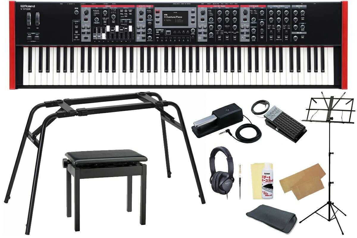 純正4足キーボードスタンド、高低自在ピアノ椅子、その他充実のアクセサリー品が揃ってお買い得！更に、お手入れセット、キーカバー、当店オリジナル・スリーブバッグをプレゼント！ セット内容 ●Roland / V-STAGE88 ●Roland / KS-13 (4足キーボードスタンド) ●Roland / BNC-05BK2 (高低自在ピアノ椅子) ●Roland / DP-10 (ダンパー・ペダル) ●Roland / EV-5 (エクスプレッション・ペダル) ●Roland / RH-5 (ヘッドホン) ●折りたたみ式譜面台 ●お手入れセット (クリーニングクロス・ポリッシュ) ●キーカバー ●小物入れ等に便利な、当店オリジナル・スリーブバッグ オールインワンのステージ・キーボードを新たな次元へと引き上げる、究極のパフォーマンスを求めるプレイヤーのためのキーボード「V-STAGE」 V-STAGEは、ローランドのプレミアム・サウンド・テクノロジーと、ステージ・パフォーマンスを追求した専用のワークフローを融合させ、プロミュージシャンが求める汎用性とレスポンスに対応します。4種類の専用サウンド・エンジン、スマートで直感的なインターフェース、卓越したプレイアビリティにより、比類のない音楽表現と最高のパフォーマンスを実現します。先鋭的なサウンド V-STAGEに搭載された4種類の独立したサウンド・エンジンは、ローランドの長年に渡る研究開発により、時代を超越する鍵盤楽器の魅力を驚くほど詳細に再現し、没入感のある演奏体験を実現しています。サウンドをリアルタイムでシームレスに組み合わせ、思いのままに調整可能。常に最高の音楽体験を堪能することができます。アコースティック・ピアノ 2台のグランド・ピアノ、アップライト・ピアノ、そしてビロードのような独特のサウンドを持つ新規サウンドのフェルト・ピアノを含む、表現力豊かな4種類のピアノ・サウンドを搭載。卓越したV-Pianoテクノロジーにより、リアルな音響特性と豊かな音色の深みを実現しています。全ての鍵盤に仮想的な弦を張り、精巧にモデリングされたハンマーのアクション、響板素材などにより押鍵タイミングによる音色表情まで繊細に表現します。また、Brightness、Stereo Width、キータッチなどの調整が可能。さらにPiano Designerを使用してさらに深く掘り下げ、キャラクターや共鳴音、その他の詳細なパラメーターを自在に設定することも可能です。エレクトリック・ピアノ 美しくリッチなTine EP、パンチの効いたReedモデル、1980年代のローランドのデジタル・アイコン、レトロなクラビネットのソウルフルなテイストなど、往年のエレクトリック・ピアノのサウンドを存分に味わうことができます。柔軟なトーンシェイピングとアーティキュレーション・コントロールを備えた新規開発のサウンド・エンジンにより、幅広い音作りに対応します。パワフルなSOUND LIFTノブを使用すると、ソフトに弾いた時のエレクトリック・ピアノ特有の繊細なディテールを維持しながらも存在感を与え、バンドの中でも抜ける音で演奏することが可能。専用のトレモロ、アンプシミュレーター、厳選されたMFXを搭載し、さまざまなジャンルや雰囲気にマッチする鮮やかなEPサウンドを簡単に作成できます。オルガン ローランドのVirtual Tone Wheel音源を搭載したダイナミックな3レイヤーのコンソール・オルガン。実際のトーン・ホイール機構の微妙な動作を忠実にモデリングし、キークリックやリーケージ・ノイズの調整も可能。どこまでもリアルな演奏体験を実現します。2種類の60年代トランジスタ・コンボ・モデルとパイプ・オルガンも搭載し、さらに汎用性が向上。ハーモニックバーとパーカッション・コントロールは、瞬時のサウンドシェーピングに対応します。強力なオーバードライブ、ビブラート/コーラスに加え、ロータリー・スピーカー・エフェクトはマイクポジションの設定や、ロータリー・スピード、ブレーキコントロール用に瞬時にアクセスできる専用のボタンも搭載しています。シンセサイザー 400種類以上のZEN-Coreトーンを搭載し、ソロパートだけでなく他のサウンドとレイヤーして効果的に演出できます。2種類のサウンドを同時に使用可能で、アタックやリリース、フィルターなどのシェイピングを直感的に行えるコントロールを搭載。また、V-STAGEはRoland CloudのZEN-CoreのSDZ Sound Packにも対応し、インスピレーションをどこまでも広げていくことが可能です。さらにJUPITER-8やJUNO-106を始めとしたローランドのビンテージ・アナログ・シンセサイザーをベースにしたModel Expansionを無償でダウンロード可能です。エフェクト V-STAGEには、それぞれのサウンド・エンジンやミックス全体に深みや個性を与えるエフェクトを満載しています。独立したディレイとリバーブでサウンドに奥行きを与え、モジュレーションやディレイのオプションから大胆なディストーション、フィルター、Lo-Fiエフェクトまで、Rolandライブラリの膨大なMFXセレクションにより、柔軟性に富んだサウンドメイクを楽しむことができます。柔軟性に富んだコントロール V-STAGEは、人間工学に基づいたパネルレイアウトと直感的なコントローラー、そしてニーズに応じてカスタム可能な外部オプションにより、優れたパフォーマンスをサポートします。プレイヤー中心のコントローラー プレイヤーの視点を中心に考えられた設計により、必要なサウンドを瞬時に創造できるので、プログラミングに時間をかけることなくパフォーマンスに集中できます。サウンドやエフェクトに最適なコマンドを、ノブ、ボタン、スライダーを使用してトーンを素早く調整可能。また、4.3インチのカラーLCDとマスター・コントロールにより、優れたセットアップを簡単に実現できます。リアルタイムのサウンドデザイン 4種類のV-STAGEサウンド・エンジンを備え、多種多様な楽曲に最適な音色を作り上げることができます。コントロールはサウンド・エンジンごとに直感的に扱えるよう配置されており、ピアノ音色の形成、オルガンのテクスチャ調整、シンセ・サウンドのレイヤーなど、最も重要となる設定から優先順位が付けられています。また、ボタンを押すだけで各エンジンのオン/オフの切り替えや、スプリットポイントの設定およびリセット、ステータスが一目でわかるダイナミックLEDを備えたノブでレベル調整を行うことができます。高い汎用性 系統のリアパネル・ジャックは、基本的なホールド/ダンパー・ペダルに加え、さまざまなパラメーターをカスタマイズするためのフットスイッチやエクスプレッション・ペダルなど、多数のコントロール・オプションに対応。また、Roland A-49シリーズやA-PROシリーズなどの外部MIDIコントローラーを接続するための専用USB入力を2系統搭載しています。合理的かつ多様なデバイス接続 USB-Cオーディオ/MIDIインターフェースにより、パソコンやモバイル機器をV-STAGEと簡単に連携することが可能です。音楽アプリやバッキングトラックと組み合わせて演奏したり、スマートフォン経由でオーディオをストリーミング用に使用したりすることも可能。また、Apple MainStageコントロールに対応し、バーチャル・インストゥルメントとV-STAGEのサウンドを組み合わせたパフォーマンスも可能です。クラスコンプライアント対応により、基本的なステレオのプラグ・アンド・プレイ接続が可能なだけでなく、専用ドライバーを使用することでDAW用にマルチ・チャンネル・オーディオの転送も可能です。ワンタッチ設定 512ものシーンでサウンドの管理と呼び出しが行えます。各シーンにはトーン、エフェクト、パラメーターの設定が含まれており、楽曲に応じた調整が可能。また、シーンチェーンは最大128のシーンを管理でき、さまざまなステージのセットリストをすばやく選択することができます。さらに8個のEXシーンでは自動的に変更が保存されるため、リハーサルでのセットアップを構築したり、セットリストに土壇場で追加したりする際に最適です。シームレスなトランジション パワフルでスピーディーなV-STAGEのDSPは、キーボーディストの悩みを解消します。Scene Remainにより、ディレイ/リバーブのスムーズな移行やシーン切り替えでの音切れのない自然なトランジションを実現。また、豊富なポリフォニーにより複雑な楽曲も余裕を持って演奏できます。Master your sound. V-STAGEのマスターセクションを使用することで、演奏環境に応じた最適なサウンドを容易に形成することができます。3バンドEQと可変ミッドレンジ・コントロールにより出力全体のバランスを調整し、2タイプから選択可能なコンプレッサーでタイトさを与えます。いずれもシンプルなノブ・コントロールで複数の内部パラメーターを調整可能です。 優れたプレイアビリティ V-STAGEは、各楽器の特徴的な音色を演奏するための高品位なキーボードを搭載しています。ローランドの最先端センシング・テクノロジーにより、選択されたサウンド・エンジンに応じてダイナミックに適応し、常に最も表現力豊かなレスポンスを実現します。 主な仕様 鍵盤V-STAGE76(ウォーターフォール・セミウェイテッド鍵盤、アフタータッチ対応)V-STAGE88(エスケープメント付き、象牙調)接続端子PHONES端子：ステレオ標準タイプMAIN OUT端子(L、R)：XLRタイプMAIN OUT端子(L/MONO、R)：TRS標準タイプSUB OU端子T(L、R)：TRS標準タイプLINE INPUT端子(L/MONO、R)：標準タイプMIC INPUT端子：XLRタイプPEDAL端子(HOLD、CTRL1、CTRL2、CTRL3)：TRS標準タイプMIDI端子(IN、OUT1、OUT2/THRU)USB COMPUTER端子：USB Type-C(R)(オーディオ／MIDI対応・Class Compliant)USB MEMORY端子：USB AEXTERNAL DEVICE端子(1、2)(USB A)：A-49、A-PRO　Series対応　※Generic MIDIデバイスの接続は動作保証外AC IN端子外形寸法V-STAGE76 1,181(幅)×342(奥行)×109(高さ)mmV-STAGE88 1,331(幅)×353(奥行)×143(高さ)mm質量(ACアダプターを除く)V-STAGE76 15.2kgV-STAGE88 21.8kg付属品取扱説明書電源コード保証書