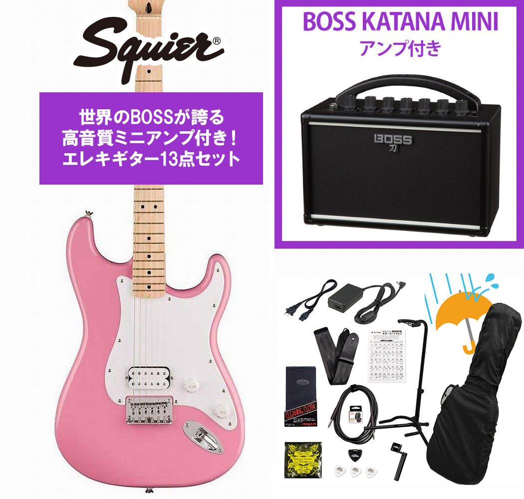 乐天商城 - Squier by Fender / Sonic Stratocaster HT H Maple FB WH PG Flash Pink BOSS KATANA MINI アンプ付き13点セット！【YRK】