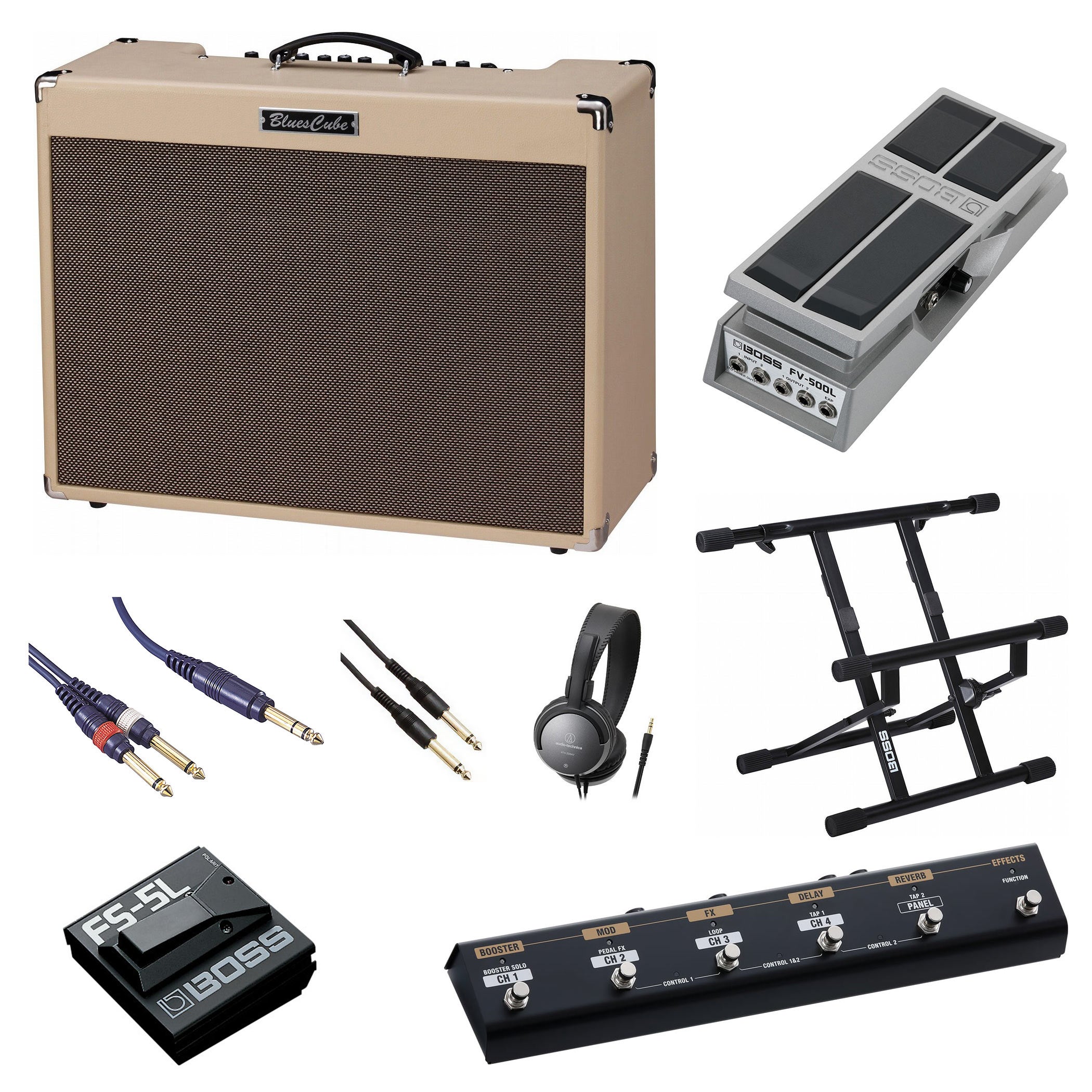 ■別売りのBOSS純正フットスイッチやエクスプレッション・ペダルを駆使して、自分だけの唯一無二のサウンドメイクを構築しましょう！ 〇GA-FC EX Foot Controller： GA-FC/GA-FC EX Foot Controller を接続すれば、 足元で音色のコントロールが可能。シンプルなセットアップと直感的な操作感をベースに、さらに柔軟なコントロールが可能となります。 〇audio-technica ATH-250AV ヘッドフォン：クリアなサウンドが楽しめるφ40mmドライバーを搭載。音漏れしにくい密閉タイプ。 長時間リスニングでも疲れにくい軽量ボディ。ホームユースに最適な3.5mコード。 〇BAS-1：BOSS KatanaシリーズやRoland Blues Cubeシリーズなど、様々なコンボタイプのアンプに対応するスチール製の堅牢なアンプ専用スタンドです。BAS-1にアンプを設置することにより、自宅やスタジオ、リハーサル、ステージなどのシーンでお気に入りのサウンドをプレイヤーにより近い状態で安定してモニタリングすることが可能です。アンプの背面を支えるパイプの幅は調節可能であり、様々なサイズのアンプに対応します。持ち運びや収納にも便利な折り畳み式でセッティングは極めてシンプル。両足のアジャスターを調整することにより床面との微調整も可能です。 ◯FV-500L：アルミ・ダイキャスト製の堅牢なボディを使用したローインピーダンス仕様のボリューム・ペダル。エクスプレッション・ペダルとしても使用可能。 ◯FS-5L：エフェクト・ペダルやアンプのチャンネルをコントロールするためのフットスイッチ。 ◯audio-technica ATL476A/3.0 ステレオケーブル 3.0m [ステレオフォン-ステレオフォン] ◯True Dyna TD-30PSP 3.0m ステレオ標準プラグ/モノラル標準プラグ×2 数々のビンテージ・チューブ・アンプを徹底的に追求し、極上のウォーム・トーンを実現したライブ用ギター・アンプ。 チューブ・アンプのトーンと弾き心地を徹底的に追求して生まれたBlues Cube シリーズ。85W、12 インチ・スピーカーを2基搭載したコンボ・アンプです。 ●チューブ・アンプのトーンとタッチ・レスポンスを備えた85W、12インチ・スピーカーを2基搭載ライブ用コンボ・アンプ。 ●新しいTube Logicにより実現した、ビンテージ・チューブ・アンプの音に影響する回路動作を徹底再現。 ●クリーン、クランチ・チャンネルでの音づくりに加え、デュアル・トーン機能で2 つのチャンネルをブレンドした緻密な音づくりも実現。 ●マスター・ボリューム、トーンスタック・タイプの3 バンドEQ に加え、パワー・コントロール機能によりあらゆる音量でクランクアップ・サウンドを実現。 ■ギタリストが求める理想のライブ用ギター・アンプ 90年代のオリジナルBlues Cubeでチューブ・アンプの動作を再現するのに使われていたTube Logic Technologyの研究をさらに重ねました。音の暖かみや抜けの良さ、ピッキングに対するレスポンスや自然なコンプレッション感、ボリュームを上げたときの独特の艶と音圧感など、チューブ・アンプならではの特長はたくさんあります。それらをひとつひとつのパーツの精密な動作、さらにそれぞれが相互に作用し合って起こる複雑な振る舞いを徹底的に分析し、アンプ全体をトータルに設計するのが新しいTube Logicです。 ギター・インプットからスピーカーに至るまで、複雑に影響し合う膨大な要素を丹念に解析し組み合わせることにより、単純に各パーツを組み合わせただけのアンプではなく、生々しい楽器としての存在感をTube Logicが生み出しています。ピッキング時のバイト感、タッチやボリュームによる歪みのコントロール、クランクアップ時の独特の艶、電源の“サグ” など、ギタリストが愛してやまないチューンナップされたビンテージ・チューブ・アンプの個性がBlues Cube Artist 212の至るところに宿っています。 ■専用設計のカスタム・スピーカー、質にもこだわった専用キャビネット Blues Cube ARTISTは85Wの出力にレスポンスを追求した専用設計の12インチ・スピーカーを2基装備しています。また、クラシックなオープンバック・キャビネットの鳴りを最大限活かすために、抜けの良い音響特性を持つポプラ材を採用するなどエンジニアの楽器づくりに対するこだわりが随所に溢れています。 ■デュアル・トーンで音づくりの可能性が無限に広がる Blues Cube Artist 212はクリーンとクランチの2つの独立したチャンネルを搭載しています。それぞれのチャンネルはブーストとトーン・スイッチでサウンド・キャラクターを変えることができます。クリーン・チャンネルはボリュームを上げたときのチューブ・アンプ特有のサウンドとフィーリング、レスポンスを生み出し、クランチ・チャンネルでは専用ゲインつまみとボリュームつまみとの組み合わせでプリアンプ・セクション、パワーアンプ・セクションそれぞれの歪みをコントロールすることが可能です。 さらに、本体のデュアル・スイッチを押すと、クリーンとクランチ・チャンネルのサウンドがブレンドされ、緻密な音づくりを楽しむことができます。また、愛用のペダルをつなげてパワーアンプの歪みを表現力豊かにブーストするなど、エフェクターとの相性も抜群です。 ■小音量でもチューブ・アンプのクランクアップ・サウンドが手に入る チューブ・アンプはボリュームを上げることで真空管ならではの太い音を生み出しますが、音量はコントロールできないというデメリットがありました。 Blues Cube Artist 212のパワーアンプ・セクションには、ハイ・インピーダンス・ドライブ回路を採用することで生々しいスピーカー駆動を実現しています。 パワーアンプ・セクションの中でもNFB、フェイズ・インバーター、アウトプット・トランス・ネットワーク、電源部を含めたバイアス回路などはそれぞれ独立した回路構成を採用し、独立したチューニングを行いました。 音量が上がるとともによりリッチに、そしてダイナミックにレスポンスが増すという、極上のクランクアップ・サウンドはこれら回路の複雑な相互作用により創り出されています。 そしてパワー・コントロール機能により、レコーディングやリハーサル、ライブなど状況に合わせて音量を調整した場合でも、チューブ・アンプ特有のクランクアップした音色を手に入れることができます。 ■煩わしいメンテナンスは不要、持ち運びしやすい軽量ボディ チューブ・アンプのデメリットといえるユニットの大きさや重さ、振動に対する弱さ、真空管の劣化による音質の変化、真空管の寿命による交換とメンテナンスにかかるコストからユーザーを解放します。Blues Cube Tourはメンテナンス・フリーで、いつでもベスト・コンディションでチューブ・アンプのサウンドを楽しめます。音に影響を与えない部分のパーツ、設計を徹底的に見直すことにより大幅な軽量化を実現。音質は維持したままで高いポータビリティを両立しています。これからは運搬の苦労や真空管の維持管理に悩まされることなく、ライブ・ステージでチューブ・サウンドを存分に堪能できます。 ■音づくりに役立つエフェクトを内蔵、USBからのダイレクト・レコーディングにも対応 Blues Cube ARTIST 212は、自然な残響を生み出すリバーブとレトロなビンテージ・タイプのトレモロを内蔵しています。外部エフェクトを接続できるエフェクト・ループ端子も2系統装備。GA-FCなど別売フット・スイッチの接続にも対応。チャンネルの切り替えやデュアル・トーン、内蔵トレモロおよび外部エフェクトのON/OFFを足元でコントロールすることが可能です。また、USB端子を搭載しスピーカーから出るものと同じリッチなサウンドをパソコンに直接録音することが可能です。 ■主な仕様 定格出力：85W 規定入力レベル： INPUT HIGH：-10dBu（1MΩ） INPUT LOW：0dBu EFX LOOP RETURN：-10dBu スピーカー：30cm×2 接続端子： INPUT HIGH／LOW端子：標準タイプ LINE OUT端子：標準タイプ PHONES端子：ステレオ標準タイプ FOOT SW（TIP：TREMOLO、RING：EFX LOOP）端子：TRS標準タイプ FOOT SW（TIP：CH SELECT、RING：DUAL TONE）端子：TRS標準タイプ FOOT SW（GA-FC）端子：TRS標準タイプ EFX LOOP SEND端子：標準タイプ EFX LOOP RETURN端子：標準タイプ REC OUT端子：USBタイプB AC IN端子 電源：AC100V（50／60Hz） 消費電力：68W 付属品： 取扱説明書 電源コード 2P-3P変換器 保証書 ローランド ユーザー登録カード GA-FCシール 別売品： フットスイッチ：BOSS FS-5L デュアル・フットスイッチ：BOSS FS-6 デュアル・フットスイッチ：BOSS FS-7 GA FOOT CONTROLLER（GA-FC） アンプスタンド：BAS-1 外形寸法 / 質量 幅 (W)：677 mm 奥行き (D)：271 mm 高さ (H)：545 mm 質量21 kg ※画像はサンプルです。