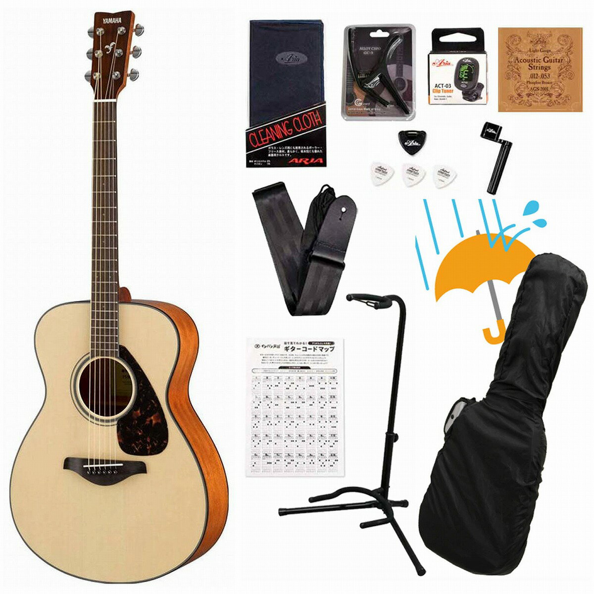 アコースティックギター本体に必要なアクセサリーパックが付属するギター初心者向けセットギター本体と付属のソフトケース、チューナーの他、下記のアイテムが付属するギタービギナー向けセットです！届いたその日から演奏をスタートできるから安心！まずは付属のコード表やYouTube初心者向け動画見ながらはじめてみましょう！▼アクセサリーセット内容(1)ギター本体：初心者向けにもイシバシ楽器がおすすめするアコギ本体です。(2)ソフトケース：ギター本体を保護するためのカバーです。持ち運びや収納に便利で、軽量で柔らかい素材でできています。(3)ギタースタンド：ギター本体を立てかけるための台です。使用しないときは、ギターを安定して置くことができます。最も安全に立てかける事の出来る、ネック支え付きのスタンダードなタイプが付属します。(4)クリップチューナー：ギターのチューニング（調律）をするための道具です。ギターのヘッドにクリップで取り付けて、弦の振動を感知して音程を表示します。クリップチューナーは、液晶画面やLEDライトなどで視認性が高く、簡単にチューニングできます。 (5)ギターストラップ：ギター本体を肩からかけるためのベルトです。立って演奏するときに必要なアクセサリーです。頑丈でシンプルな仕様のナイロン製ギター/ベース用ストラップが付属します。(6)カポタスト：特定のフレットを弦でまとめて押さえるための道具です。移調したり、弾きにくいコードを弾きやすくしたりできます。 曲によってカポの位置の指定がある場合が頻繁にありますので、弾き語りには必須アイテムです。　ワンタッチで装着できるクリップタイプのカポが付属します。通常セットには付かない金属製の頑丈なカポ、なんとブリッジピン抜きとしても使える優れものです。(7)クロス：ギター本体を拭くための布です。汚れや指紋、油分などを除去して、ギターの美観や音質を保つことができます。ガラス・レンズ用にも使用されるポーラー・フリース素材。柔らかく、吸水性にも優れた楽器用クロスが付属します。(8)ピック（3枚）：弦を弾くためのものです。ピックは、素材や厚み、形状などによって音色や弾き心地が異なります。　対磨耗性にすぐれ長持ち！マット感覚のソフトな手触りと弾き心地のHYPER TOUCH　-Triangle-　1.0mm が3枚付属します。(9)ピックケース：ピックを収納するためのものです。ピックは小さいので紛失しやすいので、ピックケースがあれば安心です。付属のピックが3枚とも収納でき、ギター本体に貼り付けておける両面シール付きです。(10)交換弦（1セット）：弦は消耗品なので定期的に交換する必要があります。交換弦は、素材やゲージ（太さ）、コーティングなどによって音色や耐久性が異なります。　付属のセット弦はAGS-200L　-Light-きらびやかなサウンドが特徴のフォスファーブロンズ弦が付属します。(11)ストリングワインダー：弦を巻くときに便利な道具です。ストリングワインダーは、ペグを回す部分と、ブリッジピンを抜く部分が一体になっています。ストリングワインダーを使うと、弦交換の時間を短縮できます。 (12)コード表（ギターコードマップ）：ギターのコードの押さえ方を示した表です。(13)レインカバー：撥水加工を施したポリエステル製のギグバッグ用レインカバーです。（※完全防水ではありません） リニューアルされたYAMAHAアコースティックギターエントリーモデル！単板TOPモデル！ ヤマハフォークギターの原点とも言えるシンプルで伝統的なデザインと変わらぬ高品質、そして手頃な価格を実現したヤマハフォークギタースタンダードモデ ル。新開発のスキャロップドブレイシングデザインにより、レスポンスとの良さと力強いサウンドをバランスよく表現します。 BODYはくびれの深い薄くコンパクトなフォークタイプで、TOPに単板スプルースを採用。SIDE/BACKにはマホガニーに似た音質特性をもつナトー （またはオクメ）を採用し、ふくよかな中音域と、あたたかみのあるサウンドが魅力。 そして、”新開発スキャロップドブレイシング”を採用！ヤマハギターチームが新しく開発した木工加工技術により、中低音域における音量を強化し、パワフル なサウンドを実現。設計者たちは、過去の経験や推測に基づいた開発ではなく、音の実験、解析をとことん行い、科学的に音の進化を解明。その解析から新たな デザインのブレイシングに到達し、音の肝である表板の耐久性を維持しながら、かつてない表現力をもった音を実現！ ※画像はサンプルです。 主な仕様 胴型フォークタイプ胴長497mm胴幅（最大幅）380mm胴厚90-110mm弦長634mm全長1021mm指板幅(上駒部)43mm指板幅(胴接合部)52mm表板スプルース単板ブレーシング形状スキャロップドブレイシング裏板ナトーまたはオクメ側板ナトーまたはオクメ棹ナトー指板ウォルナット下駒ウォルナット糸巻ダイキャスト・クローム(TM29T)上駒ユリアピックガードべっ甲柄下駒枕ユリア塗装グロス仕上げ ■付属品：メーカー1年保証、ソフトケース（サービス）