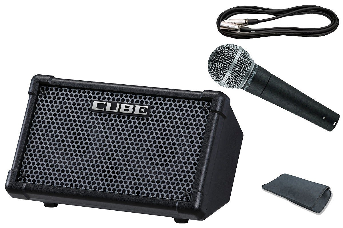 ポータブルスピーカー「BOSS / CUBE Street II」に、【超定番】ダイナミックマイク「SHURE / SM58 LCE (スイッチ無しモデル)」と3mマイクケーブルがセット！更に、小物入れ等にも便利な、当店オリジナル・スリーブ・バッグをプレゼント！ SHURE / SM58 LCE (スイッチ無しモデル) Shure SM58は、ライブ・パフォーマンス、音空間の創造、スタジオ・レコーディングでのボーカル収音のために生まれた、プロ仕様の単一指向性 (カーディオイド) ダイナミック型ボーカル・マイクロホンです。 BOSS / CUBE Street II ストリート・ライブ・アンプのベストセラーRoland CUBE Streetが、BOSS CUBE Street IIとして生まれ変わりました。バッテリー駆動でありながら、あらゆる環境において高品位かつパワフルなステレオ・サウンドを実現。路上でのパフォーマンスやトーク・イベントなど、屋外での使用に必要な機能を多数網羅しています。2チャンネルの入力にマイクと楽器をダイレクトに接続すれば、CUBE Street IIのみで即座にパフォーマンスが可能。また、内蔵のボーカル・ハーモニーやルーパー機能、即戦力となるエフェクトを使用すれば、ワンランク上のパフォーマンスを行えます。