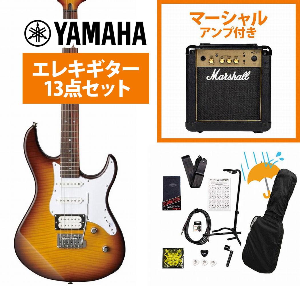 ギター本体にアンプとアクセサリーパックが付属するギタービギナー向けセット、レインカバー付！ギター本体と付属のソフトケース、調整レンチの他、下記のアイテムが付属するギタービギナー向けセットです！届いたその日から演奏をスタートできるから安心！まずは付属のコード表やYouTube初心者向け動画見ながらはじめてみましょう！▼アクセサリーセット内容1.ギターアンプ (マーシャルMG-10) 2.ギタースタンド3.シールドケーブル4.ピック5.ストリングワインダー6.ピックケース 7.交換弦1セット 8.ストラップ 9.クリップチューナー10.クリーニングクロス11.ギターコード表12.ギグバッグ用レインカバー フレーム・メイプルをフィーチャーしたパシフィカ！ 高いポテンシャルで結実した充実の基本性能。 ギタリストの才能を引き出すベーシックモデルPACIFICA112Vをベースに、ボディトップ及びヘッドに美しいフレイムメイプルを配した高級感あふれるモデル。 ○アルニコVマグネット採用ピックアップ ○コイルタップ機能 ○ブロックサドル採用のヴィンテージトレモロ ○エスカッションマウント・リア・ピックアップ ○白黒白3プライピックガード ○きれいなフレーム・メイプルをBody Topとヘッドに使用したマッチングヘッドデザイン。 ※画像はサンプルです。 主な仕様 ボディ フレイムメイプル(FM)＋アルダーネック メイプルボディ/ネック構造 ボルトオン指板 ローズウッド指板アール 350Rフレット数 22ブリッジ ビンテージタイプ（ブロックサドル）ペグ クロームスケール 648mmピックアップ シングル（アルニコV）×2、ハムバッキング（アルニコV）×1コントロール マスターボリューム、マスタートーン（＋コイルタップスイッチ）ピックアップスイッチ 5P セレクタースイッチ ■付属品：ソフトケース、アームバー、メーカー1年保証