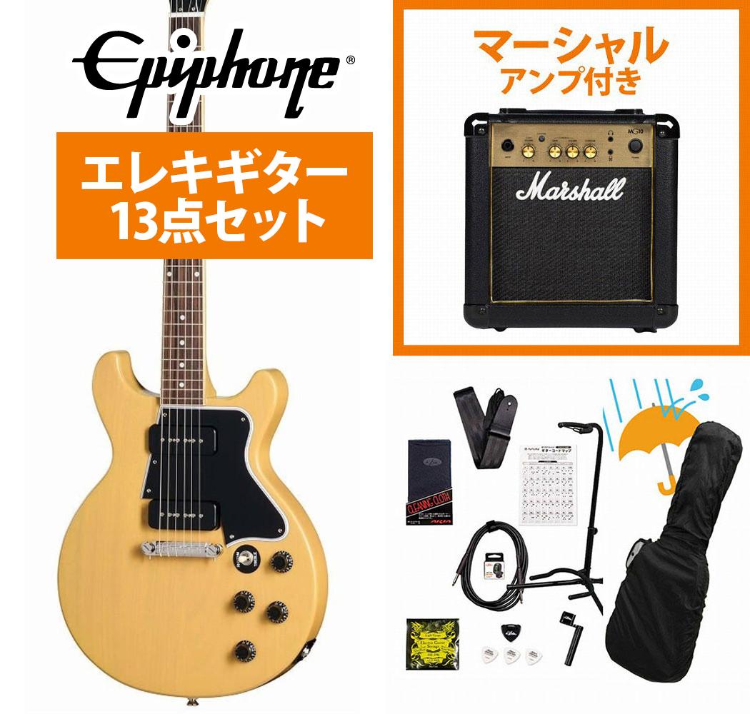 ギター本体にアンプとアクセサリーパックが付属するギタービギナー向けセット、レインカバー付！ギター本体と付属のソフトケース、調整レンチの他、下記のアイテムが付属するギタービギナー向けセットです！届いたその日から演奏をスタートできるから安心！まずは付属のコード表やYouTube初心者向け動画見ながらはじめてみましょう！▼アクセサリーセット内容1.ギターアンプ (マーシャルMG-10) 2.ギタースタンド3.シールドケーブル4.ピック5.ストリングワインダー6.ピックケース 7.交換弦1セット 8.ストラップ 9.クリップチューナー10.クリーニングクロス11.ギターコード表12.ギグバッグ用レインカバー Epiphoneのレスポール・スペシャル・ダブルカット！ Gibsonが1955年に発表したLes Paul Specialは、当時Les Paul Juniorを発展させた、より上位のモデルとして位置付けられていました。 Juniorが1基のピックアップを搭載していたのに対し、Les Paul Specialは2基のピックアップを備え、さらにマザー・オブ・パールのヘッドストック・ロゴ・インレイやバインディング付き指板を採用することで、ビジュアル面でも魅力を高めています。 これにより、よりエレガントなLes Paul Standardと、学生向けモデルであるLes Paul Juniorの中間に位置するモデルとしてラインアップされました。 1958年にはボディがダブル・カッタウェイへと変更され、指板全体へのアクセスが向上し、1960年にはネック・ピックアップの位置がわずかに変更され、あわせて演奏性に優れたスリムテーパープロファイルのネックが採用されたことで、ネックの安定性が高まり、これまで以上に弾きやすいモデルへと進化しています。 エピフォンはこの度、1960年代初頭のモデルを再現したInspired by Gibsonコレクションとして、Les Paul Special Double Cutをリリースします。 スラブ構造のマホガニー・ダブル・カッタウェイ・ボディを採用し、指板全域へのスムーズなアクセスを実現しています。 セットネック構造のマホガニー・ネックには60sスリムテーパー・プロファイルを採用し、バインディング付きローズウッド指板に、22ミディアム・ジャンボ・フレットとパーロイド・ドット・ポジション・マーカー・インレイを備えています。 1960年代スタイルのカラマズー・ヘッドストックには、アイボリー・ボタンを備えたエピフォン3連ペグとGraph Techナットを搭載し、安定したチューニング性能と確かなヴィンテージ感を実現しています。 ヘッドストックには、マザー・オブ・パールのエピフォン・ロゴがインレイされています。 ブリッジには、ボディに直接ボルト固定されるエピフォンライトニング・バー・コンペンセイテッド・ラップアラウンド・ブリッジを採用し、サステインと共鳴感を高めています。 ピックアップには、エピフォンP-90 PROシングルコイル・ソープバー・ピックアップを2基搭載し、甘くきらびやかなクリーンから、荒々しく歪んだサウンドまで幅広くカバーします。 Les Paul Special Double Cutは、その名にふさわしい魅力を備えたモデルであり、これまで以上に手に取りやすい存在となっています。 プレミアム・ギグバッグが付属します。※画像はサンプルです。杢目は1本1本異なります。仕様は予告なく変更される場合がございますので予めご了承くださいませ。 ■付属品：ギグバッグ、正規保証 ※ご購入いただいたご本人様に限り、メーカー規定の故障に対して保証が提供されます。保証修理受付の際は「ご購入時の領収書もしくは納品書」をご提示いただきます。 製品仕様 Shape | LesPaul Material | Mahogany Binding | Single Ply Fretboard Neck | Mahogany Neck Profile | 60S SlimTaper Nut width | 1.69”/43mm Fingerboard | Rosewood Scale length | 24.75”/628.65mm Number of frets | 22 Nut | GraphTech Inlay | Pearloid Dot Bridge | Lightning Bar Compensated Wraparound Tailpiece | N/A Tuners | Epiphone Deluxe Three on a Plate; Ivory Button Control Knobs | Black Top Hat Plating | Nickel Neck pickup | Epiphone P-90 PRO Soapbar Bridge pickup | Epiphone P-90 PRO Soapbar Controls | 2 Volume, 2 Tone Case | Premium Gig Bag
