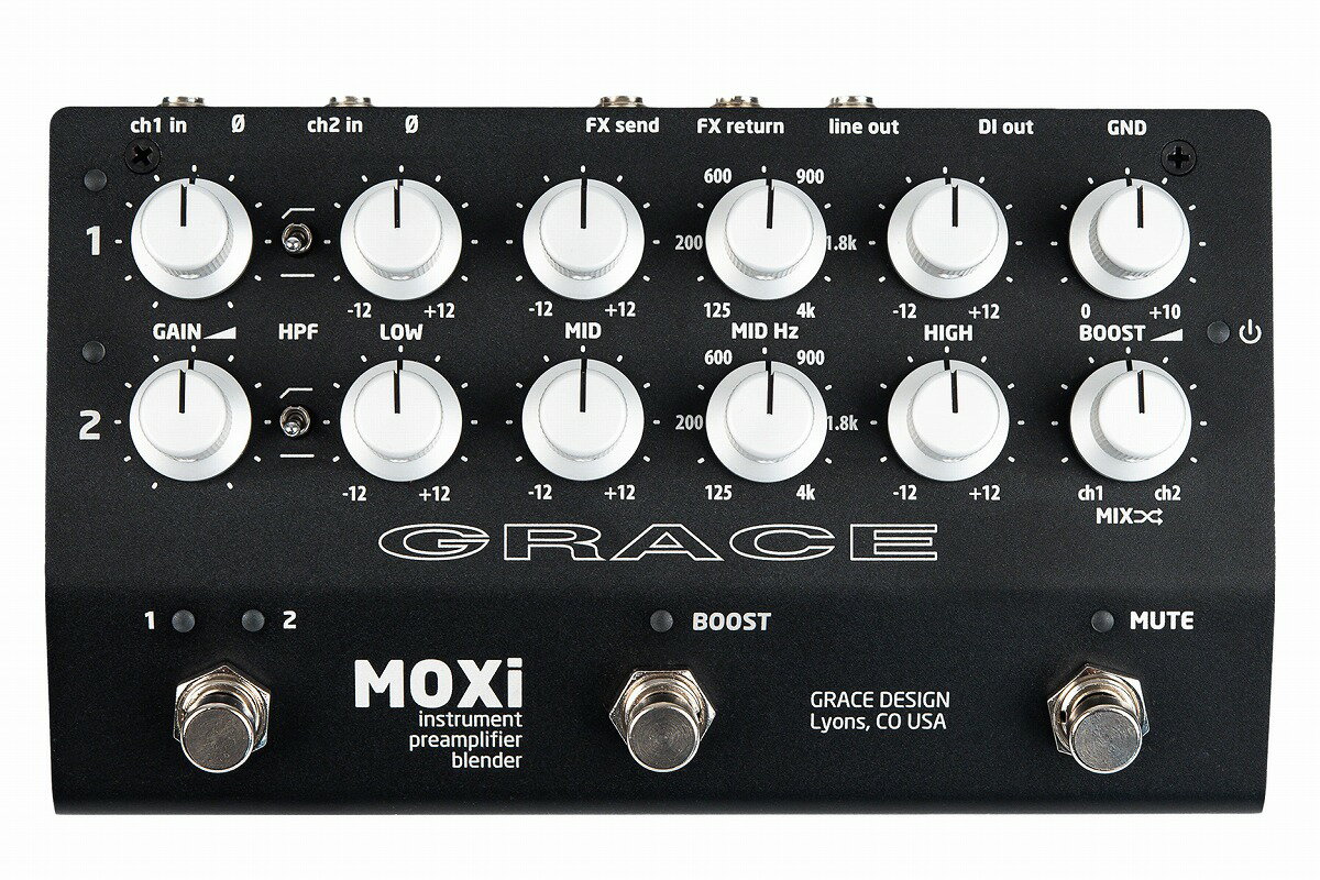 プロフェッショナルな機能と音質をコンパクトに集約。2chのアコースティック楽器専用プリアンプ。 GRACE designのアコースティック楽器専用プリアンプである「MOXi」 は、GRACEが新たに開発した高品位な2ch アコースティック楽器用プリアンプ／EQ／DIです。 ペダルラインナップの「新しいスウィートスポット」を担うこのモデルは、上位機種 「FELiX」譲りの最もハイエンドなオーディオ性能を受け継ぎながら、より扱いやすく「BiX」に近い操作感を実現しています。 「2チャンネルの素晴らしいサウンドのプリアンプ／EQが必要、でも全機能満載まではいらない」というプレイヤーにとって、MOXiはまさに「ちょうどよい」選択肢となるでしょう。 ■2チャンネル仕様でコンパクト。「ちょうどよい」生楽器専用のプリアンプ。 GRACE designは、楽器やボーカルなどのアコースティックサウンドを、極めて正確かつ音楽的に捉えることに特化したスタジオ向けマイクプリアンプを数多く開発してきました。空気の繊細な振動まで見事に捕らえるその実力は、アコースティック楽器用のペダルとしても高い評価を受けています。 ピエゾPUとマグネティックPU、さらにマイクロホンのサウンドをミックスできるFELiX2は、全ての可能性と機能を搭載した2チャンネル仕様ですが、高価であり、コンデンサーマイクを使用しないユーザーには機能が多すぎる場合がありました。一方でALiXとBiXはシングル・チャンネル仕様のため、ミックス（または切り替え）ができませんでした。 MOXiは、2チャンネル機能を持ちながら、よりシンプルな機能構成、大幅なコンパクト化を実現した「ちょうどよい」ステージプリアンプ/EQ/DIです。最上位モデルFELiX2と同じハイエンドな音質を持ちながら、BiXに似た扱いやすいファンクションを採用しています。 電源は9V仕様でペダルボードに組み込みやすい設計。 2タイプのピックアップをブレンドしたり、2本の楽器を切り替える事も可能です。 ■高性能なEQセクションと10dBブースト可変ブースト。 各チャンネル独立の3バンドEQ（MIDパラメトリック/125Hz〜4kHz）、高品位なハイパスフィルター、1MΩの高インピーダンス入力、小型エレクトレットコンデンサーマイク向けの6V電源供給、フェイズリバース、バランスDI出力、アンプ出力など、パフォーマンスに必要な機能をすべて搭載しています。 さらに音量を持ち上げたいときには、フットスイッチ操作で可変10dBのブーストが瞬時に追加できます。 ソロパートでのブーストはもちろん、アコースティックギターのフィンガーピッキングとピック弾き、またはアップライトベースでの指弾きと弓弾きの音量差を平均化するような用途にも活用できます。 繊細かつ強力なトーン＆サウンドメイキングが可能です。 ■サイレント・チューニングにも対応する多用途なFXループ！ MOXi の強力なFXループは、外部エフェクトへのセンドとリターン端子（共に”1/4フォーン端子）を持ちます。エフェクト満載のペダルボードにも、必要最低限のユーティリティボックスにも、完璧に対応できます。 MOXiのミュート・スイッチを踏んだ際もセンドはアクティブのままとなるため、チューナーペダルをFXループに繋げば、ステージ音声を完全にミュートした状態でサイレントチューニングが可能です。 3つのフットスイッチは、チャンネル切替、ブースト、ミュートとなっており、ステージで操作しやすいようにデザインされています。 ■ハードなツアーにも耐えるヘビーデューティー仕様。 MOXiは過酷で長いツアーを続けても信頼感を失わないタフな頑強さを兼ね備えています。その分厚い筐体やスイッチやノブの耐久性は十分にテストされ、長年にわたってあなたの最も信頼できる相棒となります。 GRACE design社の製品はすべて、その子供や孫の代まで引き継がれてほしいというカンパニー哲学からデザインされており、一生を通じてアーティストを支え続けるという信念でアメリカ・コロラド州で丁寧に製造されています。 ■主な特徴 ◯音楽的で美しいサウンドの楽器用プリアンプを2チャンネル搭載 ◯Blend／MIXモード、またはA-B 出力モードを利用可能 ◯高品質トランス搭載のXLR DI出力 ◯ラインレベル 1/4” ステージアンプ出力 ◯個別のFXループ（独立した SEND／RETURN） ◯両チャンネルに独立した3バンドEQ ◯両チャンネルに75Hz ハイパスフィルター ◯A-Bフットスイッチにより複数楽器のセットアップが可能 ◯MUTE/TUNE フットスイッチ で全出力（FX SEND を除く）をミュートサイレント・チューニング ◯可変式最大10dBのブーストとBOOST フットスイッチ ◯背面スイッチによりch1 の BOOST を無効化可能 ◯両方の1/4”入力に 6Vマイクバイアス電源供給可能 ◯各チャンネルに位相反転スイッチ（PHASE REVERSE）搭載 ◯両チャンネルともに1MΩ 入力インピーダンス ◯9V 電源アダプター付属 ◯Made in USA ●POWER CONSUMPTION 9VDC：1.1W 200mA ●Weight and Dimensions 重量：約1.0 kg サイズ：H64 mm × W180 mm × D112 mm ※画像はサンプルです。
