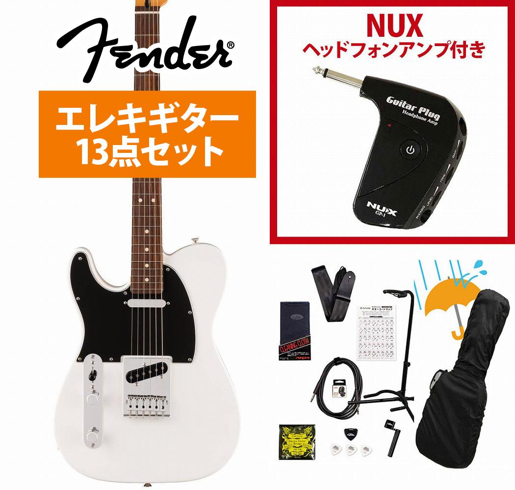 ギター本体にギターに直接プラグインできるアンプとアクセサリーパックが付属するギタービギナー向けセット、レインカバー付！ギター本体と付属のソフトケース、調整レンチの他、下記のアイテムが付属するギタービギナー向けセットです！届いたその日から演奏をスタートできるから安心！まずは付属のコード表やYouTube初心者向け動画見ながらはじめてみましょう！▼アクセサリーセット内容1.ポータブルヘッドフォンアンプ (NUX GP-1) 2.ギタースタンド3.シールドケーブル4.ピック5.ストリングワインダー6.ピックケース 7.交換弦1セット 8.ストラップ 9.クリップチューナー10.クリーニングクロス11.ギターコード表12.ギグバッグ用レインカバー 大人気『プレイヤーII』にレフティ・テレキャスター登場！ Player IIシリーズは、フェンダーの伝統と進化を兼ね備え、フェンダーのDNAを持つアイコニックなサウンドとスタイルを提供します。 現代のあらゆるプレイヤーのライブステージやスタジオワークに必要とされる汎用性の高い仕様を持ち、プレイヤーの演奏にインスピレーションを与える現代的なアップデートが施されています。 また、本シリーズは、音楽に本気で取り組むプレイヤーも満足する製品ラインナップを取り揃え、これらを手頃な価格で実現しています。 Player II Telecaster Left-Handedは、時代を超越したフェンダーの魅力を放ちながらも、その中身は現代プレイヤー向けにデザインされています。 Modern “C”シェイプのネックバックにはシルキーなサテンウレタンフィニッシュが施されており、丁寧にロールオフされた指板エッジと22本のミディアムジャンボフレットを採用した9.5インチラジアスのスラブローズウッドまたはメイプル指板が、ネック全長にわたり快適なプレイアビリティを提供します。 クラシックなトーンウッドであるアルダーボディを採用したPlayer II Telecaster Left-Handedは、伝統的なフェンダーフィニッシュ、またはフェンダーのカラーアーカイブから発掘され、本シリーズで初採用となる新フィニッシュなど、幅広いカラーの選択肢をご用意しています。 Player Series Alnico V Single-Coil Teleピックアップからはクリスタルのように澄み渡ったハイエンドとタイトなローエンドが得られます。 3ウェイブレードスイッチにより、多彩なサウンド設計が可能です。 6ブロックスチールサドル式ブリッジと、ClassicGearチューニングマシンによりチューニングの安定性が確保され、無限のサウンドの可能性を追求できる柔軟性を備えています。 Player IIシリーズ製品は、フェンダーならではのルックス、トーン、フィーリングを備え、自分だけの個性的なサウンドを作り上げるのに最適な仕様でまとめ上げられています。 付属品：ソフトケース、調整用レンチ、メーカー保証書 ※画像はサンプルです。 製品仕様Body Material AlderBody Finish Gloss PolyesterNeck Maple, Modern “C”Neck Finish Satin Urethane Finish on Back of Neck with Gloss Urethane Headstock FaceFingerboard Slab Rosewood, 9.5” (241 mm)Frets 22, Medium JumboPosition Inlays White DotNut (Material/Width) Synthetic Bone, 1.650” (42 mm)Tuning Machines Fender ClassicGearScale Length 25.5” (64.77 cm)Bridge 6-Saddle String-Through-Body Tele with Block Steel SaddlesPickguard 3-Ply Black/White/BlackPickups Player Series Alnico 5 Tele Single-Coil (Bridge), (Middle), Player Series Alnico 5 Tele　Single-Coil (Neck)Pickup Switching 3-Position Blade | Position 1. Bridge Pickup, Position 2. Bridge and Neck Pickups, Position 3. Neck PickupControls Master Volume, Master ToneControl Knobs Knurled Flat-TopHardware Finish Nickel/ChromeStrings Fender USA 250L Nickel Plated Steel (.009-.042 Gauges), PN 0730250403Case/Gig Bag Softcase