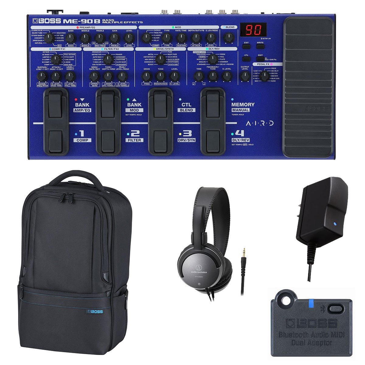 ■汎用のキャリングバッグで持ち運びも快適！ ◯BT-DUAL：Bluetooth Audio MIDI Dual Adaptor （BT-DUAL） を装着することで、 モバイル端末とワイヤレス接続し、専用アプリ BTS for ME-90/ME-90B（iOS/Android）の使用や、オーディオの再生が可能になります。 〇audio-technica ATH-250AV ヘッドフォン：クリアなサウンドが楽しめるφ40mmドライバーを搭載。音漏れしにくい密閉タイプ。 長時間リスニングでも疲れにくい軽量ボディ。ホームユースに最適な3.5mコード。 〇BOSS CB-BU10 ユーティリティギグバッグ：楽器や関連アクセサリーの持ち運びに特化した背負いタイプのギグ・バッグです。BOSSマルチエフェクターGT-1000、GX-100やルーパーRC-505MkIIだけでなく、ケーブル、フットスイッチ、アダプターなど関連する機材全てをひとつにまとめて持ち運ぶことができます。さらに、ノートパソコンやタブレット等の収納に便利なフロントポケットなど大小10以上の収納スペースを搭載、軽量さと耐久性を兼ね備えたCB-BU10はミュージシャンの活動の幅を広げるユーティリティ・ギグ・バッグです。333（幅） x 234（奥行き） x 538（高さ） mm。1.6kg。 〇BOSS アダプター PSA-100S2：BOSSコンパクト・シリーズ、マルチ・エフェクツMEシリーズなどに電源を供給するACアダプター。入力電圧：AC100-240V（50-60Hz）、出力電圧：DC9V/ 最大出力電流：500mA、ケーブル長：2m。 意のままにベース・サウンドをあやつる ME-90Bは、BOSS MEシリーズ伝統の直感的な操作性と音作りを実現するベース用マルチ・エフェクターです。コンパクト・エフェクターのようにノブ操作だけで簡単に音作りが可能。フットスイッチによる音色の切り替え方法も、好みに合わせて変更できます。内蔵エフェクトは、最高峰のアルゴリズムで設計されたタイプを多数搭載。ベース専用にチューニングされた高品位なBOSSエフェクトが幅広く網羅され、多彩な音作りが行えます。また、BOSS独自のテクノロジーAIRDを駆使した10種類のプリアンプと豊富なアウトプット端子も備えているため、ステージでの演奏はもちろん、自宅での練習や録音など、さまざまなシーンで活躍します。ME-90Bには、ベーシストが求めるすべてが凝縮されています。 ■Standard Features ◯エフェクト毎に独立したパラメーター・ノブと8つのフットスイッチを搭載し、直感的な操作を実現するベース用マルチ・エフェクター ◯サンプリング・レート48kHz、AD変換24bit、DA変換32bit、内部演算32bit float（浮動小数点）処理による高品位なサウンド ◯新開発のタイプを含む10種類のAIRDプリアンプ、61種類のエフェクトを組み合わせた幅広いサウンドメイクが可能 ◯専用アプリを使用することで、さらに多くのプリアンプ／エフェクト・タイプが選択可能 ◯即戦力となる36個のプリセット・メモリーと、音色を自由に作成／保存可能な36個のユーザー・メモリー ◯作成した音色を1回の操作で切り替えるMEMORYモードと、コンパクト・ペダルのようにエフェクトを個別にON/OFFできるMANUALモード ◯ダイレクト音をミックスすることで芯のある音作りを可能にするBLENDノブ ◯ステレオ出力に対応した標準タイプ、GND/LIFTスイッチを備えたXLRタイプのアウトプット端子を搭載 ◯標準タイプのアウトプット端子から出力される信号を、接続機器に応じて最適化するAMP/LINEスイッチ ◯外部エフェクトを接続可能なSEND/RETURN端子 ◯エフェクト・ブロックのステータスが一目でわかるカラフルなLED ◯本体に3つまでの外部IRデータを取り込み可能 ◯単3乾電池×4本またはACアダプター（別売り）の2電源方式を採用 ◯PC上のDAWに直接レコーディングが可能なUSB Type-C端子 ◯専用アプリBOSS TONE STUDIO for ME-90B（Windows/macOS）で音色の編集やIRデータの取り込みが可能 ◯オンライン・プラットホームのBOSS TONE EXCHANGEでユーザー同士が自由にライブセットを共有可能 ◯別売りのBluetooth Audio MIDI Dual Adaptor（BT-DUAL）を接続することで、ワイヤレスでのオーディオ再生やiOS/Android専用アプリによる音色の編集／保存が可能 ■圧倒的な操作性 ME-90Bは、MEシリーズの優れた操作性を継承し、各エフェクト・ブロックに独立したパラメーター・ノブを搭載しています。ノブに手を伸ばせば即座に音色を調節できるため、サウンドメイクが極めて直感的です。作成したサウンドは本体に36個まで保存することができます。また、フットスイッチによるコントロールは、2種類のモードから選択可能。作成した音色を切り替えるMEMORY、ペダルボードの感覚で個別にエフェクトをON/OFFするMANUALから自身に合ったモードを選択できます。各エフェクトのLEDは、音色のイメージにあったカラーで表示されるため、ステータスの把握も容易です。また、LEDのカラーは白の単色表示を中心とした点灯タイプも用意されているので、ステージ上の状況や好みに応じて最適な表示方法へ変更できます。 ■妥協のないアンプ・サウンド ME-90Bは、BOSSの最新のアルゴリズムを駆使して設計された高度なプリアンプ・タイプを多数搭載。耳馴染みのある豊かなサウンドが特徴のクラシックなタイプから、ラウドで抜けの良いモダンなタイプまで、あらゆる音楽スタイルに対応できます。また、BOSSの先進的なテクノロジーによりデザインされたオリジナルのタイプも搭載。指先のニュアンスを余すところなく表現するNATURALや分離感があり心地よい歪みが得られるDRIVE BASSなど、合計10種類から好みのタイプを選択できます。 ■ライブやレコーディング、練習も ME-90Bはライブや日々の練習、レコーディングまで幅広いシーンで活躍します。主にアンプへの出力に使用する標準タイプのOUTPUT端子に加え、同時にPAへ出力することも可能なXLRタイプのBALANCED OUTPUT端子を装備。標準タイプのOUTPUTは、AMP/LINEスイッチによりミキサーへの接続にも最適なサウンドで出力することができます。内蔵の高品位なプリアンプを用いてパソコンへUSB接続すればレコーディングで、PHONES端子にヘッドホンを接続すれば練習でも活躍します。また、USBを経由してPC側で再生したオーディオもヘッドホンから聴くことができるため、バッキング・トラックに合わせた演奏も行えます。 ■専用アプリによるさらなる可能性 専用アプリBOSS TONE STUDIO for ME-90B（Windows/macOS）を用いれば、PCでの音作りやメモリーの管理が可能です。さらに、本体だけではアクセスできないプリアンプ／エフェクトの選択やIRデータの取り込みも行えるため、サウンドメイクの幅が大きく広がります。また、別売りのBluetooth Audio MIDI Dual Adaptor（BT-DUAL）を装着すれば、モバイル端末とワイヤレス接続し、専用アプリBTS for ME-90B（iOS/Android）の使用や、オーディオの再生が可能になります。 ■主な仕様 サンプリング周波数：48kHz AD変換：24ビット+AF方式 ※AF方式（Adaptive Focus method）はADコンバーターのSN比を飛躍的に向上させるローランド／ボス独自の方式です。 DA変換：32ビット 内部演算：32ビット浮動小数点 エフェクト・タイプ：93種類 メモリー：36（ユーザー）＋36（プリセット） フレーズ・ループ：38秒（モノ） 電源：アルカリ電池（単3形）×4またはACアダプター 消費電流：195mA 連続使用時の電池の寿命： アルカリ電池：約6時間 ※電池の仕様、容量、使用状態によって異なります。 付属品： スタートアップ・ガイド アルカリ電池（単3形）×4 「安全上のご注意」チラシ 保証書 別売品： ACアダプター：PSA-100S Bluetooth Audio MIDI Dual Adaptor: BT-DUAL キャリング・バッグ：CB-ME80、CB-BU10 ■外形寸法 / 質量 幅 (W)：443 mm 奥行き (D)：220 mm 高さ (H)：67 mm 質量：2.9 kg ※画像はサンプルです。