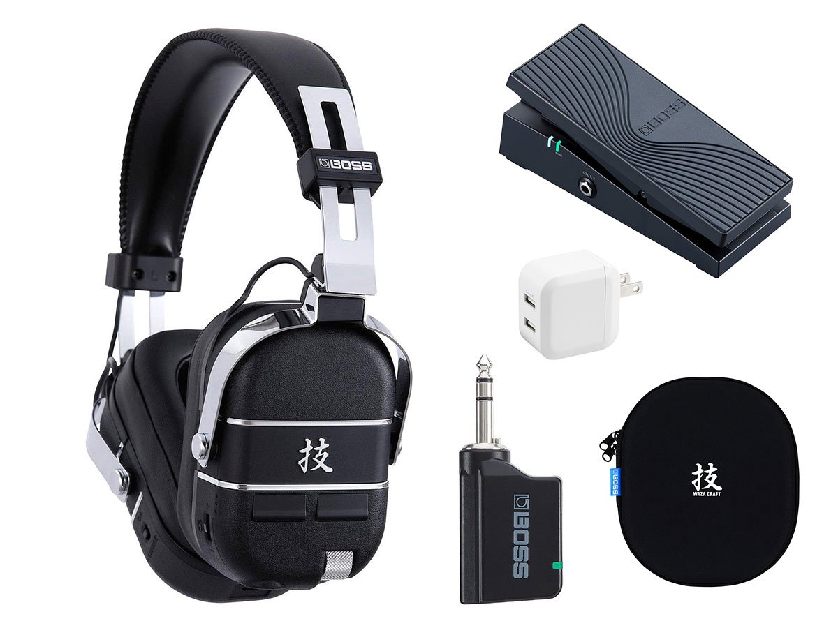 ■別売りのBOSS純正フットスイッチ/エクスプレッション・ペダルを駆使して、内蔵エフェクト等をコントロール可能！2ポートAC充電器も付いてくる！ ◯CB-WZ-AIR ：WAZA-AIRおよびWAZA-AIR BASS専用に設計されたキャリング・ケース！WAZA-AIRに付属するトランスミッターWL-TとUSBケーブルもまとめて収納可能です。 ◯EV-1-WL ：ワイヤレスのエクスプレッションペダル。Bluetooth MIDIでCC(コントロール・チェンジ)を受信できる楽器をワイヤレス・コントロールできます。 ギタリストにかつてない演奏体験を WAZA-AIRは高品位なギター・アンプとエフェクト、革新的なBOSSの立体音響テクノロジーを融合することにより、かつてない演奏体験を提供します。このパーソナル・アンプ・システムは、ヘッドホン・ギター・アンプでありながら、アンプ・キャビネットを鳴らしている音場を、驚くほどリアルに再現します。また、ケーブルを一切使用しない完全ワイヤレス・システムのため、ケーブルがプレイヤーの演奏を妨げることはありません。スマートフォンをBluetooth接続して憧れのバンドの楽曲を再生すれば、まるでメンバーの一員として、ステージに立っているかのような臨場感あふれるセッションが楽しめます。また、専用アプリのBOSS TONE STUDIOから、5種類のアンプと50種類以上のエフェクトを組み合わせて、こだわりのカスタム・サウンドをセットアップできます。 ■Standard Features ◯高品位なアンプとエフェクト、Bluetooth接続によるオーディオ・ストリーミング、スマートフォンによるエディットを実現した革新的な完全ワイヤレス・ギター・ヘッドホン・システム ◯立体音響テクノロジーとジャイロ・センサーにより、ヘッドホン型のギター・アンプでありながら実際にアンプ・キャビネットを鳴らしている様な自然な音場を再現 ◯ステージ・アンプ、KATANA シリーズ譲りの極上のアンプ・タイプを搭載。エレクトリック・アコースティック・ギターやベースにも使用できるフルレンジ・アンプを含む5つの個性的なアンプ・タイプと、50種類を超えるエフェクト群 ◯超低レイテンシーで自然な弾き心地と高音質なギター・サウンド ◯本体からギターやBluetoothオーディオのボリューム調節、保存された6つのTONE SETTINGの切替えが可能 ◯カスタム設計の50 mm大型ドライバーにより、高品位なサウンドを実現 ◯フィット感に優れた形状のイヤー・パッドを採用し、カスタム・ドライバーによる妥協のないサウンドを余すところなく再生 ◯幅広のヘッド・バンドにより、長時間のセッションも快適に装着可能 ◯深みのあるクローム・メッキ仕上げの堅牢なハードウェア ◯コンパクトに折りたたむことができ、ギグ・バッグのサイド・ポケットに入れて持ち運びも可能 ◯リチャージャブル・バッテリーを搭載。オート・オン／スタンバイ機能によりバッテリーの消耗を抑える省電力設計 ◯本体は最大5時間、付属のWL-Tトランスミッターは最大12時間の連続使用が可能 ◯専用アプリBOSS TONE STUDIO(iOS/Android対応)を使用して、ワイヤレスでギター・サウンドの編集、保存、およびダウンロード可能 ◯ヘッドホン本体にガイド音による簡易チューナーを搭載。専用アプリBOSS TONE STUDIOではクロマチック・チューナーが使用可能 ◯オンライン・プラットホームのBOSS TONE EXCHANGEでユーザー同士が自由にライブセットを共有可能 ◯オプションのEV-1-WL Wireless MIDI Expression Pedal/FS-1-WL Wireless Footswitchと接続可能 ■EV-1-WL／FS-1-WLによるワイヤレス・コントロール オプションのEV-1-WL MIDI Expression PedalまたはFS-1-WL Wireless FootswitchをBluetooth接続すれば、WAZA-AIRのBOSS TONE STUDIOアプリで設定した機能をワイヤレスでコントロール可能。ボリューム／ワウ・ペダルを使用したり、パッチのアップ／ダウン、エフェクトのON／OFF、WAZA-AIRに搭載されたジャイロ・センサーのリセットが足元の操作で行えます。また、それぞれ外部フットスイッチやエクスプレッションペダル用の端子を備えており、コントローラーをさらに増やすことが可能です。 EV-1-WL、FS-1-WLはWAZA-AIRに限らず、PCのソフトウェアやMIDI入力を備えた機材など、幅広いツールをコントロールできます。 ■主な仕様 （WAZA-AIR） 型式：BOSS独自方式によるデジタル・ワイヤレス（2.4GHz）、Bluetooth一体型ヘッドホン（オーバーイヤー） ドライバー：φ50mmドライバー 充電時間：約3時間 連続動作時間：約5時間 コントロール： POWERスイッチ VOLUMEつまみ CH UPボタン CH DOWNボタン Bluetoothマルチ・ファンクション・ボタン インジケーター： CHARGE POWER/BATTERY Bluetooth Guitar Wireless 接続端子： トランスミッター・イン端子：TRS標準タイプ CHARGE (DC IN 5V)端子：USB Type-C※ ※生産時期によりUSBマイクロBタイプの場合があります。 電源： 充電式リチウム・イオン電池 CHARGE（DC IN 5V）端子より取得 消費電流（充電時）：470mA 付属品： 取扱説明書 安全上のご注意チラシ トランスミッター（WL-T） 充電用USB Type-B Microケーブル 充電用USB Type-Cケーブル　※本体端子がUSBマイクロBタイプには付属なし 保証書 ローランド ユーザー登録カード ※充電には、市販のUSB ACアダプター（5V、0.5A以上）が必要です。 ■質量（WAZA-AIR） 質量：320g ■主な仕様 (トランスミッター（WL-T）） 充電時間：約3時間 連続使用時間： 約12時間 規定入力レベル：INPUT：-10dBu（1MΩ） コントロール：POWERボタン インジケーター：BATTERY 接続端子： 入力端子：ステレオ標準タイプ CHARGE（DC IN 5V）端子：USBマイクロBタイプ 電源： 充電式リチウム・イオン電池 CHARGE（DC IN 5V）端子より取得 消費電流（充電時）：350mA ■外形寸法 / 質量 (トランスミッター（WL-T）） 幅 (W)：87mm 奥行き (D)：22mm 高さ (H)：36 mm 質量：43g ※画像はサンプルです。