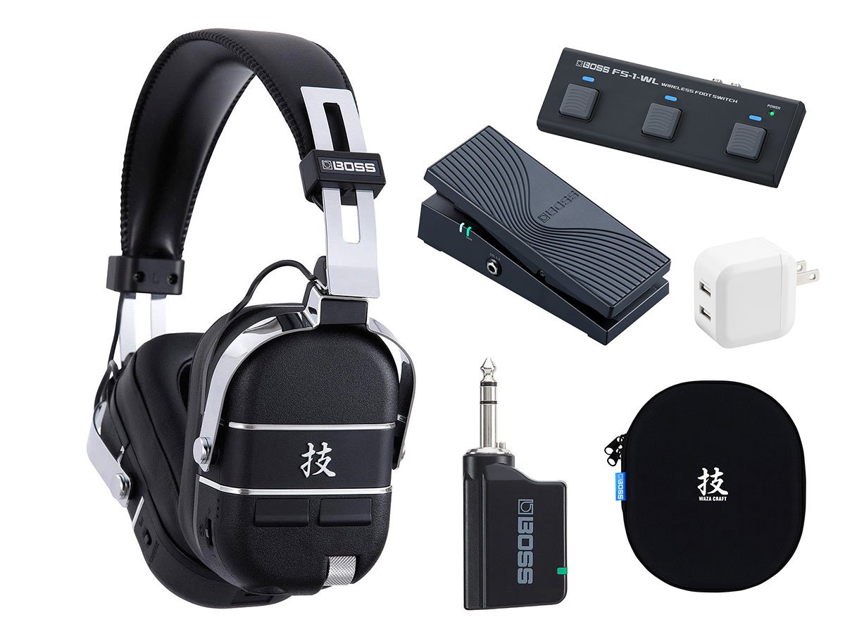■別売りのBOSS純正フットスイッチ/エクスプレッション・ペダルを駆使して、内蔵エフェクト等をコントロール可能！2ポートAC充電器も付いてくる！ ◯CB-WZ-AIR ：WAZA-AIRおよびWAZA-AIR BASS専用に設計されたキャリング・ケース！WAZA-AIRに付属するトランスミッターWL-TとUSBケーブルもまとめて収納可能です。 ◯EV-1-WL ：ワイヤレスのエクスプレッションペダル。Bluetooth MIDIでCC(コントロール・チェンジ)を受信できる楽器をワイヤレス・コントロールできます。 ◯FS-1-WL ：Bluetooth接続によりBOSS/Roland製品や、PC／タブレット上の電子スコア、YouTube、DAWソフトをコントロール可能。専用エディター（iOS/Android/Win/Mac）によるカスタマイズを行えば、さらに多彩なアプリケーションのコントロールを実現します。 ギタリストにかつてない演奏体験を WAZA-AIRは高品位なギター・アンプとエフェクト、革新的なBOSSの立体音響テクノロジーを融合することにより、かつてない演奏体験を提供します。このパーソナル・アンプ・システムは、ヘッドホン・ギター・アンプでありながら、アンプ・キャビネットを鳴らしている音場を、驚くほどリアルに再現します。また、ケーブルを一切使用しない完全ワイヤレス・システムのため、ケーブルがプレイヤーの演奏を妨げることはありません。スマートフォンをBluetooth接続して憧れのバンドの楽曲を再生すれば、まるでメンバーの一員として、ステージに立っているかのような臨場感あふれるセッションが楽しめます。また、専用アプリのBOSS TONE STUDIOから、5種類のアンプと50種類以上のエフェクトを組み合わせて、こだわりのカスタム・サウンドをセットアップできます。 ■Standard Features ◯高品位なアンプとエフェクト、Bluetooth接続によるオーディオ・ストリーミング、スマートフォンによるエディットを実現した革新的な完全ワイヤレス・ギター・ヘッドホン・システム ◯立体音響テクノロジーとジャイロ・センサーにより、ヘッドホン型のギター・アンプでありながら実際にアンプ・キャビネットを鳴らしている様な自然な音場を再現 ◯ステージ・アンプ、KATANA シリーズ譲りの極上のアンプ・タイプを搭載。エレクトリック・アコースティック・ギターやベースにも使用できるフルレンジ・アンプを含む5つの個性的なアンプ・タイプと、50種類を超えるエフェクト群 ◯超低レイテンシーで自然な弾き心地と高音質なギター・サウンド ◯本体からギターやBluetoothオーディオのボリューム調節、保存された6つのTONE SETTINGの切替えが可能 ◯カスタム設計の50 mm大型ドライバーにより、高品位なサウンドを実現 ◯フィット感に優れた形状のイヤー・パッドを採用し、カスタム・ドライバーによる妥協のないサウンドを余すところなく再生 ◯幅広のヘッド・バンドにより、長時間のセッションも快適に装着可能 ◯深みのあるクローム・メッキ仕上げの堅牢なハードウェア ◯コンパクトに折りたたむことができ、ギグ・バッグのサイド・ポケットに入れて持ち運びも可能 ◯リチャージャブル・バッテリーを搭載。オート・オン／スタンバイ機能によりバッテリーの消耗を抑える省電力設計 ◯本体は最大5時間、付属のWL-Tトランスミッターは最大12時間の連続使用が可能 ◯専用アプリBOSS TONE STUDIO(iOS/Android対応)を使用して、ワイヤレスでギター・サウンドの編集、保存、およびダウンロード可能 ◯ヘッドホン本体にガイド音による簡易チューナーを搭載。専用アプリBOSS TONE STUDIOではクロマチック・チューナーが使用可能 ◯オンライン・プラットホームのBOSS TONE EXCHANGEでユーザー同士が自由にライブセットを共有可能 ◯オプションのEV-1-WL Wireless MIDI Expression Pedal/FS-1-WL Wireless Footswitchと接続可能 ■EV-1-WL／FS-1-WLによるワイヤレス・コントロール オプションのEV-1-WL MIDI Expression PedalまたはFS-1-WL Wireless FootswitchをBluetooth接続すれば、WAZA-AIRのBOSS TONE STUDIOアプリで設定した機能をワイヤレスでコントロール可能。ボリューム／ワウ・ペダルを使用したり、パッチのアップ／ダウン、エフェクトのON／OFF、WAZA-AIRに搭載されたジャイロ・センサーのリセットが足元の操作で行えます。また、それぞれ外部フットスイッチやエクスプレッションペダル用の端子を備えており、コントローラーをさらに増やすことが可能です。 EV-1-WL、FS-1-WLはWAZA-AIRに限らず、PCのソフトウェアやMIDI入力を備えた機材など、幅広いツールをコントロールできます。 ■主な仕様 （WAZA-AIR） 型式：BOSS独自方式によるデジタル・ワイヤレス（2.4GHz）、Bluetooth一体型ヘッドホン（オーバーイヤー） ドライバー：φ50mmドライバー 充電時間：約3時間 連続動作時間：約5時間 コントロール： POWERスイッチ VOLUMEつまみ CH UPボタン CH DOWNボタン Bluetoothマルチ・ファンクション・ボタン インジケーター： CHARGE POWER/BATTERY Bluetooth Guitar Wireless 接続端子： トランスミッター・イン端子：TRS標準タイプ CHARGE (DC IN 5V)端子：USB Type-C※ ※生産時期によりUSBマイクロBタイプの場合があります。 電源： 充電式リチウム・イオン電池 CHARGE（DC IN 5V）端子より取得 消費電流（充電時）：470mA 付属品： 取扱説明書 安全上のご注意チラシ トランスミッター（WL-T） 充電用USB Type-B Microケーブル 充電用USB Type-Cケーブル　※本体端子がUSBマイクロBタイプには付属なし 保証書 ローランド ユーザー登録カード ※充電には、市販のUSB ACアダプター（5V、0.5A以上）が必要です。 ■質量（WAZA-AIR） 質量：320g ■主な仕様 (トランスミッター（WL-T）） 充電時間：約3時間 連続使用時間： 約12時間 規定入力レベル：INPUT：-10dBu（1MΩ） コントロール：POWERボタン インジケーター：BATTERY 接続端子： 入力端子：ステレオ標準タイプ CHARGE（DC IN 5V）端子：USBマイクロBタイプ 電源： 充電式リチウム・イオン電池 CHARGE（DC IN 5V）端子より取得 消費電流（充電時）：350mA ■外形寸法 / 質量 (トランスミッター（WL-T）） 幅 (W)：87mm 奥行き (D)：22mm 高さ (H)：36 mm 質量：43g ※画像はサンプルです。