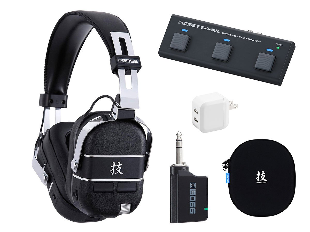 ■別売りのBOSS純正フットスイッチ/エクスプレッション・ペダルを駆使して、内蔵エフェクト等をコントロール可能！2ポートAC充電器も付いてくる！ ◯CB-WZ-AIR ：WAZA-AIRおよびWAZA-AIR BASS専用に設計されたキャリング・ケース！WAZA-AIRに付属するトランスミッターWL-TとUSBケーブルもまとめて収納可能です。 ◯FS-1-WL ：Bluetooth接続によりBOSS/Roland製品や、PC／タブレット上の電子スコア、YouTube、DAWソフトをコントロール可能。専用エディター（iOS/Android/Win/Mac）によるカスタマイズを行えば、さらに多彩なアプリケーションのコントロールを実現します。 ギタリストにかつてない演奏体験を WAZA-AIRは高品位なギター・アンプとエフェクト、革新的なBOSSの立体音響テクノロジーを融合することにより、かつてない演奏体験を提供します。このパーソナル・アンプ・システムは、ヘッドホン・ギター・アンプでありながら、アンプ・キャビネットを鳴らしている音場を、驚くほどリアルに再現します。また、ケーブルを一切使用しない完全ワイヤレス・システムのため、ケーブルがプレイヤーの演奏を妨げることはありません。スマートフォンをBluetooth接続して憧れのバンドの楽曲を再生すれば、まるでメンバーの一員として、ステージに立っているかのような臨場感あふれるセッションが楽しめます。また、専用アプリのBOSS TONE STUDIOから、5種類のアンプと50種類以上のエフェクトを組み合わせて、こだわりのカスタム・サウンドをセットアップできます。 ■Standard Features ◯高品位なアンプとエフェクト、Bluetooth接続によるオーディオ・ストリーミング、スマートフォンによるエディットを実現した革新的な完全ワイヤレス・ギター・ヘッドホン・システム ◯立体音響テクノロジーとジャイロ・センサーにより、ヘッドホン型のギター・アンプでありながら実際にアンプ・キャビネットを鳴らしている様な自然な音場を再現 ◯ステージ・アンプ、KATANA シリーズ譲りの極上のアンプ・タイプを搭載。エレクトリック・アコースティック・ギターやベースにも使用できるフルレンジ・アンプを含む5つの個性的なアンプ・タイプと、50種類を超えるエフェクト群 ◯超低レイテンシーで自然な弾き心地と高音質なギター・サウンド ◯本体からギターやBluetoothオーディオのボリューム調節、保存された6つのTONE SETTINGの切替えが可能 ◯カスタム設計の50 mm大型ドライバーにより、高品位なサウンドを実現 ◯フィット感に優れた形状のイヤー・パッドを採用し、カスタム・ドライバーによる妥協のないサウンドを余すところなく再生 ◯幅広のヘッド・バンドにより、長時間のセッションも快適に装着可能 ◯深みのあるクローム・メッキ仕上げの堅牢なハードウェア ◯コンパクトに折りたたむことができ、ギグ・バッグのサイド・ポケットに入れて持ち運びも可能 ◯リチャージャブル・バッテリーを搭載。オート・オン／スタンバイ機能によりバッテリーの消耗を抑える省電力設計 ◯本体は最大5時間、付属のWL-Tトランスミッターは最大12時間の連続使用が可能 ◯専用アプリBOSS TONE STUDIO(iOS/Android対応)を使用して、ワイヤレスでギター・サウンドの編集、保存、およびダウンロード可能 ◯ヘッドホン本体にガイド音による簡易チューナーを搭載。専用アプリBOSS TONE STUDIOではクロマチック・チューナーが使用可能 ◯オンライン・プラットホームのBOSS TONE EXCHANGEでユーザー同士が自由にライブセットを共有可能 ◯オプションのEV-1-WL Wireless MIDI Expression Pedal/FS-1-WL Wireless Footswitchと接続可能 ■EV-1-WL／FS-1-WLによるワイヤレス・コントロール オプションのEV-1-WL MIDI Expression PedalまたはFS-1-WL Wireless FootswitchをBluetooth接続すれば、WAZA-AIRのBOSS TONE STUDIOアプリで設定した機能をワイヤレスでコントロール可能。ボリューム／ワウ・ペダルを使用したり、パッチのアップ／ダウン、エフェクトのON／OFF、WAZA-AIRに搭載されたジャイロ・センサーのリセットが足元の操作で行えます。また、それぞれ外部フットスイッチやエクスプレッションペダル用の端子を備えており、コントローラーをさらに増やすことが可能です。 EV-1-WL、FS-1-WLはWAZA-AIRに限らず、PCのソフトウェアやMIDI入力を備えた機材など、幅広いツールをコントロールできます。 ■主な仕様 （WAZA-AIR） 型式：BOSS独自方式によるデジタル・ワイヤレス（2.4GHz）、Bluetooth一体型ヘッドホン（オーバーイヤー） ドライバー：φ50mmドライバー 充電時間：約3時間 連続動作時間：約5時間 コントロール： POWERスイッチ VOLUMEつまみ CH UPボタン CH DOWNボタン Bluetoothマルチ・ファンクション・ボタン インジケーター： CHARGE POWER/BATTERY Bluetooth Guitar Wireless 接続端子： トランスミッター・イン端子：TRS標準タイプ CHARGE (DC IN 5V)端子：USB Type-C※ ※生産時期によりUSBマイクロBタイプの場合があります。 電源： 充電式リチウム・イオン電池 CHARGE（DC IN 5V）端子より取得 消費電流（充電時）：470mA 付属品： 取扱説明書 安全上のご注意チラシ トランスミッター（WL-T） 充電用USB Type-B Microケーブル 充電用USB Type-Cケーブル　※本体端子がUSBマイクロBタイプには付属なし 保証書 ローランド ユーザー登録カード ※充電には、市販のUSB ACアダプター（5V、0.5A以上）が必要です。 ■質量（WAZA-AIR） 質量：320g ■主な仕様 (トランスミッター（WL-T）） 充電時間：約3時間 連続使用時間： 約12時間 規定入力レベル：INPUT：-10dBu（1MΩ） コントロール：POWERボタン インジケーター：BATTERY 接続端子： 入力端子：ステレオ標準タイプ CHARGE（DC IN 5V）端子：USBマイクロBタイプ 電源： 充電式リチウム・イオン電池 CHARGE（DC IN 5V）端子より取得 消費電流（充電時）：350mA ■外形寸法 / 質量 (トランスミッター（WL-T）） 幅 (W)：87mm 奥行き (D)：22mm 高さ (H)：36 mm 質量：43g ※画像はサンプルです。