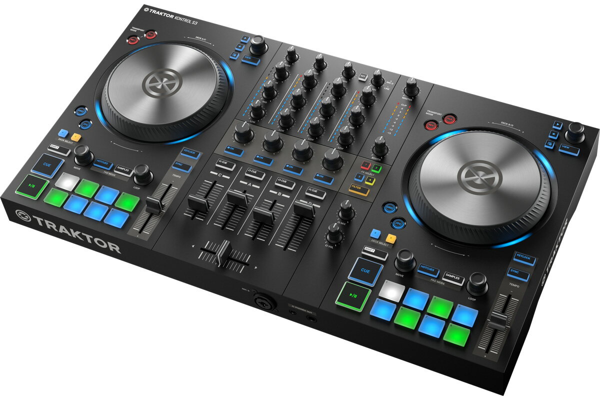 ESSENTIAL 4-CHANNEL DJ CONTROLLER ・4デッキDJプレイのミックスを完全にコントロール ・高いダイナミックレンジを誇る、透明感と迫力を兼ね備えたサウンド ・付属のDJソフトウェアTRAKTOR PRO 3ですぐにプレイ ・iPad版&デスクトップ版アプリTRAKTOR DJ 2で2デッキDJプレイが可能 DO MORE WITH FOUR トラックを重ねたり、バックトゥーバックやマイクを接続してMCとプレイ。 とっておきのトラックをフロアーが盛り上がった瞬間にドロップ。 TRAKTOR KONTROL S3 には4デッキのDJプレイに必要なものがすべて揃っています。 DJセットをさらに強化して、思うがままににプレイしましょう。 FOUR DECK DJING 2チャンネルでのDJと比べてデッキ数が2倍になることで、ビートのレイヤリング、サンプルのトリガー、とっておきのトラックを常にデッキCに置いておけるなど、ミックスの自由度がより広がります。 アカペラをミックスしたり、ダブルドロップも、4デッキであれば可能になります。 FOUR DECKS, AT YOUR FINGERTIPS TRAKTOR KONTROL S3の中心部には4チャンネルのミキサーがあり、各デッキにフルサイズのフェーダー、EQ、キュー、Mixer FXのコントロールを装備しています。 各デッキにある8つのRGBパッドを使い、Hotcue、サンプル、ループをすばやく操作することができます。 応用的なプレイをする時は、デッキを切り替えて、ジョグホイールのライトリングから切り替えたデッキのトラックの状況を即座に知ることができます。 FROM SCRATCHES TO SPINBACKS ミックスを始めるとジョグホイールをたくさん操作することになります。ジョグホイールはタッチセンサーを搭載し、スムーズな操作性を実現。ナッジやストールだけでなく、スクラッチのトレーニングにも最適です。 RGBライトリングで再生しているデッキの状況を一目で把握でき、トラックが終盤に差し掛かると警告が表示されます。 RE-EDIT, REWORK, REINVENT サンプルのトリガー、ドラムパターンのループ、ボーカルのカット、自分の作品をミックスに取り入れることも可能です。 トラックの一部をループしてパッドにアサインしたり、Hotcueを使えばトラックのあらゆる箇所に飛ばすことができます。 TRAKTOR PROのビートシンクならグルーヴを失うことはありません。 MIXER FX ONE-TOUCH DANCEFLOOR TRIPS バスドラムをカットしてリバーブを加えたり、ディレイで音を飛ばしたりします。Mixer FXは各チャンネルに搭載されているワンタッチ式のエフェクトで、盛り上げを作ったり、サウンドの加工や派手な効果を付けることに長けています。 8つのエフェクトと3つのフィルターから選択し、ミキサーの対応するスロットにアサインしておけば、すばやく操作することができます。 TRAKTOR PRO 3 TRAKTOR KONTROL S3にはTRAKTOR PRO 3のフルバージョンが付属。表現力豊かな機能とリエディットツールが満載で、個性的なミックスパフォーマンスを実現できます。 DJ EVERYWHERE WITH iOS ポータブルスピーカーを接続してiPadをつなげば、S3とTRAKTOR DJ 2を屋外でプレイできます。最新のインターフェイスで2チャンネルをミックスし、SoundCloud Go+(※)の膨大なレコードコレクションを利用できます。 HIGH-FIDELITY, BETTER CONNECTED 高いダイナミックレンジを誇るプログレードのXLRとRCAメイン出力、1/4" ブース出力、3.5 / 6.3 mmヘッドフォン出力を備えています。 ボーカルやMCをミックスするには本体正面にある専用のコンボジャック入力を使用、外部オーディオとミキシングをするにはRCA端子のAUX入力を使用します。 【仕様】 システム要件 ・macOS 10.12、10.13、10.14（最新アップデート）、Intel Core i5、4 GB RAM ・Windows 10 バージョン1803またはそれ以降（64 ビット）、Intel Core i5または同等のCPU、4 GB RAM 対応するオーディオフォーマット MP3, WAV, AIFF, Audio CD, FLAC, Ogg Vorbis, non-DRM AAC 一般情報 解像度1280 x 800以上のモニター、USB2.0、ディスク空き容量1GB。TRAKTORソフトウェアのダウンロードとアクティベートには、インターネット接続とOpenGL 2.1以降に対応するグラフィックカードが必要です。インストール及び製品アクティベーション完了後、全ての製品はオフラインで使用可能です。 対応するドライバー Core Audio、WASAPI、ASIO、DirectSound 【ハードウェア仕様】 AUDIO チャンネル：4 入力 / 2 出力 サンプルレート/ ビットレート：44/48kHz &ndash; 24bit メイン出力 (バランス - XLR) 信号レベル：18.7 dBu THD+N：0.001% 周波数特性：+/- 0.1 dB チャンネルセパレーション L/R：＜-107 クロストーク：-106 dB ダイナミックレンジ：111 dB ブース出力 (バランス - TRS) 信号レベル：18.7 dBu THD+N：0.009% 周波数特性：+/- 0.1 dB チャンネルセパレーション L/R：＜-107 クロストーク：-109 dB ダイナミックレンジ：111 dB メイン出力 (アンバランス - RCA) 信号レベル：18.7 dBu THD+N：0.0009% 周波数特性：+/- 0.1 dB チャンネルセパレーション L/R：＜-107 dB クロストーク：-109 dB ダイナミックレンジ：111 dB メイン出力 (アンバランス - RCA) 信号レベル：+12.8 dBu THD+N：0.0009% 周波数特性：+/- 0.1 dB チャンネルセパレーション L/R：＜-106 dB クロストーク：-105 dB ダイナミックレンジ：110 dB ヘッドフォン出力 @32 Ω (ステレオ・アンバランス - TRS) 12Vの電源ユニット 信号Level：7.7 dBu THD+N：0.015% 周波数特性：+/- 0.1 dB チャンネルセパレーションL/R：-65 dB クロストーク：＜-105 ダイナミックレンジ：109 dB ヘッドフォン出力 @32 Ω (ステレオ・アンバランス - TRS) USB 駆動 信号レベル：-16.5 dBu THD+N：0.001% 周波数特性：+/- 0.1 dB チャンネルセパレーション L/R：64 dB クロストーク：＜-81 dB ダイナミックレンジ：85 dB ライン入力(アンバランス - RCA) 信号レベル：+13 dBu THD+N：0.002% 周波数特性：+/- .1dB チャンネルセパレーション L/R：100 dB ダイナミックレンジ：105 dB マイク入力(バランス - XLR/TRS) 信号レベル：-10 dBu THD+N：0.002% 周波数特性：+/- 0.03 dB ダイナミックレンジ：97 dB UD20191018