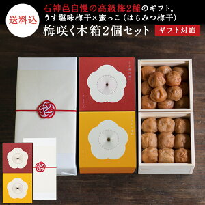 お歳暮、ギフトに。 【ギフトセット】梅咲く木箱2個セットうす塩味梅干×はちみつ梅干水引き「梅結び」ラッピング梅干し 梅干 漬物 石神邑 紀州 南高梅 お歳暮 ギフト プレゼント お取り寄せ 内祝 引出物 弔事 法要 香典返し お返し