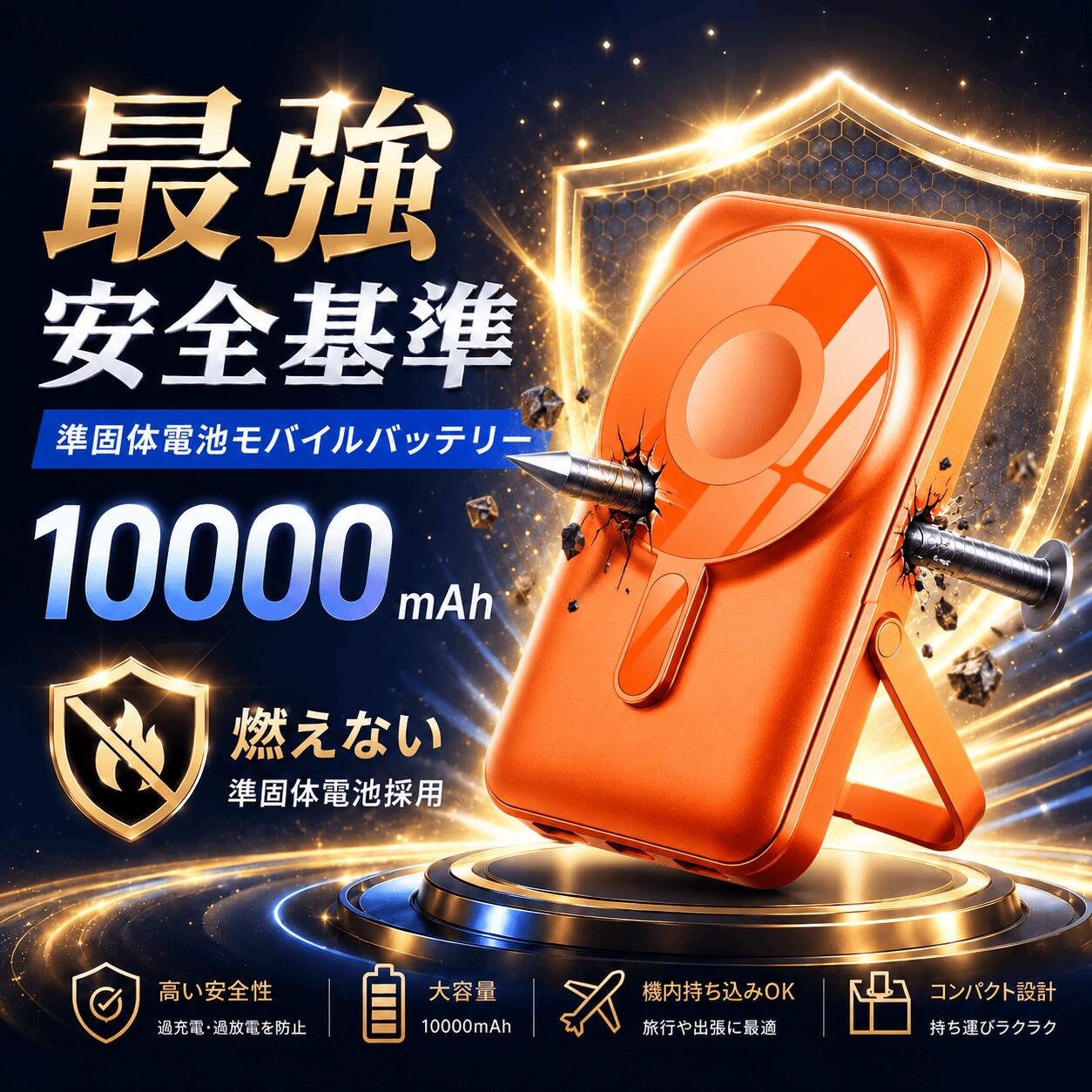 【★2倍ポイント＆クーポン⇒3,730円】半固体電池 モバイルバッテリー 燃えにくい 10000mAh マグネット式 PD22.5W magsafe対応 半固体バッテリー 3台同時充電 Type-C出入力 大容量 軽量 小型 コンパクト ワイヤレス充電 LCD残量表示 充電器 薄型 機内持ち込み可 全機種対応 ishiinoya-10000684 七海の屋 サンプル画像2
