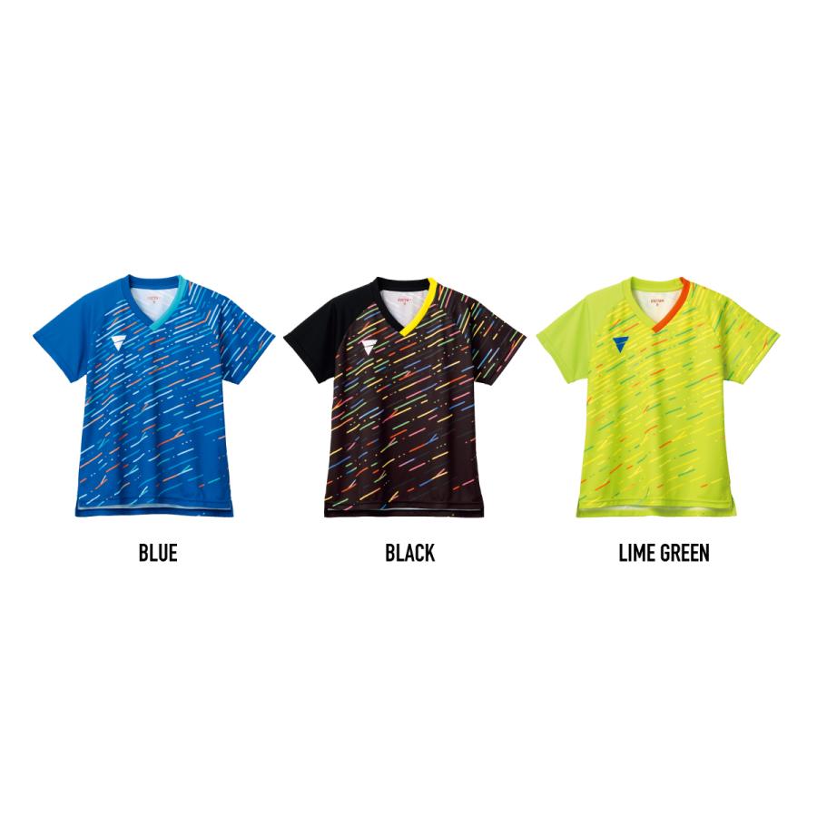 シャープに流れるグラフィック。華やかなカラーリングが特徴のレディスゲームシャツです。 製造国：中国 素材：ポリエステル100％(ミニワッフルネオ) 特長：JTTA公認, 吸汗速乾, 昇華プリント, レディス カラー：ブルー、ブラック、ライムグリーン
